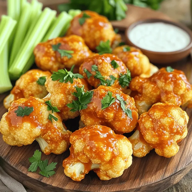 - 1 medium head of cauliflower, cut into bite-sized florets - 1 cup all-purpose flour (substitute with gluten-free flour if needed) - 1 cup milk (choose dairy or any plant-based alternative) - 1 cup breadcrumbs (use panko for an extra crunchy finish) - 1 teaspoon garlic powder - 1 teaspoon onion powder - 1 teaspoon smoked paprika - 1/2 teaspoon salt - 1/4 teaspoon black pepper - 1/2 cup buffalo sauce (or your preferred hot sauce) - 2 tablespoons olive oil - Fresh parsley, finely chopped (for garnish) To create crispy cauliflower wings, you need fresh cauliflower florets. I always recommend using a medium head of cauliflower. Make sure to cut it into bite-sized pieces. This helps them cook evenly. Next, prepare the wet mixture. Combine the flour and milk in a bowl. I like to add garlic powder, onion powder, smoked paprika, salt, and black pepper. This gives your wings a great flavor. Mix until smooth. For the crunch, use breadcrumbs. I suggest panko breadcrumbs for extra crispiness. These create a perfect outer layer. Don’t forget the buffalo sauce! It adds spice and tang. You can use your favorite brand or make your own. The olive oil helps the wings brown nicely. Finally, fresh parsley is a great garnish. It adds color and freshness to your dish. These ingredients come together for a flavorful delight that everyone will enjoy. Start by trimming the cauliflower. Cut it into bite-sized florets. This size helps them cook evenly and stay crispy. Once you cut the florets, place them in a large mixing bowl. This keeps your workspace tidy and organized. Next, make the batter. In a separate bowl, whisk together the flour and milk. You can use dairy or any plant-based milk you like. Then add garlic powder, onion powder, smoked paprika, salt, and black pepper. Mix until the batter is smooth. You want it to be slightly thick, so it clings well to the cauliflower. Now, it’s time to coat the cauliflower. Dip each floret into the batter. Make sure to cover every part so it gets a good flavor. Let any extra batter drip off. This step helps avoid sogginess. Then, take the breadcrumbs and place them in a shallow dish. Roll each battered floret in the breadcrumbs, ensuring they are fully covered. This gives a crunchy outer layer that makes each bite delicious. Before you cook, preheat your air fryer to 400°F (200°C). This takes about five minutes. It helps the wings get crispy. Lightly spray the air fryer basket with cooking spray to keep the wings from sticking. Arrange the coated cauliflower wings in a single layer. Avoid overcrowding, as this can lead to uneven cooking. If you have a lot, cook in batches. Lightly spray the tops of the florets with olive oil for extra crispness. Air fry the wings for about 12-15 minutes. Shake the basket halfway through cooking. This helps them brown evenly. You want them to turn golden and crispy. After air frying, it’s time for the sauce. In a large mixing bowl, add the air-fried cauliflower. Pour the buffalo sauce over them. Gently toss the wings until every piece is well-coated in sauce. For the final touch, return the coated wings to the air fryer. Cook them for an additional 2-3 minutes. This helps set the buffalo sauce and adds to the flavor. To make your cauliflower wings crispy, use panko breadcrumbs. They are coarser and give a great crunch. For the best texture, spray the florets with oil. This helps them crisp up nicely in the air fryer. Want more flavor? You can change the spices to suit your taste. Add more garlic powder for extra zing. You can also try different herbs. Fresh herbs like parsley or thyme boost flavor. If you love heat, mix in a bit of cayenne pepper or chili powder. You can even drizzle different sauces on top after cooking. Do not overcrowd the air fryer. If you stack the wings, they won’t cook evenly. It’s better to cook in small batches. This way, each floret gets enough hot air. Shake the basket halfway through cooking. This ensures they brown evenly on all sides. {{image_4}} You have many options for sauce. Buffalo sauce is a classic choice, but you can try other hot sauces too. Consider using a sweet chili sauce for a different kick. You can also swap it out for BBQ sauce. Teriyaki sauce adds a sweet and savory flavor. Mix things up to match your taste! If you need gluten-free wings, don’t worry! You can use gluten-free flour instead of all-purpose flour. Many brands make great gluten-free options. For the breadcrumbs, look for gluten-free panko. This will keep your wings crispy and delicious without any gluten. To make this recipe vegan, use plant-based milk. Almond milk or oat milk work great. You can also skip any animal products. Just make sure your breadcrumbs are vegan-friendly. This way, you can enjoy tasty wings that fit your diet! To keep your cauliflower wings fresh, store them in the fridge. Place them in a sealed container. Make sure it has an airtight seal. This helps prevent moisture. Enjoy the wings within three days for the best taste. If you want to store them longer, consider freezing. When reheating, use an air fryer. This keeps the wings crispy. Preheat your air fryer to 350°F (175°C). Heat the wings for about 5 to 7 minutes. Shake the basket halfway through. This ensures even heating. You can also use a microwave, but this may make them soft. If you use the microwave, heat in short bursts to avoid sogginess. You can freeze both cooked and uncooked wings. If freezing cooked wings, let them cool first. Place them in a freezer-safe bag. Remove as much air as possible. For uncooked wings, freeze them before frying. Lay them flat on a baking sheet until frozen. Then, transfer to a bag. To thaw, leave them in the fridge overnight. For quick thawing, use the microwave on low for a few minutes. To make your cauliflower wings extra crispy, focus on the batter and breadcrumb coating. - Use panko breadcrumbs for a crunchier texture. - Ensure the batter is thick enough to stick well. - Shake off excess batter before coating in breadcrumbs. - Lightly spray the air fryer basket with oil to prevent sticking. - Spray the tops of the wings with olive oil for golden color. These steps help achieve a delightful crunch that enhances the overall flavor. Yes, you can make these cauliflower wings ahead of time. - Prepare the cauliflower and coat it in batter and breadcrumbs. - Store the un-cooked wings in the fridge for up to 24 hours. - If you want longer storage, freeze the un-cooked wings for up to a month. - Just remember to thaw them in the fridge before cooking. This makes it easy to enjoy crispy wings any time! Several dipping sauces complement cauliflower wings nicely. - Classic ranch dressing adds a creamy touch. - Blue cheese dressing offers a tangy flavor. - Pair with a spicy buffalo or BBQ sauce for a bold kick. - Serve with celery sticks for crunch. These sauces enhance the experience and make each bite exciting! Cauliflower wings are a tasty and healthy snack. We discussed the key ingredients, like fresh cauliflower, flour, and buffalo sauce. I shared simple steps to prepare, coat, and air-fry for that crispy texture. You also have tips for flavor enhancements and variations for vegan or gluten-free diets. Lastly, I covered proper storage and reheating methods. Enjoy making your wings, and feel free to get creative with your flavors!