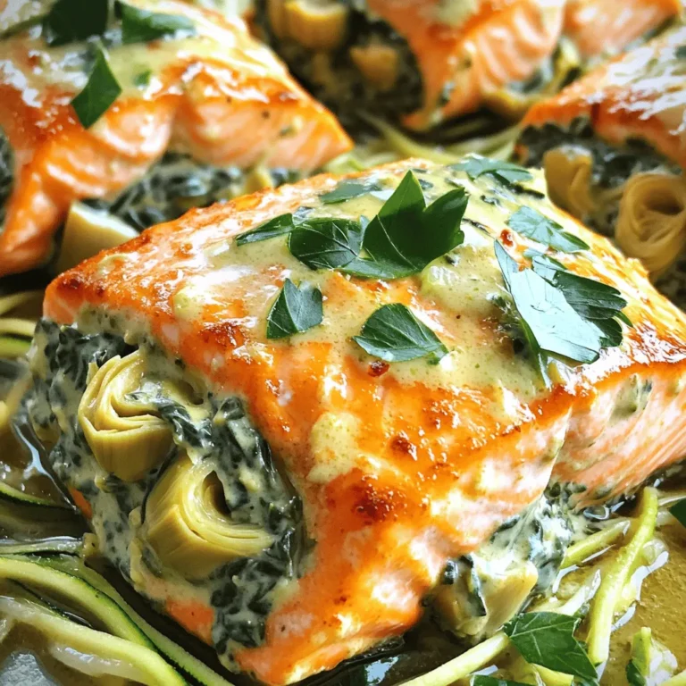 - 4 salmon fillets (about 6 oz each) - 1 cup fresh spinach, roughly chopped - 1 can (14 oz) artichoke hearts, well-drained and chopped - 1 cup cream cheese, softened to room temperature - 1/2 cup grated mozzarella cheese - 1/4 cup grated Parmesan cheese - 2 cloves garlic, finely minced - 1 teaspoon lemon zest - 1 tablespoon fresh lemon juice - Salt and freshly cracked black pepper, to taste - 2 tablespoons olive oil, divided - Fresh parsley, chopped, for garnish Gathering these ingredients is the first step to making this dish shine. Each item adds its own flavor and texture. The salmon fillets serve as a tasty canvas. The fresh spinach and artichokes give a nice pop of green. Cream cheese brings creaminess, while mozzarella and Parmesan add a cheesy kick. Garlic is a must. It adds depth and richness. The lemon zest and juice brighten the dish, giving it a fresh taste. Salt and pepper are key for seasoning. Using good quality ingredients makes a big difference. When you pick your salmon, look for bright color and fresh smell. Fresh spinach should be vibrant green. The artichokes should be tender and flavorful. Don’t skip the olive oil! It helps with cooking and adds richness. Finally, the fresh parsley on top adds color and a hint of freshness. Each ingredient works together to create a dish that is both creamy and delicious. Enjoy gathering your ingredients! 1. Preheat your oven to 375°F (190°C). This helps cook the salmon evenly. 2. In a medium skillet, heat 1 tablespoon of olive oil over medium heat. 3. Add 2 cloves of finely minced garlic. Sauté for about 30 seconds. It should smell fragrant. 4. Next, add 1 cup of roughly chopped spinach and 1 can of chopped artichoke hearts. Cook for 3-4 minutes. The spinach should wilt and become tender. 5. Remove the skillet from heat. Let the mixture cool slightly while you prepare the stuffing. 1. In a mixing bowl, combine 1 cup of softened cream cheese, 1/2 cup of grated mozzarella, and 1/4 cup of grated Parmesan cheese. 2. Add the zest of 1 lemon and 1 tablespoon of fresh lemon juice to the bowl. 3. Once the spinach-artichoke mixture has cooled, add it to the bowl. 4. Season with salt and freshly cracked black pepper. Mix everything well until combined. 1. Take 4 salmon fillets and create pockets in them. Use a sharp knife to make a slit along the side of each fillet. Be careful not to cut all the way through. 2. Generously fill each salmon pocket with the creamy spinach-artichoke mixture. Press it in gently to ensure it fits well. 1. In a large, oven-safe skillet, heat the remaining tablespoon of olive oil over medium-high heat. 2. Place the stuffed salmon fillets in the skillet. Sear for 2-3 minutes on each side. Aim for a light golden brown. 3. Next, transfer the skillet to the preheated oven. Bake for 15-20 minutes. The salmon should be cooked through and flake easily with a fork. How to prevent salmon from drying out: To keep your salmon juicy, do not overcook it. Use a meat thermometer to check. The ideal internal temperature is 145°F. You can also brush the fish with olive oil before cooking. This adds moisture and flavor. Best way to check for doneness: The best way to check if salmon is done is to use a fork. Gently twist the fork at the thickest part. If it flakes easily, it’s ready. If it resists, cook it a bit longer. You can also look for a change in color. The salmon should be opaque and no longer shiny. Pairing options for a complete meal: For a full meal, serve the salmon with sautéed zucchini noodles or a fresh garden salad. You can also add a side of roasted vegetables. These options balance the rich filling and add color. Garnishing ideas for visual appeal: Garnish your salmon with fresh parsley for a pop of color. A sprinkle of lemon zest also brightens the dish. For added taste, drizzle a tiny bit of olive oil or fresh lemon juice before serving. This enhances the flavors and makes your plate look beautiful. {{image_4}} You can switch up the cheese in this dish. If you don’t have cream cheese, use Greek yogurt or ricotta. Both give a similar creamy texture. You can also mix different cheeses for fun. Try using feta for a tangy twist or gouda for a smoky flavor. Combining mozzarella and cheddar can add a nice sharpness. Want to make it even better? Add more veggies! Chopped bell peppers, mushrooms, or even sun-dried tomatoes work well. You can also sneak in some chopped kale or zucchini for extra nutrients. Spices and herbs can enhance the taste too. Try adding a pinch of red pepper flakes for heat. Fresh dill or basil can brighten the dish. A sprinkle of smoked paprika adds depth. Get creative and make it your own! To keep your creamy spinach artichoke stuffed salmon fresh, use airtight containers. Glass or plastic containers work well. Make sure to let the salmon cool before sealing it. Store leftovers in the fridge. You should eat them within 2-3 days for the best taste and safety. When reheating stuffed salmon, you have a few options. The oven is best for even heating. Preheat it to 350°F (175°C). Place the salmon in a baking dish and cover it with foil to keep it moist. Heat for about 15 minutes. You can also use a microwave for quick reheating. Place the salmon on a microwave-safe plate. Cover it with a damp paper towel to retain moisture. Heat in short bursts of 30 seconds until warm. Check often to avoid drying it out. Enjoy your delicious leftovers! Yes, you can use frozen salmon fillets. The best way to thaw them is to place them in the fridge overnight. If you’re short on time, you can also run cold water over the sealed fillets for about 30 minutes. Once thawed, pat them dry with a paper towel. This helps the salmon sear nicely. Cook them as you would fresh salmon. Just make sure they reach a safe internal temperature of 145°F (63°C). Stuffed salmon goes well with many sides. Here are some popular options: - Sautéed zucchini noodles for a light touch - Garlic mashed potatoes for creaminess - Steamed asparagus for a fresh crunch - A vibrant garden salad for brightness These sides balance the rich flavors of the creamy filling and add texture. To make this dish dairy-free, you can swap out the cream cheese and other cheeses. Try using vegan cream cheese instead. You can also use a dairy-free mozzarella cheese. For added creaminess, consider using cashew cream or coconut cream. This way, you keep the rich flavor without dairy. Always check labels to ensure they are dairy-free. This blog post detailed a delicious stuffed salmon recipe. You learned about the ingredients, preparation steps, and helpful tips to ensure perfect results. We also explored variations for different tastes and how to store leftovers. Remember, you can customize flavors and still enjoy a healthy meal. Whether for a family dinner or a special event, stuffed salmon impresses every time. Try it, and savor each bite! Cooking can be fun, and this dish is a perfect way to start.