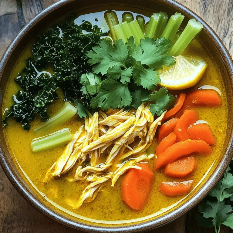 - 1 lb boneless, skinless chicken thighs - 4 cups low-sodium chicken broth - 1 medium onion, finely diced - 3 cloves garlic, minced - 1 tablespoon fresh ginger, grated - 2 tablespoons turmeric powder - 2 carrots, sliced into thin rounds - 2 celery stalks, sliced - 1 cup kale, chopped into bite-sized pieces - 1 tablespoon olive oil - 1 tablespoon lemon juice - Salt and freshly cracked black pepper to taste - Fresh cilantro leaves for garnish You can add lemon wedges and extra cilantro. They enhance the soup's taste and look. A splash of lemon juice brightens flavors. Fresh herbs add a burst of color. - Chicken Thighs: High in protein, they help build and repair body tissue. - Chicken Broth: A great source of hydration and may support gut health. - Onion: Packed with antioxidants, onions help fight inflammation. - Garlic: Known for boosting the immune system and adding flavor. - Ginger: Aids digestion and may reduce nausea. - Turmeric: Contains curcumin, which has strong anti-inflammatory properties. - Carrots: Rich in beta-carotene, they support eye health. - Celery: Hydrating and low in calories, good for weight management. - Kale: A superfood loaded with vitamins A, C, and K. - Olive Oil: Provides healthy fats that support heart health. - Lemon Juice: High in vitamin C, it boosts immunity. - Cilantro: Adds flavor and may help detoxify heavy metals from the body. These ingredients not only taste good together but also support your health. Each bite nourishes you and provides vital nutrients. Start by heating 1 tablespoon of olive oil in a large pot over medium heat. Add 1 medium onion, finely diced, 3 cloves of minced garlic, and 1 tablespoon of grated ginger. Sauté this mix for about 5 minutes until the onion turns soft and smells great. Next, add 2 tablespoons of turmeric powder. Stir it in well and cook for one more minute. This helps the turmeric share its amazing flavor. Now, toss in 2 sliced carrots and 2 sliced celery stalks. Stir these veggies in the pot for another 3 to 4 minutes. You want them to soften a bit. Next, pour in 4 cups of low-sodium chicken broth. Bring this mixture to a rolling boil. It’s the base of your soup. Once the broth boils, lower the heat to a gentle simmer. Add 1 pound of boneless, skinless chicken thighs to the pot. Cover it and let it cook for 20 to 25 minutes. The chicken should be fully cooked and tender. After that, take the chicken out of the pot. Use two forks to shred the chicken into small pieces. Return the shredded chicken back into the soup. Stir in 1 cup of chopped kale, cooking it for about 5 minutes. This will let the kale wilt and soften. Squeeze in 1 tablespoon of fresh lemon juice. Season with salt and freshly cracked black pepper to taste. Serve the soup hot, adding fresh cilantro leaves on top for a colorful finish. Enjoy your warm, soothing bowl of Turmeric Chicken Detox Soup! To bring out the best flavors in your soup, start with a hot pot. Heat the olive oil before adding the onion, garlic, and ginger. This step builds a strong base. Allow these ingredients to sauté until the onion is soft. Next, add the turmeric. Mixing it in well releases its earthy aroma. This makes your soup fragrant and flavorful. One common mistake is overcooking the chicken. Make sure to simmer it gently. Cooking it too long can make the chicken dry. Also, don’t forget to season your soup at the end. Adding salt and pepper while cooking can mask the bright flavors. Adjust seasoning right before serving for the best taste. This soup is perfect for meal prep. You can easily double the recipe and store leftovers. Let the soup cool before putting it in containers. Use airtight containers to keep it fresh. This soup stays tasty in the fridge for about four days. If you want to keep it longer, freeze it. Just make sure to leave some space in the container for expansion. {{image_4}} If you want a plant-based soup, switch the chicken for chickpeas or tofu. Both add protein and texture. Use vegetable broth instead of chicken broth. This change keeps the flavor rich while making it vegan-friendly. You can also add more vegetables, like bell peppers or zucchini, for extra nutrients. Feel free to mix up the spices! Add cumin or coriander for a warm taste. If you like heat, toss in some red pepper flakes. For a tangy twist, try lime juice instead of lemon juice. You can use sweet potatoes instead of carrots to give a sweet flavor. Mixing in different greens, like spinach, can also change the taste. Serve your soup hot in deep bowls. A sprinkle of fresh cilantro on top looks nice and adds flavor. For a complete meal, pair the soup with crusty bread or a simple salad. You can also serve it with a side of brown rice or quinoa for added texture. This will make your meal heartier and satisfying. To store leftover soup, let it cool first. Pour the soup into an airtight container. Seal it tightly and place it in the fridge. It will stay fresh for up to four days. Make sure to label the container with the date. For long-term storage, freeze the soup. Use freezer-safe containers or bags. Leave some space at the top for expansion. The soup will last up to three months in the freezer. To thaw, move it to the fridge overnight before reheating. Reheat the soup on the stove over low heat. Stir it often to warm evenly. If the soup is too thick, add a splash of broth or water. You can also microwave it in a microwave-safe bowl. Heat it in short bursts, stirring in between. Enjoy your warm, comforting soup! Turmeric Chicken Detox Soup helps your body feel good. It has turmeric, which is a spice that fights inflammation. This spice helps your body flush out toxins. The soup is full of veggies and lean chicken, which adds nutrients. Together, they work to boost your immune system and improve digestion. Yes, you can use other chicken parts. Boneless, skinless chicken breasts work well too. If you prefer dark meat, use chicken legs or thighs. Just make sure to adjust the cooking time. Cook the chicken until it is fully done and tender. This soup lasts about four days in the fridge. Keep it in an airtight container to stay fresh. If you want to enjoy it later, you can freeze it too. Just remember to label the container with the date. Absolutely! You can add red pepper flakes for heat. Another option is to add fresh jalapeños while cooking. If you like a kick, try adding a dash of hot sauce before serving. Adjust the spice to your taste. Turmeric Chicken Detox Soup is a tasty and healthy dish. We covered key ingredients and their benefits. You learned step-by-step instructions for making it. I shared tips to boost flavor and avoid errors. You can easily tweak the recipe for different diets. Don't forget how to store leftovers and reheat them well. This soup can support your health while being delicious. Give it a try and enjoy the warmth and flavor it brings.
