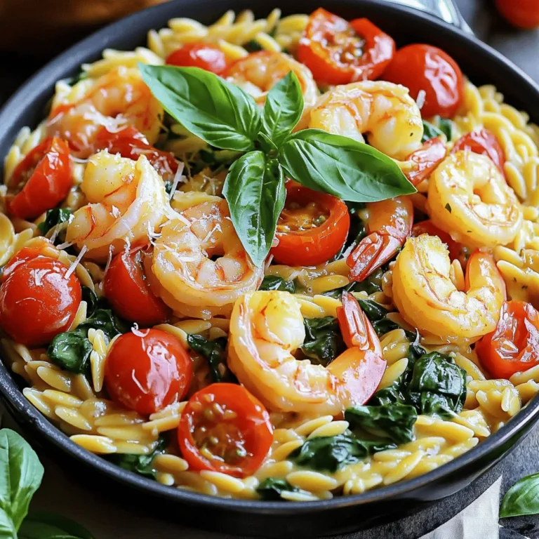 To make One-Pan Parmesan Orzo with Shrimp, you need: - 1 cup orzo pasta - 1 pound shrimp, peeled and deveined - 2 tablespoons olive oil - 3 cloves garlic, minced - 4 cups low-sodium chicken broth - 1 cup grated Parmesan cheese - 1 cup cherry tomatoes, halved - 1 cup spinach, chopped - 1 teaspoon Italian seasoning - Salt and pepper to taste - Fresh basil leaves for garnish For orzo pasta, I like Barilla or DeLallo. They cook evenly and have great flavor. For shrimp, look for wild-caught options if possible. Fresh shrimp tastes best, but frozen works too. Use good quality extra virgin olive oil like Pompeian or Colavita for the best taste. For Parmesan, Grana Padano or Parmigiano-Reggiano adds a nice depth of flavor. If you don’t have orzo, use any small pasta, like ditalini or couscous. For shrimp, you can try chicken or tofu for a different protein. Spinach can be swapped for kale or Swiss chard. If you want a dairy-free option, try nutritional yeast instead of Parmesan. You can also use vegetable broth for a vegetarian twist. 1. Gather all your ingredients. This makes cooking easier and faster. 2. Peel and devein the shrimp if not done already. This step is important for safety. 3. Mince the garlic. Fresh garlic gives the best flavor. 4. Halve the cherry tomatoes and chop the spinach. These add color and nutrition. 5. Measure out your orzo and cheese. Having everything ready saves time later. 1. Heat 2 tablespoons of olive oil in a large skillet over medium heat. 2. Add the minced garlic, cooking for about 1 minute. You want it fragrant, not brown. 3. Stir in 1 cup of orzo. Toast it for 2-3 minutes until it looks slightly golden. 4. Pour in 4 cups of low-sodium chicken broth. Turn up the heat to a gentle boil. 5. Once boiling, lower the heat and cover the skillet. Let it simmer for about 10 minutes. 6. Stir occasionally to stop the orzo from sticking. It should absorb most of the broth. 7. Add the shrimp, halved cherry tomatoes, and 1 teaspoon of Italian seasoning. Cover and cook for 5 more minutes. 8. The shrimp should turn pink and be fully cooked. 1. Fold in 1 cup of chopped spinach and 1 cup of grated Parmesan cheese. 2. Stir until the cheese melts and everything combines well. 3. Season with salt and pepper to taste. 4. Remove the skillet from heat and let it rest for a few minutes. 5. Garnish with fresh basil leaves before serving. This adds color and a nice aroma. To boost flavor, use fresh herbs. Fresh basil adds a bright taste. You can also add lemon zest for a zesty kick. A splash of white wine while cooking gives depth. Don’t forget to season with salt and pepper. Taste as you go to find the right balance. For perfect shrimp, do not overcook. Shrimp cooks fast and should turn pink. Cook shrimp just until they curl. If they are rubbery, they are overdone. Add them to the skillet at the right time. Stir gently when mixing with the orzo for even cooking. One common mistake is not stirring enough. This can cause the orzo to stick. Always check the liquid level and stir to keep it loose. Another mistake is adding too much salt at first. Taste after cooking and adjust as needed. Use fresh ingredients for better taste and texture. {{image_4}} To make this dish vegetarian, swap shrimp for vegetables. Try using bell peppers, mushrooms, or zucchini. These veggies add great flavor and texture. Just sauté them in olive oil until tender. Then, follow the same steps as the original recipe. You still get a creamy and cheesy meal that everyone will love. If you like heat, add red pepper flakes. Start with half a teaspoon when you add the garlic. Adjust the amount based on your spice level. This small change gives the dish a nice kick. It pairs well with the creamy Parmesan and fresh ingredients. You can use chicken or tofu instead of shrimp. For chicken, use boneless, cut into small pieces. Cook it in the skillet until browned before adding the orzo. If you choose tofu, use firm tofu and cut it into cubes. Add it in when you add the tomatoes to let it soak up the flavors. Both options create a tasty meal that fits your needs. To store leftovers, let the dish cool down first. Then, place the orzo and shrimp in an airtight container. This keeps it fresh and tasty. You can store it in the fridge for up to three days. Make sure to label the container with the date. If you want to freeze this dish, put it in a freezer-safe container. It will last for up to three months in the freezer. When freezing, leave some space in the container for expansion. To thaw, move it to the fridge overnight before reheating. Reheat the dish on the stove for best results. Add a splash of broth or water to keep it moist. Stir it gently over medium heat until hot. You can also use the microwave. Heat in short bursts, stirring in between. This helps it heat evenly. Yes, you can use other types of pasta. Try using small shapes like ditalini or even rice. Keep in mind that cooking times may change. Adjust the broth based on the pasta you choose. Always check the package for the right cooking time. To make this dish gluten-free, use gluten-free orzo. Many brands offer good options made from rice or corn. These types will cook similarly to regular orzo. Always read labels to confirm they are gluten-free. This dish pairs well with a fresh salad or crusty bread. A simple green salad adds a nice crunch. Garlic bread will soak up the tasty sauce. You can also serve it with a side of steamed veggies for more color. One-Pan Parmesan Orzo with Shrimp lasts about 3 days in the fridge. Store it in an airtight container to keep it fresh. Reheat it on the stove or in the microwave. Add a splash of broth to keep it moist. You’ve now learned about the key ingredients, step-by-step cooking, and helpful tips. We explored how to enjoy variations for different diets and preferences. Remember the storage tips to keep leftovers fresh. Cooking can be fun and easy with these guides. Don't fear mistakes—learn from them. Enjoy trying new flavors, and make this dish your own. Embrace the creative process and share your dish with others. Happy cooking!