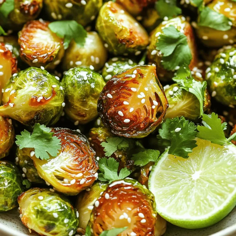 - 1 lb Brussels sprouts, trimmed and halved - 3 tablespoons extra virgin olive oil - 2 tablespoons pure honey - 2 tablespoons Sriracha sauce - 1 tablespoon low-sodium soy sauce or tamari - 2 cloves garlic, finely minced - Sea salt and freshly cracked pepper, to taste - 2 tablespoons sesame seeds, toasted - Fresh cilantro, roughly chopped The main ingredients are key to this dish. First, Brussels sprouts are the star. Their natural sweetness shines through when roasted. The olive oil helps them roast evenly and adds a rich flavor. Honey sweetens the dish and balances the heat. Sriracha sauce brings a spicy kick that makes this dish exciting. For the additional ingredients, soy sauce or tamari adds umami. Garlic gives a warm, savory note. Adding sea salt and pepper enhances all the flavors. Finally, for garnishes, toasted sesame seeds add a nice crunch. Fresh cilantro brings a bright, herbal taste. Together, these ingredients make Honey Sriracha Brussels sprouts a tasty and colorful side dish. Start by trimming the ends off the Brussels sprouts. Then, cut each one in half. This helps them cook evenly. Next, preheat your oven to 425°F (220°C). A hot oven ensures perfect roasting. In a large bowl, add the halved Brussels sprouts. Pour in 3 tablespoons of extra virgin olive oil. Sprinkle with sea salt and cracked pepper. Toss them well to coat. Place the sprouts on a baking sheet lined with parchment. Keep them in a single layer for even roasting. Bake for 20 to 25 minutes. Stir them halfway through for best results. You want them golden brown and crispy. While the sprouts roast, mix the glaze. In a small bowl, whisk together 2 tablespoons of honey and 2 tablespoons of Sriracha sauce. Add 1 tablespoon of soy sauce and 2 minced garlic cloves. Blend until smooth. When the Brussels sprouts are ready, take them out of the oven. Drizzle the honey Sriracha glaze over the sprouts. Toss gently to coat every piece. Return the baking sheet to the oven for another 5 to 7 minutes. This helps the glaze caramelize. When done, sprinkle with toasted sesame seeds and chopped cilantro before serving. To get the best texture from your Brussels sprouts, roast them in a single layer. This helps them cook evenly. If they overlap, some sprouts may steam instead of roast, losing that crispy bite. Stir the sprouts halfway through cooking. This simple step makes sure every piece gets that golden color. You can adjust the sweetness or spice of the glaze. If you want it sweeter, add more honey. For more heat, just add extra Sriracha. You can also swap the olive oil for another oil, like avocado oil or sesame oil. Each option brings a unique taste to the dish. Serve the Honey Sriracha Brussels sprouts in a shallow bowl. This highlights their bright colors. Add a sprinkle of sesame seeds on top for crunch. A scattering of fresh cilantro gives a nice pop. For a fresh twist, include a wedge of lime on the side. This adds a zesty kick that pairs well with the sweetness. {{image_4}} You can make your Honey Sriracha Brussels sprouts even better. Adding citrus can enhance their taste. A squeeze of lime or orange juice adds a bright twist. The tanginess balances the sweet heat of the sauce. You can also mix in other spices. Try garlic powder, smoked paprika, or cumin for extra depth. If you need gluten-free options, use tamari instead of soy sauce. Tamari gives the same great flavor without gluten. For vegan substitutions, replace honey with maple syrup. It keeps the sweetness while making the dish plant-based. Want a crunch? Add nuts like almonds or cashews. They add texture and flavor. You can mix in other vegetables too. Carrots, bell peppers, or sweet potatoes work well. This gives you a colorful and tasty dish. To keep your Honey Sriracha Brussels sprouts fresh, use airtight containers. Glass or plastic containers work well. Make sure they are sealed tightly. Place the sprouts in the fridge right after they cool down. This helps keep them crispy. When reheating, I suggest using the oven. This method helps maintain the texture. Set your oven to 350°F (175°C). Place the sprouts on a baking sheet and heat for about 10 minutes. If you want to use the microwave, do it in short bursts. Check often to avoid sogginess. If you want to freeze them, the first step is to cool them completely. Spread them on a baking sheet in a single layer. Freeze until solid, then transfer to a freezer bag. When you want to eat them, thaw in the fridge overnight. Reheat as mentioned before for the best taste. To cut the heat, you can reduce the amount of Sriracha. Start with one tablespoon instead of two. You can also add more honey to balance the spice. Mixing in some lime juice adds freshness and reduces heat. If you're looking for alternatives, use sweet chili sauce or barbecue sauce. Both add tasty flavor without too much heat. You can use frozen Brussels sprouts, but they will cook a bit differently. Frozen sprouts have more moisture, which may affect crispiness. Thaw them before roasting for better results. Pat them dry with a towel to remove excess water. This helps them roast evenly and get that nice golden color. These sprouts pair well with many dishes. Try serving them with grilled chicken or fish for a complete meal. They also match nicely with rice or quinoa. For a fun twist, add them to tacos or grain bowls. You can even serve them as a side with a zesty lime wedge for extra flavor. We explored how to make tasty Honey Sriracha Brussels sprouts. You learned about key ingredients like Brussels sprouts, olive oil, and honey. I shared steps for prepping, seasoning, and roasting them perfectly. We also discussed how to customize flavors and store leftovers. Enjoy experimenting with this dish. It’s simple, fun, and packs a flavor punch. Now, go and create your own version of this great side!