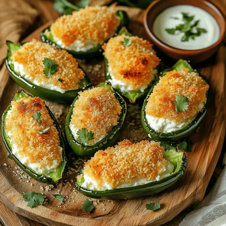 To make Air Fryer Crispy Jalapeño Poppers, you need fresh, simple ingredients. Each one plays a key role in flavor and texture. - Fresh jalapeño peppers - Cream cheese - Sharp cheddar cheese - Parmesan cheese - Spices and seasoning - Panko breadcrumbs - Cooking spray for crispiness Fresh jalapeño peppers are the star of this dish. Their spicy kick adds excitement. Cream cheese gives a creamy, rich base that balances the heat. Sharp cheddar cheese brings a bold flavor that pairs well with the cream cheese. Parmesan cheese adds a nutty taste. The spices and seasoning enhance the overall flavor. I use garlic powder, onion powder, and smoked paprika. These ingredients add depth and warmth to the poppers. Panko breadcrumbs give a crispy finish. They create a crunchy outer layer that contrasts with the soft filling. Finally, a light spray of cooking spray helps achieve that perfect golden-brown color. These ingredients come together to create a delicious snack. With the right mix, your jalapeño poppers will be a hit! First, set your air fryer to 375°F (190°C). Preheating is key. It ensures your poppers cook evenly and get that nice crisp. In a medium bowl, mix 1 cup of softened cream cheese, 1/2 cup of sharp cheddar, and 1/4 cup of Parmesan. Stir them well with a spatula. Then, add 1/4 teaspoon each of garlic powder, onion powder, and smoked paprika. Don’t forget to season with salt and pepper. Mix until smooth and creamy. Take your cleaned jalapeños. Scoop a good amount of the cheesy filling into each half. Make sure they are filled well. Next, grab 1 cup of panko breadcrumbs. Press each stuffed jalapeño into the breadcrumbs. This step gives them that crunchy texture. Place the coated poppers in the air fryer basket, keeping them in a single layer. Lightly spray the tops with cooking spray for extra crispiness. Now, air fry the poppers for about 10-12 minutes. Check them halfway through. You want the jalapeños tender and the tops golden brown. If needed, adjust the time based on your air fryer. Once they look perfect, carefully take them out and let them cool for a few minutes before enjoying. To get the best crunch from your jalapeño poppers, use cooking spray. Spray the tops lightly before cooking. This helps the panko breadcrumbs crisp up nicely. Make sure to coat all sides for even crispiness. Every air fryer cooks differently. Some run hotter than others. If yours cooks fast, check the poppers early. You may need less time. For slower models, you might need a bit more. Always look for that golden-brown color and tender jalapeño. Spices can take your poppers to the next level. Try adding a pinch of cayenne for heat or some cumin for warmth. You can also add some fresh herbs like cilantro or chives for extra flavor. Cheese options can change the taste too. Instead of just cheddar, try pepper jack for a spicy kick. You could also mix in some mozzarella for a stretchier texture. If you want a dairy-free option, use vegan cream cheese and dairy-free cheese. {{image_4}} You can mix up the cheese in your jalapeño poppers. Try using mozzarella for a stretchy bite. Gouda brings a creamy taste. For a sharp kick, use pepper jack cheese or blue cheese. If you want a dairy-free option, use almond cream cheese. It works well and keeps the poppers tasty. Want more heat? Add more jalapeños or a splash of hot sauce to the cheese mixture. For those who prefer less spice, try using bell peppers instead. You can also remove all the seeds from the jalapeños. This helps lower the heat while keeping great flavor. Make your poppers fancy by adding cooked bacon bits or fresh herbs like cilantro or chives. This adds depth to each bite. If you want a vegetarian twist, mix in some spinach or artichokes. These options keep the dish fun and tasty while being friendly to all diets. After enjoying your jalapeño poppers, you may have some left. To store them, follow these simple steps: - Refrigeration: Place the cooked poppers in an airtight container. They will stay fresh in the fridge for about 3 days. Make sure to let them cool before sealing the container. - Freezing: For longer storage, you can freeze the poppers. Lay them on a baking sheet in a single layer. Freeze for about 1 hour until firm. Then, transfer them to a freezer bag. They will keep well for up to 3 months. When you're ready to enjoy your leftover poppers, it’s key to keep them crispy. Here’s how: - Best methods: The air fryer is the best way to reheat poppers. It brings back that nice crunch. You can also use an oven if you don’t have an air fryer. - Recommended time and temperature: Preheat your air fryer to 350°F (175°C). Heat the poppers for about 5-7 minutes. If using the oven, set it to 375°F (190°C) and bake for around 10-12 minutes. Check that they are hot all the way through before serving. Yes, you can prepare jalapeño poppers ahead of time. To do this, follow these steps: - Prepare the filling and stuff the jalapeños. - Place the stuffed jalapeños on a tray. - Cover and store in the fridge for up to 24 hours. - Before cooking, let them sit at room temperature for about 15 minutes. - Cook as instructed when you are ready to serve. This method makes it easy to enjoy fresh, crispy poppers without much fuss. Dipping sauces can elevate your jalapeño poppers. Here are some popular choices: - Ranch dressing: Creamy and cool, it pairs well with spice. - Guacamole: Fresh and zesty, it adds a great flavor boost. - Salsa: Choose mild or spicy, depending on your taste. - Cheese sauce: Warm and cheesy, it’s a classic comfort choice. You can also make your own sauce by mixing sour cream with lime juice and herbs. If you prefer milder jalapeño poppers, here are some tips: - Choose larger jalapeños: They often have less heat. - Remove all seeds and membranes: This part contains most of the heat. - Soak jalapeños in milk: This can help reduce spice levels. - Use less spicy cheese: Cream cheese or mozzarella can be milder options. These tips let you enjoy the flavor without too much heat. You learned how to make delicious air fryer jalapeño poppers. We covered the key ingredients, prep steps, and helpful tips for the best results. You can customize with different cheeses and spices to suit your taste. Remember to store extras properly and reheat for crispiness. Enjoy sharing these tasty treats at your next gathering. With practice, you will become a pro at making poppers. Happy cooking!