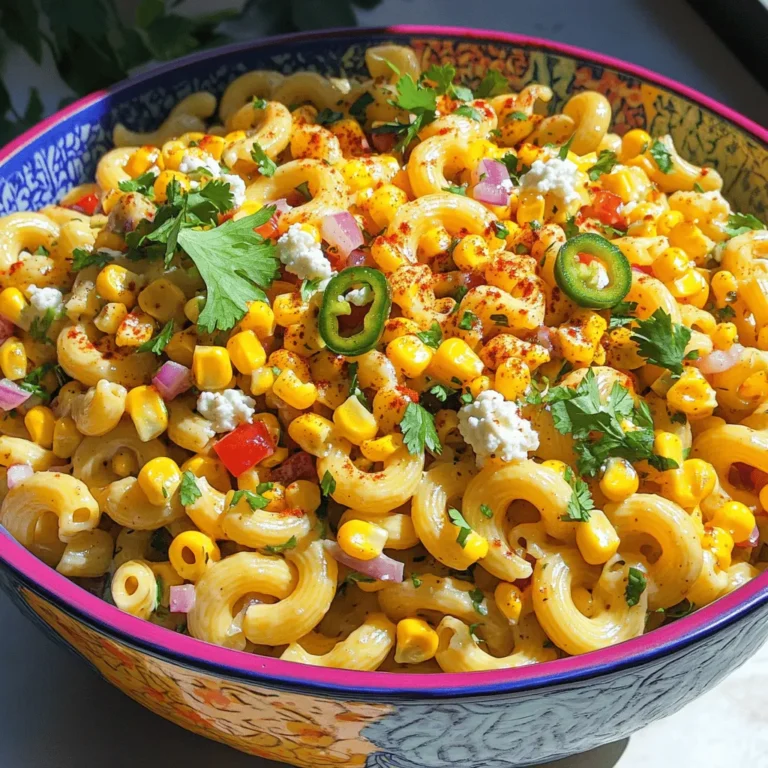 - 2 cups elbow macaroni - 1 cup corn kernels (fresh or frozen) - 1 red bell pepper, finely diced - 1 jalapeño, finely chopped (seeds removed for a milder flavor) - 1/2 cup red onion, finely chopped - 1/2 cup fresh cilantro, chopped - 1/2 cup crumbled queso fresco or feta cheese - 1/4 cup mayonnaise - 1/4 cup sour cream - 2 tablespoons fresh lime juice - 1 teaspoon chili powder - Salt and freshly cracked black pepper, to taste You can switch out the elbow macaroni for any pasta shape you have. Penne or rotini work well too. For corn, use canned corn if fresh isn't available. The red bell pepper can be swapped for yellow or green. If you want less heat, leave out the jalapeño. For cheese, goat cheese or even shredded cheddar can work nicely. You can replace mayonnaise with plain Greek yogurt for a lighter option. For macaroni, I suggest Barilla or Ronzoni; they cook well and taste great. Use Sweet Corn from Green Giant for corn. Look for Feta from Athenos or President for the best flavor. For mayo, Hellmann's or Duke's gives a creamy texture. For sour cream, Daisy is a trusted brand that blends smoothly. Always choose fresh limes for the best juice! First, grab a large pot. Fill it with water and add a pinch of salt. Bring the water to a boil. Once boiling, add 2 cups of elbow macaroni. Cook the macaroni until it is al dente, which usually takes about 8 minutes. After cooking, drain the pasta in a colander. Rinse it under cold water to stop the cooking. Set the macaroni aside to cool completely before mixing it with other ingredients. Next, take a large skillet and heat it over medium heat. Add 1 cup of corn kernels to the skillet. You can use fresh or frozen corn. Sauté the corn for about 5 to 7 minutes. Stir it occasionally until the kernels turn golden brown. This step adds a great smoky flavor. Once done, remove the skillet from heat and let the corn cool slightly. Now, it’s time to mix everything! In a large mixing bowl, combine the cooled macaroni and charred corn. Add in the finely diced red bell pepper, chopped jalapeño, and finely chopped red onion. Stir everything together to blend the fresh ingredients. In a separate small bowl, whisk together 1/4 cup of mayonnaise, 1/4 cup of sour cream, 2 tablespoons of fresh lime juice, and 1 teaspoon of chili powder. Season this mixture with salt and freshly cracked black pepper to taste. Drizzle the dressing over the pasta mixture. Toss everything gently until each piece is coated. Finally, fold in 1/2 cup of chopped cilantro and 1/2 cup of crumbled queso fresco. Make sure to mix it well without breaking the pasta. Cover the bowl and chill the salad for at least 30 minutes. This allows all the flavors to meld beautifully together. To make a great dressing, start with fresh ingredients. I use mayonnaise and sour cream for creaminess. Add fresh lime juice for a zesty kick. Whisk in chili powder for flavor. Taste it! You may need salt and pepper. This mix should be creamy, tangy, and a bit spicy. Seasonings make your pasta salad pop. I like to use chili powder for heat. You can add cumin for a smoky touch. Fresh herbs, like cilantro, bring brightness. Don't forget to taste as you go. Adjust the spices based on your preference. This way, every bite will burst with flavor! Mixing is key for a tasty salad. Start with the cooled pasta and charred corn. Add in the diced veggies. Gently toss to combine. When you add the dressing, pour it evenly over the mix. Fold in the cilantro and cheese last. This keeps everything intact and beautiful. Enjoy the vibrant colors and flavors! {{image_4}} You can easily boost your Mexican Street Corn Pasta Salad with protein. Here are some ideas: - Grilled Chicken: Dice up grilled chicken for extra flavor. - Shrimp: Sauté shrimp with lime and chili powder for a tasty twist. - Black Beans: Add canned black beans for a hearty touch. - Tofu: For a vegan option, try sautéed tofu. It absorbs flavors well. Adding protein makes the salad more filling and satisfying. This dish is easy to adapt for everyone. For a vegetarian version, keep the cheese and sour cream. If you want it vegan, swap these out: - Use vegan mayo instead of regular mayo. - Replace sour cream with dairy-free yogurt. - Omit the cheese or use vegan cheese. These swaps keep the creamy texture while meeting dietary needs. Get creative with your pasta salad! Here are some fun add-ins: - Avocado: Creamy avocado adds richness. - Cherry Tomatoes: Halved cherry tomatoes bring a burst of color. - Radishes: Sliced radishes add a crunchy bite. - Chopped Olives: For a briny flavor, mix in sliced olives. You can also top the salad with extra cilantro or a sprinkle of chili powder. These choices let you customize flavors and textures. Enjoy making it your own! To store leftovers of your Mexican Street Corn Pasta Salad, let it cool first. Then, transfer it to an airtight container. This keeps the flavors fresh and prevents drying out. You can freeze this salad, but it may change texture. I recommend freezing only the pasta and corn mix. Avoid freezing the dressing and fresh veggies, as they do not freeze well. When ready to eat, thaw in the fridge and mix in fresh ingredients. Use glass or BPA-free plastic containers for the best results. These containers seal tightly. They help keep your salad fresh longer. If using glass, ensure it is freezer-safe for freezing options. You can use feta cheese as a substitute for queso fresco. Feta has a similar crumbly texture and salty taste. If you want a creamier option, try goat cheese. Both choices work well in this salad. They add a rich flavor that complements the corn and spices. Yes, you can make this salad ahead of time. It tastes even better after chilling in the fridge. Prepare the salad up to a day in advance. Just cover it tightly and store it. The flavors will blend nicely, making it a great option for meal prep or gatherings. Mexican Street Corn Pasta Salad lasts about 3 to 5 days in the fridge. Make sure to store it in an airtight container. If you notice any signs of spoilage, like an off smell or change in texture, it’s best to throw it away. Enjoy it fresh for the best taste! This blog post covered all you need for Mexican Street Corn Pasta Salad. We discussed ingredients, substitutions, and recommended brands. You learned the steps to cook and combine ingredients for the best taste. Tips on perfecting the dressing and mixing well were shared. Variations for protein and unique toppings added more options for your meal. Lastly, proper storage methods ensure freshness. Enjoy experimenting with this dish and make it your own!