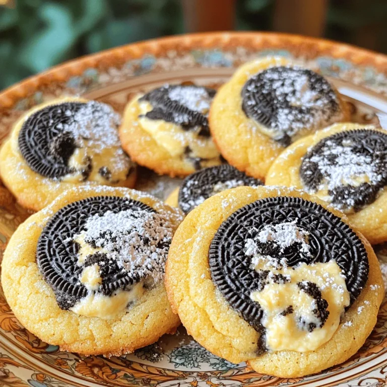 - 1 cup unsalted butter - 1 cup granulated sugar - 1 cup packed brown sugar - 2 large eggs - 2 teaspoons vanilla extract - 3 cups all-purpose flour - 1 teaspoon baking soda - 1/2 teaspoon salt - 1 cup semi-sweet chocolate chips - 8 oz cream cheese - 1/4 cup granulated sugar - 1/2 teaspoon vanilla extract - 1 tablespoon heavy cream - Optional toppings like powdered sugar - Serving suggestions Gathering the right ingredients is key to making Oreo cheesecake stuffed cookies. You need to start with unsalted butter. This gives the cookies a rich flavor. Both granulated and brown sugar help create a sweet and chewy texture. Two large eggs add moisture and help bind the dough. Vanilla extract brings a warm, sweet note. The flour and baking soda work together to give the cookies their structure. Salt enhances the flavors and balances the sweetness. Finally, semi-sweet chocolate chips add a delightful burst of chocolate in every bite. For the cheesecake filling, cream cheese is essential. It gives that creamy, luscious texture. Granulated sugar sweetens the filling, while vanilla extract adds depth. A little heavy cream helps to make it smooth and rich. Lastly, think about optional garnishes. A light dusting of powdered sugar can make your cookies look elegant. You can serve them with a glass of cold milk for dipping. This takes the experience to the next level! - First, cream the cream cheese, sugar, vanilla, and heavy cream in a bowl. - Mix until smooth and creamy, leaving no lumps. - Next, fold in the crushed Oreo cookies gently. - Cover the mixture and chill it for about 30 minutes. This step firms up the filling. - In a large bowl, cream the softened butter with the granulated and brown sugars. - Beat until the mix is light and fluffy, about 2-3 minutes. - Add the eggs one at a time, mixing well after each one. - Then, stir in the vanilla extract until fully combined. - In another bowl, whisk the flour, baking soda, and salt together. - Gradually mix the dry ingredients into the butter and sugar mix. - Be careful not to overmix; this keeps the cookies tender. - Finally, fold in the chocolate chips for a sweet touch. - Preheat your oven to 350°F and line a baking sheet with parchment paper. - Use a cookie scoop or tablespoon to take a portion of dough. - Flatten it in your palm and place about one tablespoon of cheesecake filling in the center. - Wrap the dough around the filling, sealing it well. - Roll the filled dough into a ball and place it on the sheet. - Repeat until you use all the dough and filling, leaving space between cookies. - Bake the cookies in the preheated oven for 12-15 minutes. - The edges should be lightly golden while the centers may look a bit soft. - They will firm up as they cool, so don’t worry. - Let the cookies cool on the baking sheet for 5 minutes. - Carefully transfer them to wire racks to cool completely. - For a lovely presentation, dust the cookies with powdered sugar. - Serve them on a nice plate with cold milk for dipping! To get the best cookies, avoid overmixing the dough. Mix until just combined. This keeps your cookies soft and chewy. When measuring flour, use the spoon and level method. Spoon flour into your measuring cup, then level it off with a knife. This stops you from using too much flour, which makes the cookies tough. You can boost the flavor by adding spices like cinnamon or nutmeg. A touch of espresso powder can also help. If you want a richer taste, try extra vanilla extract. Balance sweet and salty by adding a pinch of sea salt. This small step makes the flavors pop! One common mistake is having dough that is too dry or too sticky. If your dough is too dry, add a tiny bit of milk. If it’s too sticky, add a little flour. Pay close attention to your baking time and temperature. Every oven is different, so keep an eye on your cookies. They should be golden on the edges but soft in the center. {{image_4}} You can change the cheesecake filling for a fun twist. Consider using strawberry or chocolate flavors instead of the classic. Both options give a new taste to the cookies. You can also play with the cookie dough. Try peanut butter or oatmeal dough for a unique flavor. These changes can make your cookies even more exciting and delicious. If you need gluten-free options, use almond flour or a gluten-free blend. These flours work well in cookie recipes. For those who want dairy-free, you can swap cream cheese for cashew cream or a dairy-free brand. These swaps keep your cookies tasty and friendly for different diets. Seasonal ingredients can add a festive flair. In winter, try adding peppermint extract for a holiday vibe. In fall, incorporate pumpkin spice for a cozy flavor. You can also mix in seasonal fruits like raspberries or cherries for fresh bursts of flavor. These twists make your Oreo cheesecake stuffed cookies perfect for any time of the year. To keep your Oreo cheesecake stuffed cookies fresh, store them in an airtight container. This helps keep moisture in and prevents them from drying out. Place a piece of parchment paper between layers if stacking them. This will help avoid sticking. Use a container made of glass or plastic for the best results. You can freeze the stuffed cookies for later. First, let them cool completely. Then, wrap each cookie in plastic wrap. Place them in a freezer-safe bag or container. They can stay fresh in the freezer for up to three months. When you're ready to enjoy them, take the cookies out and let them thaw at room temperature. If you want to warm them up, pop them in the oven for a few minutes. At room temperature, these cookies last for about one week. Keep them in a cool, dry place. You will know they have gone bad if they smell off or feel hard. Also, check for any signs of mold. If you see any, throw them away. Storing them properly ensures you enjoy their delicious taste for longer! To make these cookies, start with the cheesecake filling. Beat the cream cheese until it's smooth. Then mix in sugar, vanilla, and heavy cream. Fold in crushed Oreo cookies and chill for 30 minutes. Next, prepare the cookie dough. Cream butter and sugars until light. Add eggs and vanilla. Then mix in flour, baking soda, and salt. Fold in chocolate chips. Preheat your oven to 350°F. Take some cookie dough, flatten it, and add a spoon of cheesecake filling. Wrap the dough around the filling, roll it into a ball, and place it on a baking sheet. Bake for 12-15 minutes until the edges are golden. Let them cool, and enjoy! Yes, you can make these cookies ahead of time. After baking, let them cool fully. Store them in an airtight container at room temperature. They stay fresh for up to a week. You can also freeze the unbaked stuffed cookies. Just wrap them tightly and store them in the freezer. When you're ready to bake, just take them out and bake straight from the freezer. This way, you can enjoy fresh cookies anytime! Chilling the dough is not required but helps a lot. It makes the cookies thicker and chewier. Chilling also allows the flavors to blend better. If you skip chilling, your cookies may spread more while baking. If you're in a hurry, just chill the dough for 15-30 minutes. This short chill can still improve texture and taste! You can use other cookies instead of Oreos. Try using chocolate sandwich cookies or vanilla wafers for a different twist. For a fruity touch, crushed graham crackers work well, too. If you want a unique flavor, try chocolate chip cookies. Each option gives a fun twist to your cheesecake stuffed cookies! This article explained how to make Oreo cheesecake stuffed cookies. We covered essential ingredients, step-by-step instructions, and tips for perfect results. Remember to measure flour correctly and avoid overmixing for the best texture. You can try different fillings or seasonal twists to keep things exciting. Store and freeze cookies properly to enjoy them longer. With these tips, you'll create delicious treats that impress everyone. Enjoy baking and tasting your creation, and share your fun results!
