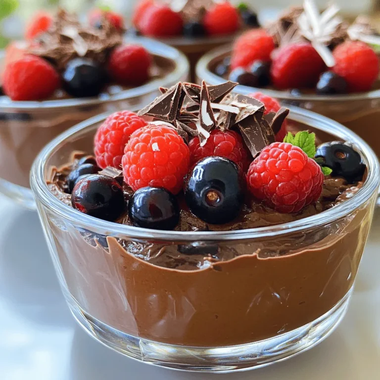 - Cottage cheese: 2 cups - Unsweetened cocoa powder: 1/2 cup - Sweetener: 1/4 cup honey or maple syrup - Flavor enhancers: 1 teaspoon vanilla extract, 1/4 teaspoon salt - Dark chocolate chips: 1/2 cup - Milk alternative: 1/4 cup almond milk - Garnishes: Fresh berries, shaved dark chocolate Cottage cheese is the star of this mousse. It adds creaminess and protein. You can choose low-fat or full-fat based on what you like. The unsweetened cocoa powder gives it a rich chocolate taste. Sweeteners like honey or maple syrup help balance the cocoa’s bitterness. The vanilla extract and salt round out the flavors. They make every bite even better. For a twist, add dark chocolate chips. They melt into the mousse, enhancing the chocolate flavor. If you prefer a creamier texture, use almond milk or your favorite milk alternative. Fresh berries and shaved chocolate make great garnishes. They add color and a little freshness. Once you have these ingredients, you're ready to make a mousse that is not only high in protein but also rich in taste. - Add 2 cups of cottage cheese to a blender. - Blend until smooth and creamy. This will be the base for your mousse. - Combine 1/2 cup of cocoa powder, 1/4 cup of honey or maple syrup, 1 teaspoon of vanilla extract, and 1/4 teaspoon of salt in the blender. - Blend until smooth. This adds rich flavor to your mousse. - In a microwave-safe bowl, add 1/2 cup of dark chocolate chips and 1/4 cup of almond milk. - Microwave in 15-second intervals, stirring until fully melted and smooth. This creates a silky texture. - Pour the melted chocolate into the blended cottage cheese mixture. - Blend again until well combined. Make sure there are no lumps left. - Transfer the mousse into serving bowls or glasses. - Cover and refrigerate for at least 1 hour. This helps it set and thicken. - Once ready to serve, top each portion with fresh berries and shaved chocolate. - Present it beautifully for your guests. Enjoy every bite! To get a creamy mousse, blend the cottage cheese well. You want no lumps. Make sure to scrape down the sides of the blender so all the cheese mixes in. If you want a thicker mousse, chill it longer. Adjust the chilling time to get your perfect texture. Before you chill the mousse, taste it. If it needs more sweetness, add honey or maple syrup. Blend again to mix it well. You can also keep it less sweet if that’s your thing. Just start with less sweetener, and adjust as you like. For a fun twist, add fresh fruits like berries or nuts on top. This adds color and crunch. You can also get creative with how you present the mousse. Use pretty glasses or bowls to make it look fancy. A sprinkle of shaved chocolate makes it even better! {{image_4}} You can make your mousse even more exciting by adding flavors. A few drops of almond or peppermint extract can bring a new twist. If you enjoy warm spices, try adding a pinch of cinnamon or a dash of espresso powder. These additions will enhance the rich chocolate taste and surprise your taste buds. If you're looking for vegan options, swap the dairy ingredients. Use dairy-free chocolate and a sweetener like agave syrup. This way, you can enjoy a creamy mousse without any animal products. For those who want to reduce sugar, consider using low-sugar sweeteners. You can adjust the flavors based on your dietary needs without losing that delightful taste. You can also switch up the base of your mousse. Instead of cottage cheese, use Greek yogurt for a tangy flavor and creamy texture. If you want a different sweetener, try stevia or agave syrup. These swaps help you cater to different diets while keeping the mousse delicious and satisfying. To keep your Cottage Cheese Chocolate Mousse fresh, store leftovers in airtight containers. This will prevent any odors from other foods in your fridge. It stays fresh for about 3 to 5 days. Always check for any changes in smell or texture before eating. Yes, you can freeze this mousse! Freezing allows you to enjoy it later. To freeze, place it in a sturdy container. Leave some space at the top for expansion. When you are ready to eat, move it to the fridge to thaw overnight. Avoid microwaving it directly, as this can change its texture. After refrigeration, the mousse may be a bit firmer. To enhance the texture, stir it gently. If it feels too thick, add a splash of almond milk and mix well. For the best experience, serve it chilled in pretty bowls. Top with fresh berries and shaved chocolate for a delightful touch. Cottage cheese chocolate mousse is a rich, creamy dessert made with simple ingredients. It blends cottage cheese, cocoa powder, honey, vanilla, and a touch of salt. The cottage cheese gives it a protein boost while keeping it smooth and decadent. To make your mousse creamy, use high-quality cottage cheese. Blend it well until smooth. Stop to scrape the sides of the blender to mix everything. This helps avoid lumps and makes your mousse silky. Yes, you can make this mousse ahead of time. After blending, pour it into bowls and cover. Refrigerate for at least one hour. It keeps well for up to three days in the fridge, so it’s perfect for meal prep. This mousse is great for many diets. It is gluten-free and can be low-carb if you use a low-carb sweetener. It’s also high in protein, thanks to the cottage cheese, making it a healthy treat. You can adjust the sweetness by tasting the mousse before chilling. Add more honey or maple syrup if you want it sweeter. You can also use stevia or agave syrup as alternatives for a different flavor. This blog post explored how to make a delicious cottage cheese chocolate mousse. We covered the main ingredients, step-by-step instructions, and tips for the perfect texture. You can adjust sweetness and even swap ingredients to fit your diet. The options for variations and serving ideas let you get creative. Try this mousse and enjoy your tasty treat. It’s easy to make and great for sharing!