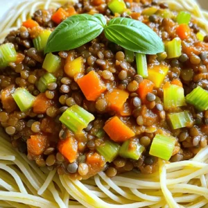 - 1 cup green or brown lentils, thoroughly rinsed and drained - 1 tablespoon extra virgin olive oil - 1 medium onion, finely chopped - 2 cloves garlic, minced - 1 large carrot, peeled and diced - 1 celery stalk, diced - 1 bell pepper (any color you prefer), diced - 1 can (14 oz) diced tomatoes, with juices - 2 cups vegetable broth (low-sodium if preferred) - 2 tablespoons tomato paste - 1 teaspoon dried oregano - 1 teaspoon dried basil - Salt and pepper to taste - 1 tablespoon balsamic vinegar - Fresh basil leaves, for garnish The main ingredients make this dish hearty and healthy. Lentils are packed with protein and fiber. The olive oil adds richness. Onions, garlic, and bell peppers give great flavor. Carrots and celery add sweetness and crunch. The tomato components bring moisture and tang. Diced tomatoes add texture, and vegetable broth makes it savory. Tomato paste thickens the sauce and intensifies the flavor. For seasoning, dried herbs like oregano and basil add aroma. Balsamic vinegar enhances the sauce's depth. Salt and pepper balance all the flavors. Fresh basil leaves on top make it look pretty and taste fresh. This one-pot meal is simple, quick, and full of flavor. You can easily find these ingredients at your local store. Enjoy cooking this dish with fresh, colorful veggies! - Heating the olive oil: Start by warming 1 tablespoon of extra virgin olive oil in a large pot over medium heat. You want it to shimmer, which means it's ready for the next step. - Sautéing onions and garlic: Next, add 1 finely chopped onion and 2 minced garlic cloves. Sauté them for about 2-3 minutes. The onions should turn translucent and smell great. - Adding carrots, celery, and bell pepper: After the onions and garlic, stir in 1 diced carrot, 1 diced celery stalk, and 1 diced bell pepper of your choice. Keep stirring for 5 minutes until they soften and their flavors mix well. - Achieving the right texture before adding lentils: You want these veggies to be tender but not mushy. This texture helps the lentils cook evenly later on. - Combining lentils with tomato ingredients: Now, stir in 1 cup of rinsed green or brown lentils. Then, pour in 1 can of diced tomatoes with juices, 2 cups of vegetable broth, and 2 tablespoons of tomato paste. Add 1 teaspoon each of dried oregano and dried basil, and mix everything together well. - Perfecting seasoning and letting it simmer: Bring this mixture to a gentle boil. Then, lower the heat, cover the pot, and let it simmer for 25-30 minutes. Stir occasionally to prevent sticking. Check when the lentils are soft, then add salt, pepper, and 1 tablespoon of balsamic vinegar for extra flavor. - Choosing the best lentils: I prefer green or brown lentils for this dish. They hold their shape well and add a nice texture. Avoid red lentils, as they cook too fast and become mushy. - Cooking tips for the perfect texture: Rinse lentils well before cooking. This removes any dust or debris. When adding them to the pot, stir often. This helps prevent sticking. Simmer until they are tender but not mushy. This usually takes about 25-30 minutes. - Best pasta pairing: I recommend serving this lentil bolognese over spaghetti. The long strands catch the sauce well. You can also use any pasta you enjoy, like penne or fettuccine. - Adding a protein or additional vegetables: To boost nutrition, I sometimes add cooked chickpeas or spinach to the sauce. This adds more protein and fiber. You can also mix in zucchini or mushrooms for added flavor and texture. - Health benefits of lentils: Lentils are rich in protein, fiber, and iron. They help keep you full and satisfied. They also support heart health and digestion. - Vegan nutritional considerations: This dish is great for a vegan diet. It offers protein and essential nutrients without any animal products. To ensure you get enough vitamins, pair it with a side salad or whole grain bread. {{image_4}} You can swap out veggies in this recipe for a fresh twist. Try adding: - Zucchini, chopped - Mushrooms, sliced - Spinach, fresh or frozen - Kale, chopped You can also choose different lentil types. Green or brown lentils work best. If you want a unique texture, use red lentils. They cook faster and become soft. Want to kick up the flavor? Here are some ideas: - Add a pinch of red pepper flakes for heat. - Sprinkle in some smoked paprika for a rich taste. - Stir in a tablespoon of soy sauce for umami. Try incorporating vegan cheese or nutritional yeast. They add creaminess and a cheesy flavor without dairy. You can serve this dish in many ways. Try these ideas: - Pour the bolognese over cooked quinoa or brown rice. - Serve it on baked potatoes for a hearty meal. Get creative by making a lasagna. Layer the bolognese with sheets of pasta and vegan cheese. Or, use it to stuff bell peppers for a fun twist on your meal. After making your Vegan Lentil Bolognese, store leftovers in an airtight container. This keeps it fresh and tasty. You can refrigerate it for up to 5 days. Make sure it cools down before sealing it. If you plan to eat it later, label your container with the date. This way, you won’t forget how old it is. To freeze your Vegan Lentil Bolognese, let it cool completely. Then, place it in a freezer-safe container or bag. Be sure to leave some space for it to expand. This dish can last for up to 3 months in the freezer. When you’re ready to eat, thaw it in the fridge overnight. You can also use the microwave for quick thawing. Reheat it on the stove over low heat, adding a splash of vegetable broth if needed. This keeps it creamy and delicious! Yes, you can make this recipe gluten-free. Just choose gluten-free pasta. Many brands offer options made from rice or chickpeas. You can also try spiralized veggies as a base. Zucchini noodles or spaghetti squash work well. This dish lasts about 4 to 5 days in the fridge. Store it in an airtight container. To keep it fresh, let it cool before sealing. Reheat it on the stove or in the microwave. Always check for any off smells before eating. Absolutely! You can add vegetables like mushrooms, spinach, or zucchini. Try adding kale for extra nutrition. Bell peppers can be switched for your favorite veggie. Mixing in some peas can also add a sweet touch. Be creative and use what you like! Vegan lentil Bolognese is simple and packed with flavor. You have learned the key ingredients and why they work well together. The step-by-step instructions make cooking easy, while tips and tricks enhance your dish. Remember to explore variations and storage options for lasting enjoyment. This meal is healthy, filling, and perfect for many occasions. Now, you’re ready to create a satisfying vegan dish that everyone will love. Enjoy making your Bolognese and share it with friends and family!