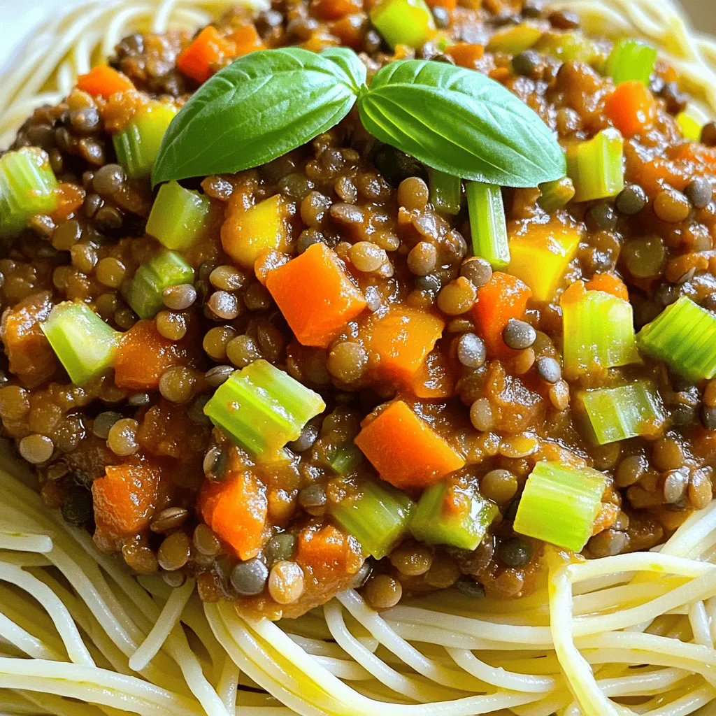 - 1 cup green or brown lentils, thoroughly rinsed and drained - 1 tablespoon extra virgin olive oil - 1 medium onion, finely chopped - 2 cloves garlic, minced - 1 large carrot, peeled and diced - 1 celery stalk, diced - 1 bell pepper (any color you prefer), diced - 1 can (14 oz) diced tomatoes, with juices - 2 cups vegetable broth (low-sodium if preferred) - 2 tablespoons tomato paste - 1 teaspoon dried oregano - 1 teaspoon dried basil - Salt and pepper to taste - 1 tablespoon balsamic vinegar - Fresh basil leaves, for garnish The main ingredients make this dish hearty and healthy. Lentils are packed with protein and fiber. The olive oil adds richness. Onions, garlic, and bell peppers give great flavor. Carrots and celery add sweetness and crunch. The tomato components bring moisture and tang. Diced tomatoes add texture, and vegetable broth makes it savory. Tomato paste thickens the sauce and intensifies the flavor. For seasoning, dried herbs like oregano and basil add aroma. Balsamic vinegar enhances the sauce's depth. Salt and pepper balance all the flavors. Fresh basil leaves on top make it look pretty and taste fresh. This one-pot meal is simple, quick, and full of flavor. You can easily find these ingredients at your local store. Enjoy cooking this dish with fresh, colorful veggies! - Heating the olive oil: Start by warming 1 tablespoon of extra virgin olive oil in a large pot over medium heat. You want it to shimmer, which means it's ready for the next step. - Sautéing onions and garlic: Next, add 1 finely chopped onion and 2 minced garlic cloves. Sauté them for about 2-3 minutes. The onions should turn translucent and smell great. - Adding carrots, celery, and bell pepper: After the onions and garlic, stir in 1 diced carrot, 1 diced celery stalk, and 1 diced bell pepper of your choice. Keep stirring for 5 minutes until they soften and their flavors mix well. - Achieving the right texture before adding lentils: You want these veggies to be tender but not mushy. This texture helps the lentils cook evenly later on. - Combining lentils with tomato ingredients: Now, stir in 1 cup of rinsed green or brown lentils. Then, pour in 1 can of diced tomatoes with juices, 2 cups of vegetable broth, and 2 tablespoons of tomato paste. Add 1 teaspoon each of dried oregano and dried basil, and mix everything together well. - Perfecting seasoning and letting it simmer: Bring this mixture to a gentle boil. Then, lower the heat, cover the pot, and let it simmer for 25-30 minutes. Stir occasionally to prevent sticking. Check when the lentils are soft, then add salt, pepper, and 1 tablespoon of balsamic vinegar for extra flavor. - Choosing the best lentils: I prefer green or brown lentils for this dish. They hold their shape well and add a nice texture. Avoid red lentils, as they cook too fast and become mushy. - Cooking tips for the perfect texture: Rinse lentils well before cooking. This removes any dust or debris. When adding them to the pot, stir often. This helps prevent sticking. Simmer until they are tender but not mushy. This usually takes about 25-30 minutes. - Best pasta pairing: I recommend serving this lentil bolognese over spaghetti. The long strands catch the sauce well. You can also use any pasta you enjoy, like penne or fettuccine. - Adding a protein or additional vegetables: To boost nutrition, I sometimes add cooked chickpeas or spinach to the sauce. This adds more protein and fiber. You can also mix in zucchini or mushrooms for added flavor and texture. - Health benefits of lentils: Lentils are rich in protein, fiber, and iron. They help keep you full and satisfied. They also support heart health and digestion. - Vegan nutritional considerations: This dish is great for a vegan diet. It offers protein and essential nutrients without any animal products. To ensure you get enough vitamins, pair it with a side salad or whole grain bread. {{image_4}} You can swap out veggies in this recipe for a fresh twist. Try adding: - Zucchini, chopped - Mushrooms, sliced - Spinach, fresh or frozen - Kale, chopped You can also choose different lentil types. Green or brown lentils work best. If you want a unique texture, use red lentils. They cook faster and become soft. Want to kick up the flavor? Here are some ideas: - Add a pinch of red pepper flakes for heat. - Sprinkle in some smoked paprika for a rich taste. - Stir in a tablespoon of soy sauce for umami. Try incorporating vegan cheese or nutritional yeast. They add creaminess and a cheesy flavor without dairy. You can serve this dish in many ways. Try these ideas: - Pour the bolognese over cooked quinoa or brown rice. - Serve it on baked potatoes for a hearty meal. Get creative by making a lasagna. Layer the bolognese with sheets of pasta and vegan cheese. Or, use it to stuff bell peppers for a fun twist on your meal. After making your Vegan Lentil Bolognese, store leftovers in an airtight container. This keeps it fresh and tasty. You can refrigerate it for up to 5 days. Make sure it cools down before sealing it. If you plan to eat it later, label your container with the date. This way, you won’t forget how old it is. To freeze your Vegan Lentil Bolognese, let it cool completely. Then, place it in a freezer-safe container or bag. Be sure to leave some space for it to expand. This dish can last for up to 3 months in the freezer. When you’re ready to eat, thaw it in the fridge overnight. You can also use the microwave for quick thawing. Reheat it on the stove over low heat, adding a splash of vegetable broth if needed. This keeps it creamy and delicious! Yes, you can make this recipe gluten-free. Just choose gluten-free pasta. Many brands offer options made from rice or chickpeas. You can also try spiralized veggies as a base. Zucchini noodles or spaghetti squash work well. This dish lasts about 4 to 5 days in the fridge. Store it in an airtight container. To keep it fresh, let it cool before sealing. Reheat it on the stove or in the microwave. Always check for any off smells before eating. Absolutely! You can add vegetables like mushrooms, spinach, or zucchini. Try adding kale for extra nutrition. Bell peppers can be switched for your favorite veggie. Mixing in some peas can also add a sweet touch. Be creative and use what you like! Vegan lentil Bolognese is simple and packed with flavor. You have learned the key ingredients and why they work well together. The step-by-step instructions make cooking easy, while tips and tricks enhance your dish. Remember to explore variations and storage options for lasting enjoyment. This meal is healthy, filling, and perfect for many occasions. Now, you’re ready to create a satisfying vegan dish that everyone will love. Enjoy making your Bolognese and share it with friends and family!