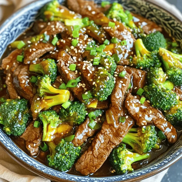 - 1 lb beef flank steak, thinly sliced against the grain - 2 cups fresh broccoli florets - 2 tablespoons soy sauce - 1 tablespoon oyster sauce (optional) - 2 tablespoons cornstarch - 2 tablespoons vegetable oil - 2 cloves garlic, finely minced - 1 tablespoon ginger, freshly grated - 1/4 cup beef broth (or water) - Salt and pepper to taste - Sesame seeds - Green onions, finely chopped When I make One Pan Beef and Broccoli, I love using fresh ingredients. The beef flank steak gives a great flavor. Slicing it thin helps it cook fast and tender. Fresh broccoli adds color and crunch. I often use soy sauce for a savory taste. The oyster sauce is optional but adds depth. Cornstarch helps the beef get that nice sear. For extra flavor, I add garlic and ginger. They give the dish a warm aroma. Beef broth or water keeps it moist. I always season with salt and pepper to enhance taste. Garnishing is fun! I love a sprinkle of sesame seeds for crunch. Chopped green onions also brighten the dish. These small touches make it look great and taste even better! To start, we need to prepare the beef. Take 1 lb of beef flank steak, and slice it thinly against the grain. This helps make the meat tender. Next, place the beef in a mixing bowl. Add 2 tablespoons of cornstarch to the beef. Toss it well so each piece gets coated. This coating gives the beef a nice sear when cooked. Now, add salt and pepper to taste. This simple seasoning enhances the flavor of the meat. Once your beef is ready, it’s time to cook. Heat 1 tablespoon of vegetable oil in a large skillet over medium-high heat. Wait until the oil shimmers. Carefully add the beef slices in a single layer. Sear the beef for about 2-3 minutes, until browned. Avoid overcrowding the pan. If you have too much beef, cook it in batches. Once browned, remove the beef from the pan and set it aside. Now, let’s make the kitchen smell amazing! In the same skillet, add another tablespoon of oil. Toss in 2 cloves of minced garlic and 1 tablespoon of freshly grated ginger. Stir for about 30 seconds until they smell great. Be careful not to burn them; that can ruin the dish. Next, it’s time for the broccoli! Add 2 cups of fresh broccoli florets to the skillet. Stir-fry for about 2-3 minutes. You want the broccoli to be tender but still bright green. After that, return the beef to the skillet. Pour in 2 tablespoons of soy sauce and, if you like, 1 tablespoon of oyster sauce. Add 1/4 cup of beef broth or water to the mix. Stir everything together to coat the beef and broccoli in the sauce. Let it cook for an additional 2-3 minutes until the beef is cooked through and the sauce thickens slightly. Finally, taste your dish! Adjust the seasoning if needed. You can add more soy sauce or broth to suit your taste. Once finished, let the skillet sit for a minute. This helps the flavors meld beautifully. To keep broccoli bright and crunchy, cook it quickly. Here’s how: - Use high heat: Stir-fry the broccoli on medium-high heat. - Add it at the right time: When the garlic and ginger smell great, add the broccoli. - Cook for just 2-3 minutes: You want it tender but still crisp. Timing is key. If you add the beef back too soon, the broccoli may overcook. Wait until the broccoli is bright green before mixing everything together. To make your dish even tastier, try these tips: - Add sauces: Consider using hoisin sauce or chili paste for more depth. - Adjust soy sauce: Start with a little soy sauce, then taste and add more if needed. These small changes can take your dish from good to great. Make sure to balance the flavors to suit your taste. Avoiding mistakes can make all the difference. Here are two key points: - Don’t overcrowd the pan: If you add too much beef at once, it will steam instead of sear. Cook in batches if needed. - Watch the garlic and ginger: They cook fast. Stir quickly and don’t let them burn. Burnt garlic can make your dish taste bitter. By following these tips, you can create a delicious One Pan Beef and Broccoli that impresses everyone! {{image_4}} You can change the beef to chicken or tofu. Chicken works well with this dish. Just slice it thin and follow the same steps. Tofu is a great choice too. Use firm tofu, and press it to remove water. Cut it into cubes and pan-fry until golden. Both options taste great with the sauce. For a meatless version, try using mushrooms or tempeh. Both add a nice texture. You can also mix in other veggies like bell peppers or snap peas. This keeps your meal fresh and fun. You can switch up the sauce to explore new flavors. Try adding teriyaki or hoisin sauce for a sweet twist. You can also use chili paste for some heat. Mixing sauces can create a unique taste. When choosing sauces, you can go homemade or store-bought. Homemade sauces let you control the ingredients. Store-bought sauces are quick and easy. Just check the label for added sugars and preservatives. If you want to swap out broccoli, many veggies work well. Snap peas, green beans, or bok choy can fit nicely. These will add crunch and color to your meal. You can also change the seasonings to make it your own. Add sesame oil for a nutty flavor. You can use garlic powder or onion powder if you don’t have fresh garlic. Experimenting with these swaps keeps your dish exciting and new every time you make it. Store your One Pan Beef and Broccoli in an airtight container. This keeps the dish fresh. Make sure it cools down before sealing. You can safely eat it within 3 to 4 days. If you wait longer, the quality may drop. To keep the beef tender, reheat on the stovetop. This method warms it evenly. Use low heat and add a splash of water or broth. Stir to mix flavors well. If you use a microwave, heat in short bursts. Check often to avoid overcooking the beef. You can freeze One Pan Beef and Broccoli for later. First, let it cool completely. Then, place it in a freezer-safe container. You can freeze it for up to 2 months. When ready to eat, thaw in the fridge overnight. Reheat on the stovetop for the best taste. Yes, you can use frozen broccoli. It cooks faster than fresh. - Cooking tips: - Thaw broccoli before cooking. - Add it to the pan later. - Cook for just 2-3 minutes. - Check it often to avoid overcooking. This dish pairs well with several sides. Here are some tasty options: - Steamed white or brown rice. - Quinoa for a healthy twist. - Noodles, like rice or egg noodles. - A simple green salad for crunch. - Egg rolls or spring rolls for a fun side. Making this dish gluten-free is easy. Just swap a few items. - Soy sauce: Use tamari or coconut aminos. - Oyster sauce: Look for a gluten-free version or skip it. - Beef broth: Check labels to ensure it's gluten-free. These changes keep the taste while making it safe for gluten-free diets. In this blog post, we explored how to make One Pan Beef and Broccoli. We covered main ingredients, step-by-step cooking methods, tips for success, and fun variations. Remember, cooking is about experimenting to find what you like. Don’t hesitate to customize your meal to suit your taste. Whether you stick to the recipe or try something new, you’ll enjoy a delicious dish. Start cooking, and enjoy your time in the kitchen!