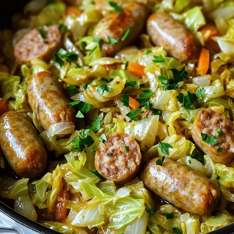 - 1 medium green cabbage, finely shredded - 1 pound lean turkey or chicken sausage, cut into half-moon slices - 1 large onion, diced - 2 cloves garlic, minced - 2 medium carrots, peeled and julienned - 1 tablespoon extra virgin olive oil - 1 teaspoon smoked paprika - 1/2 teaspoon freshly ground black pepper - Sea salt to taste - 1/2 cup low-sodium vegetable broth - Fresh parsley, finely chopped, for garnish - Cabbage: This veggie is low in calories and rich in vitamins. It helps with digestion and boosts your immune system. - Turkey or Chicken Sausage: Lean meats provide protein without too much fat. They help build muscles and keep you full. - Onion: Onions are great for heart health. They also add flavor and nutrition to your meal. - Garlic: Garlic can help lower blood pressure and improve cholesterol levels. It adds a wonderful aroma, too. - Carrots: Carrots are high in beta-carotene, which is good for your eyes. They add sweetness and crunch. - Extra Virgin Olive Oil: This oil is rich in healthy fats. It helps with heart health and adds flavor. - Smoked Paprika: This spice gives a smoky flavor and is high in antioxidants. - Black Pepper: This spice can aid digestion and enhance the taste of your dish. - Sea Salt: Salt helps bring out the flavors of your ingredients. Use it in moderation for health. - Low-Sodium Vegetable Broth: This adds moisture without too much salt, making your dish flavorful. - Fresh Parsley: Parsley is rich in vitamins and adds a fresh touch to your meal. - Cabbage: Look for heads that feel heavy for their size. The leaves should be crisp and tightly packed. - Sausage: Choose lean options with minimal additives. Check the packaging for freshness dates. - Onion: Select firm onions with dry, papery skins. Avoid any with soft spots or sprouting. - Garlic: Pick garlic bulbs that are firm and plump. The skins should be dry and intact. - Carrots: Choose bright orange carrots that are firm and smooth. Avoid any that are limp or have cracks. - Olive Oil: Get high-quality extra virgin olive oil. Look for dark bottles to protect it from light. - Spices: Check the expiration dates. Fresh spices have more flavor and health benefits. - Parsley: Select vibrant green parsley. Leaves should be fresh and not wilted or yellowed. 1. Start by heating one tablespoon of extra virgin olive oil in a large skillet over medium heat. This oil gives great flavor to the dish. 2. Add one large diced onion to the skillet. Sauté for about 3-4 minutes until the onion is soft and clear. 3. Then, add two minced cloves of garlic. Cook for one more minute. This step adds a wonderful aroma to the mix. 4. Next, toss in one pound of sliced turkey or chicken sausage. Cook it for about 5-7 minutes, stirring often. You want it browned on the edges. 5. Now, add the two julienned carrots and the finely shredded cabbage. Mix everything well to spread the heat evenly. 6. Sprinkle in one teaspoon of smoked paprika, half a teaspoon of freshly ground black pepper, and sea salt to taste. Toss again to coat all the ingredients. 7. Pour in half a cup of low-sodium vegetable broth. Cover the skillet with a lid. Lower the heat and let it simmer for 10-15 minutes. This softens the cabbage. 8. After simmering, lift the lid and stir the mixture well. Cook for an extra 2-3 minutes to let any extra liquid cook off. 9. Taste your dish and adjust the salt or pepper as needed. This step is key for great flavor. 10. Finally, turn off the heat. Sprinkle finely chopped fresh parsley on top. This adds color and freshness. Serve warm. - Sautéing: This method cooks the onion and garlic quickly, releasing their flavors. It’s important to keep an eye on them to avoid burning. - Simmering: Covering the skillet helps trap steam. This softens the cabbage and melds the flavors together. - Tossing: Mixing the ingredients ensures even cooking and flavor distribution. It also prevents sticking. - Heat the olive oil over medium heat. This helps to sauté the onion and garlic without burning them. - Sauté the onion for 3-4 minutes, then add garlic for one additional minute. - Brown the sausage for 5-7 minutes. This gives it a nice texture. - When you simmer, keep the heat low. This allows the cabbage to soften without overcooking. - Simmer for 10-15 minutes. Adjust the time based on how soft you like your cabbage. To make the best cabbage sausage skillet, focus on your timing. Start with the onion. Cook it until it is soft and clear. This brings out its sweet taste. When you add garlic, stir it quickly. You want it to smell great but not burn. Add your sausage next. Let it brown well. This adds a rich flavor. When you mix in the cabbage, stir gently. You want it to mix but not turn mushy. Cover and simmer it just right. Check the cabbage often until it's tender but still crisp. Don't rush your cooking. If you cook too fast, the flavors won’t blend well. Avoid using too much salt early on. You can always add more later. If you skip the broth, your dish might dry out. The broth helps keep everything moist and tasty. Lastly, don’t forget to taste your dish before serving. Adjust the seasoning for the best flavor. Use a large skillet or sauté pan for this dish. A good non-stick surface helps with easy cooking and cleanup. You will also need a sharp knife for cutting vegetables. A sturdy cutting board will keep your workspace safe. Use a wooden spoon or spatula to stir your dish. This prevents scratching your pan. Finally, have measuring spoons handy for spices and broth. These tools will make your cooking smoother and more enjoyable. {{image_4}} You can make this dish even healthier. Consider using leaner sausage options. Try chicken or turkey. You can also swap the olive oil for a light spray of cooking oil. This cuts extra calories. For a boost of fiber, add quinoa or brown rice instead of just cabbage. You could even mix in zucchini or bell peppers for extra nutrients. Sausage adds great flavor. You can use many kinds. Chicken or turkey sausage is lean and tasty. If you enjoy spice, try andouille sausage for a kick. For a different twist, Italian sausage brings herbs and spices. Always choose sausages that are low in fat and sodium for the best health. To make a vegetarian or vegan version, simply skip the sausage. Use chickpeas or lentils as a protein source. They are healthy and hearty. Replace the vegetable broth with homemade vegetable stock for a richer taste. You can also add tofu or tempeh for more protein. Season them well to enhance the flavor in your skillet. To keep your Healthy Cabbage Sausage Skillet fresh, let it cool first. Use an airtight container for storage. This will keep the flavors intact. Store it in the fridge for up to three days. If you want to keep it longer, consider freezing. When it's time to enjoy leftovers, reheat your skillet dish. Use a pan over medium heat. Add a splash of water or broth to help it warm evenly. Stir it often, and heat until it’s hot throughout. You can also use a microwave. Just cover it to keep moisture in. To freeze your Cabbage Sausage Skillet, pack it in freezer-safe containers. Leave some space for expansion. It can last for about three months in the freezer. When you’re ready to eat, thaw it in the fridge overnight. Reheat as mentioned above to enjoy it fresh again. You can use several options. Ground turkey or chicken works well. You can also try plant-based sausage for a vegetarian choice. For a spicy kick, chorizo adds great flavor. Tofu or tempeh can substitute if you want a meatless dish. Yes, this dish is gluten-free. The main ingredients, like cabbage and meat, do not contain gluten. Just ensure your sausage is gluten-free. Check labels for any added ingredients that may contain gluten. To spice it up, add crushed red pepper flakes. You can also use hot sausage instead of mild. Another option is to add diced jalapeños or a dash of hot sauce. These will give your dish a nice heat boost. Absolutely! You can add bell peppers, zucchini, or mushrooms. Broccoli and green beans also work well. Feel free to mix in any veggies you enjoy. Just chop them to a similar size for even cooking. Cabbage is low in calories and high in fiber. It helps with digestion and keeps you full. Cabbage is rich in vitamins C and K, which support your immune system. It also has antioxidants that fight inflammation and support heart health. This blog post covers the key steps for making a delicious skillet dish. We reviewed the best ingredients, their benefits, and how to choose fresh ones. You learned essential cooking techniques and tips for perfecting your dish. We also discussed variations, storage options, and answered common questions. In summary, cooking should be fun and easy. Try these tips to make your meal special and enjoy the process. Happy cooking!