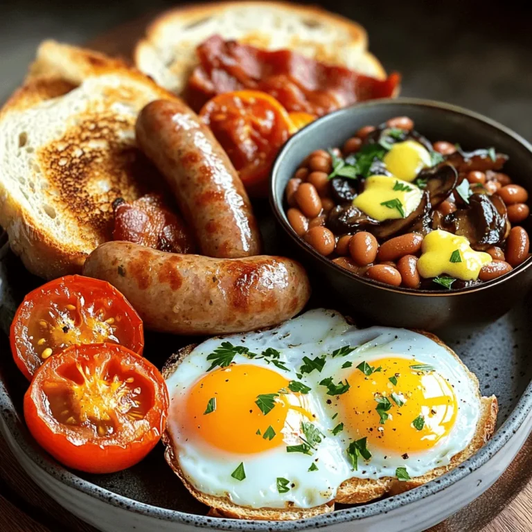 The classic Full English Breakfast is a hearty meal. It includes various tasty ingredients that work together. Each component adds flavor and texture. You enjoy the mix of savory and fresh elements. This breakfast can fuel your day with energy. - 2 sausages (preferably pork or chicken) - 2 slices of back bacon - 2 large eggs - 1 large tomato, halved - 1 cup mushrooms, sliced (button or cremini work well) - 1 cup baked beans (canned) - 2 slices of bread (for toasting, sourdough or whole grain recommended) - Butter (for frying and spreading) - Salt and pepper to taste - Fresh parsley, chopped (for garnish, optional) You can switch up some ingredients for your Full English Breakfast. Try turkey sausages or veggie sausages for a lighter option. Instead of back bacon, you can use smoked bacon for a different taste. For a twist, add black pudding or hash browns. You may also use cherry tomatoes for a sweeter flavor. Don't forget to experiment with different types of bread, like rye or baguette. Each change creates a new experience! Start by heating a large frying pan over medium heat. Place the sausages and bacon into the pan. Cook them for about 8 to 10 minutes. Turn them occasionally. This helps them cook evenly and get a nice golden-brown color. While the sausages and bacon are cooking, take another pan. Melt a small knob of butter over medium heat. Add the sliced mushrooms to the pan. Sauté the mushrooms for around 5 minutes, stirring often. They should turn golden and tender. Season them with a bit of salt and pepper. Remove them from heat and set aside. In the pan with the sausages, push them to one side. Place the halved tomato cut side down into the pan. Cook it for about 3 to 4 minutes until softened and slightly charred. For the baked beans, take a small pot and pour in the canned beans. Heat them over low heat, stirring occasionally for about 5 minutes until warmed through. You can fry or poach the eggs based on your choice. If you prefer fried eggs, add a little butter to the pan used for sausages. Lower the heat slightly. Crack the eggs into the pan and cook for about 2 to 3 minutes. The whites should be fully set, and the yolks should stay runny. As the eggs are cooking, toast the bread slices. You can use a toaster or a griddle. If using a griddle, spread a thin layer of butter on the bread for extra flavor. Toast until the bread is a lovely golden brown. To serve, arrange the sausages, bacon, sautéed mushrooms, charred tomatoes, and warmed baked beans on a warm plate. Top the dish with the perfectly cooked eggs and place the crispy toast on the side. Sprinkle freshly chopped parsley over the top for a pop of color. Enjoy your delicious Full English Breakfast! To make great eggs, choose how you want to cook them. You can fry or poach. For fried eggs, use a bit of butter in the pan. Cook on lower heat for even cooking. This helps the whites set while keeping the yolks runny. Cook for about 2-3 minutes. If you prefer poached eggs, bring water to a simmer. Crack the egg into a small bowl and slide it into the water. Cook for about 3-4 minutes for a soft yolk. Seasoning is key to making your Full English Breakfast taste great. Use salt and pepper on your eggs and mushrooms. This simple step adds depth. For the tomatoes, a pinch of salt can bring out their sweet flavor. You can also add herbs like thyme or rosemary. Fresh parsley on top adds color and freshness. Don't be shy with the seasoning; it makes every bite better. How you plate your food can make a big difference. Use a large white plate to show off your meal. Place the sausages, bacon, and eggs in a way that looks good. Arrange the mushrooms and tomatoes around them. Serve the baked beans in a small bowl or off to the side. Finish with a sprinkle of chopped parsley on top. This adds a nice touch and makes your meal look inviting. {{image_4}} The Full English Breakfast varies by region. In Scotland, you might find haggis added. The Welsh enjoy laverbread, a seaweed dish. Northern Ireland often includes potato farls, which are flatbread made from potatoes. Each region's twist adds a unique flavor, showcasing local tastes and traditions. You can easily make a vegetarian version. Replace sausages with veggie sausages or grilled halloumi. Use mushrooms, spinach, and grilled tomatoes for protein and flavor. For a vegan option, swap eggs with scrambled tofu and use plant-based butter. Baked beans are often vegan-friendly, but always check the label. Feel free to mix in extra ingredients. Avocado gives a creamy touch. Black pudding adds a rich, savory flavor. For spice lovers, add chili flakes to the tomatoes. You can also serve your Full English with a side of sautéed greens. The key is to make it your own while keeping the heartiness intact. To store your Full English Breakfast leftovers, let them cool. Place the food in an airtight container. Store it in the fridge for up to three days. This way, you can enjoy your breakfast again soon. When reheating, I suggest using the oven or a frying pan. For the oven, preheat it to 350°F (175°C). Spread your leftovers on a baking sheet. Heat for about 10-15 minutes. If you use a frying pan, warm each item over medium heat. This keeps everything nice and tasty. Avoid using the microwave, as it can make the food soggy. If you want to freeze your Full English Breakfast, it’s best to separate each item. Cool the food completely first. Use freezer bags or containers. You can freeze the sausages, bacon, and baked beans for up to three months. To reheat, thaw overnight in the fridge before warming. This way, you keep the flavors fresh and vibrant. A traditional Full English Breakfast includes: - 2 sausages (pork or chicken) - 2 slices of back bacon - 2 large eggs - 1 large tomato, halved - 1 cup sliced mushrooms - 1 cup baked beans (canned) - 2 slices of toasted bread - Butter, salt, and pepper Each item adds unique flavors and textures. The sausages and bacon give a savory taste. The eggs, whether fried or poached, add richness. The tomatoes and mushrooms add freshness. Baked beans provide a comforting side. Toast rounds out the meal perfectly. Preparing a Full English Breakfast takes about 30 minutes. You need 15 minutes for prep and 15 minutes for cooking. This time allows you to enjoy each step of the cooking process. You can cook everything at once to save time. You can make parts of the Full English Breakfast ahead. Cook the sausages, bacon, and mushrooms in advance. Store them in the fridge. Reheat them in a pan before serving. You can also prepare baked beans ahead and warm them up. However, it’s best to cook the eggs fresh for the best taste. If you want to substitute ingredients, here are some ideas: - Use turkey or vegan sausages for a lighter option. - Swap back bacon for turkey bacon or ham. - You can use egg whites or egg substitutes for a lower-fat option. - For baked beans, try lentils for a healthier choice. - Use gluten-free bread if you need a gluten-free meal. These swaps can help cater to dietary needs while keeping great flavors. To make a Full English Breakfast healthier, consider these tips: - Use lean meats like turkey or chicken sausages. - Opt for poached eggs instead of fried eggs. - Reduce the amount of butter used for cooking. - Add more veggies like spinach or bell peppers to the plate. - Choose whole grain or sourdough bread for more fiber. These changes can help you enjoy a hearty meal while keeping it nutritious. In this post, we explored the Full English Breakfast. We looked at the key ingredients, along with cooking steps and helpful tips. You can adjust the dish with variations to suit your taste. We also discussed how to store leftovers and answered common questions. Enjoying a Full English Breakfast is not just about the food; it’s about the experience you create. By following these steps and tips, you'll impress your friends and family. Happy cooking!