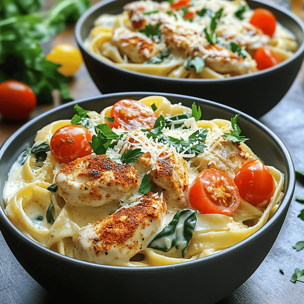 - 1 lb boneless, skinless chicken breasts, cut into bite-sized pieces - 12 oz fettuccine pasta - 2 tablespoons Cajun seasoning The chicken is the star of this dish. It should be juicy and tender. Cajun seasoning adds bold flavor, making every bite exciting. I prefer using fettuccine pasta due to its wide shape, which holds the sauce well. - 1 cup heavy cream - 1 cup grated Parmesan cheese - 4 cups chicken broth Heavy cream gives the sauce its rich and creamy texture. The Parmesan cheese adds a salty, nutty flavor that works perfectly with the Cajun spices. Chicken broth is the base of our sauce and enhances the overall taste. - 4 cloves garlic, minced - 1 cup cherry tomatoes, halved - 1 cup fresh spinach - Salt and pepper to taste Garlic brings a wonderful aroma. Cherry tomatoes add a sweet burst to the dish. Fresh spinach not only adds color but also packs in nutrients. Season with salt and pepper to balance all flavors. Cooking the Chicken Start by heating the olive oil in a large pot over medium heat. When the oil is hot, add the chicken pieces. Cook for about 5 to 7 minutes, stirring often. You want the chicken to be golden brown and fully cooked. Once done, take the chicken out of the pot and set it aside. Seasoning Tips Generously sprinkle Cajun seasoning on the chicken before cooking. This gives the dish its bold flavor. If you want more heat, add a bit extra. Importance of Garlic Garlic adds a rich, fragrant taste to the dish. It enhances the flavors and makes the meal more delicious. Using fresh garlic is best for this recipe. Cooking Time After removing the chicken, add the minced garlic back into the pot. Cook it for about 30 seconds. Stir constantly to avoid burning. You want it fragrant but not brown. Scraping the Pot Pour in the chicken broth. Use a wooden spoon to scrape the brown bits off the bottom of the pot. These bits add great flavor to your broth. Bringing to a Boil Bring the broth to a rolling boil. This step is crucial before adding the pasta. It ensures everything cooks evenly. Tips for Al Dente Once the broth is boiling, add the fettuccine pasta. Stir it occasionally. Cook until it’s al dente, about 9 to 12 minutes. Timing and Stirring Keep an eye on the pasta during this time. Stir regularly to prevent it from sticking together. Integrating the Cream Lower the heat after the pasta is cooked. Return the chicken to the pot. Slowly pour in the heavy cream, stirring gently. Cheese Blending Techniques Sprinkle the grated Parmesan cheese into the pot. Mix it well until the sauce is creamy and the cheese melts smoothly. Incorporating Spinach Now, fold in the fresh spinach. Stir gently until the spinach wilts and blends into the sauce. This adds color and nutrients to your dish. Timing for Tomatoes Next, add the halved cherry tomatoes. Stir them in and cook for another minute to warm them through. Adjusting Flavor Taste the dish and add salt and pepper as needed. This final seasoning step helps to bring all the flavors together. Importance of Resting Period Remove the pot from heat. Let it sit for a couple of minutes. This resting period allows the sauce to thicken and will make serving easier. One-Pot Advantages One-pot meals save time and clean-up. You cook everything in one pot. This means fewer dishes to wash, and you get all the flavors mixed together. Plus, the pasta absorbs the sauce, making it extra tasty. Preventing Sticking To stop your pasta from sticking, stir often while it cooks. Use enough liquid in the pot. This keeps the pasta moving and helps it cook evenly. A splash of olive oil can also help. Just a teaspoon or two will do. Spicy Variations If you like heat, add more Cajun seasoning or some hot sauce. You can also try red pepper flakes for a kick. These spices will add more depth and excitement to your dish. Additional Herbs to Consider Fresh herbs can boost your flavors. Try adding thyme or oregano during cooking. Fresh basil is great too, added just before serving. These herbs add freshness and color to your meal. Garnishing Ideas Garnish your dish with fresh parsley for a pop of color. A sprinkle of extra Parmesan cheese looks nice too. For a fun touch, add sliced green onions on top. These make your meal look fancy and appealing. Serving Suggestions Serve the creamy Cajun chicken Alfredo in deep bowls. This keeps everything warm and makes it easier to eat. Pair it with crusty bread to soak up the sauce. A side salad adds crunch and freshness. {{image_4}} - Shrimp or Sausage: You can swap chicken for shrimp or sausage. Shrimp cooks fast and adds a nice touch. Use large shrimp and sauté them for about 3-5 minutes. If you choose sausage, slice it and cook it until browned. Both options bring a different flavor to the dish. - Vegetarian Options: To make it veggie-friendly, skip the meat. Use mushrooms or zucchini for a hearty bite. You can even add chickpeas for protein. The dish will still be creamy and satisfying without the meat. - Gluten-Free Alternatives: If you're avoiding gluten, use gluten-free pasta. Many brands offer great options that taste good. Brown rice or chickpea pasta work well, too. Just keep an eye on cooking times, as they may vary. - Alternative Shapes and Types: While fettuccine is a classic, you can try other shapes. Penne, rotini, or even farfalle work great in this dish. Choose what you like best or what you have on hand. - Adding Different Cheeses: For a twist, mix in different cheeses. Try mozzarella for a stretchy texture or goat cheese for a tangy kick. This will change the flavor but keep it creamy. - Dairy-Free Options: If you want a dairy-free sauce, use coconut milk or cashew cream. These options still give a rich taste. Make sure to adjust seasonings to balance the flavors. - Store leftovers in airtight containers for best quality. - Let the dish cool before sealing to avoid steam buildup. - Use within 3-4 days for the best taste. - To freeze, place cooled servings in freezer-safe bags. - Remove as much air as possible to prevent freezer burn. - Use within 2-3 months for optimal flavor. - Reheat in a pot over low heat, stirring often. - Add a splash of chicken broth for moisture. - Avoid the microwave to prevent dryness. You can make your own Cajun seasoning at home. Just mix: - 1 tablespoon paprika - 1 teaspoon cayenne pepper - 1 teaspoon garlic powder - 1 teaspoon onion powder - 1 teaspoon dried thyme - 1 teaspoon oregano - 1 teaspoon black pepper - 1 teaspoon salt This mix gives a nice kick. You can also use other spice blends like Creole seasoning or Old Bay if you prefer. Yes, you can use whole wheat pasta. It adds fiber and nutrients. Whole wheat pasta has a nutty flavor and can be a great choice. You may need to cook it for a few extra minutes. Check the package for exact time. To make a lighter version, reduce the heavy cream. Use half-and-half or a mix of milk and Greek yogurt. You can also cut back on cheese. Adding more veggies can make the dish heartier without extra calories. Try using zucchini or bell peppers. Pair this dish with a fresh salad. A simple green salad with vinaigrette works great. You can also serve crusty bread. Garlic bread or a baguette is perfect for soaking up the sauce. Yes, you can cook chicken from frozen. Just add a few extra minutes to cooking time. Make sure the chicken reaches 165°F (75°C) for safety. However, the texture may change slightly and be less tender. When possible, use fresh chicken for the best results. In this post, we explored making a delicious Creamy Cajun Chicken Alfredo. We covered key ingredients like chicken, pasta, and Cajun spices. We detailed steps, from cooking the chicken to creating the creamy sauce. You learned tips for perfect flavor and presentation. Keep these techniques in mind as you cook. Enjoying your meal is rewarding. Try your own twists and share with friends. Cooking is fun, and everyone loves a great dish!