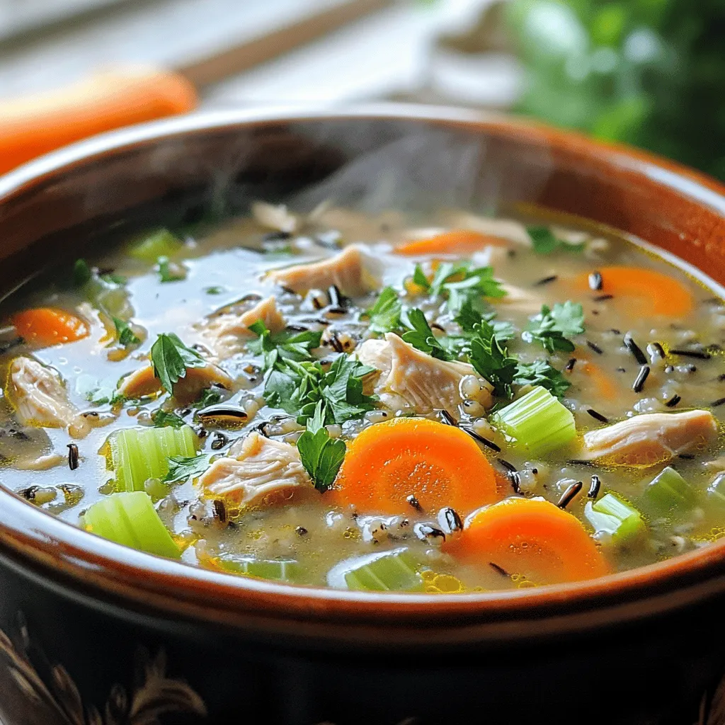 - 1 pound boneless, skinless chicken thighs, diced into bite-sized pieces - 1 cup wild rice, thoroughly rinsed and drained - 1 medium onion, diced finely - 2 cloves garlic, minced - 3 medium carrots, sliced into thin rounds - 2 celery stalks, sliced into half-moons - 6 cups rich chicken broth (preferably low-sodium) - 1 cup heavy cream - 2 tablespoons olive oil - 1 teaspoon dried thyme - 1 teaspoon dried rosemary - Salt and freshly ground black pepper to taste - 2 tablespoons fresh parsley, finely chopped (for garnish) Using fresh herbs makes a big difference. Fresh thyme and rosemary add brightness. If you have the time, roast your chicken thighs before adding them to the soup. This adds depth. For a richer taste, consider using homemade chicken broth. It packs a flavor punch. You can swap chicken thighs for chicken breast if you prefer lean meat. For a dairy-free option, try coconut cream instead of heavy cream. If you want a vegetarian version, replace the chicken broth with vegetable broth and use mushrooms for a meaty texture. Brown rice can work in place of wild rice, but be mindful of cooking times. Start with one pound of boneless, skinless chicken thighs. Dice them into bite-sized pieces. In a large pot, heat two tablespoons of olive oil over medium heat. Add the chicken pieces and season with salt and pepper. Sauté the chicken for about 5-7 minutes. You want it golden brown all over. Once done, remove the chicken from the pot. Set it aside on a plate. In the same pot, add one medium diced onion, three sliced carrots, and two sliced celery stalks. If needed, raise the heat a bit. Sauté these vegetables for about 5 minutes. Stir them often until they soften and the onion turns translucent. Next, add two minced garlic cloves along with one teaspoon of dried thyme and one teaspoon of dried rosemary. Continue to sauté for another 1-2 minutes. The garlic should smell fragrant and soften up well. Now, stir in one cup of rinsed wild rice and pour in six cups of rich chicken broth. Bring this mix to a rolling boil. After it boils, reduce the heat to low. Cover the pot with a lid and let it simmer for about 45 minutes. The wild rice should become tender and start to split open. Once it’s ready, return the sautéed chicken to the pot. Pour in one cup of heavy cream and stir everything together. Heat it gently for another 5 minutes, but don’t let it boil. Finally, taste the soup and adjust the seasoning with extra salt and freshly ground black pepper if needed. To boost the taste of your chicken and wild rice soup, consider these tips: - Add a splash of lemon juice for freshness. - Stir in a tablespoon of soy sauce for umami. - Toss in some fresh herbs like dill or thyme. - Use homemade broth for deeper flavor. - Toast the wild rice in olive oil before adding broth. These simple tweaks can elevate your soup to new heights. The cooking time can change how your soup feels. For a thicker soup, let it simmer longer. Aim for 60 minutes if you want softer rice. If you prefer a bit of bite, stick to 45 minutes. Keep an eye on the rice. If it splits open, it’s ready. Adjust the heat if needed, so it doesn’t boil over. Avoid these common pitfalls to ensure success: - Don’t skip rinsing the wild rice; it removes grit. - Avoid overcooking the chicken; it can become dry. - Don’t rush the sautéing time; it builds flavor. - Skip adding salt too early; it can toughen the chicken. - Finally, don’t forget to taste and adjust the seasoning at the end. By steering clear of these mistakes, you’ll create a flavorful and comforting dish. {{image_4}} You can make this soup in a slow cooker for easy cooking. Start by sautéing the chicken and veggies in a pan. Then, put them into the slow cooker. Add the wild rice and broth. Cook on low for 6-8 hours or on high for 3-4 hours. Add the cream at the end to keep it rich. This method makes the chicken tender and full of flavor. If you want this soup fast, use an Instant Pot. Sauté the chicken and veggies in the pot first. Then, add the wild rice and broth. Seal the pot and cook on high pressure for about 25 minutes. Release the pressure, stir in the cream, and let it heat. This method cuts down cooking time but still delivers rich taste. For a vegetarian version, swap the chicken for chickpeas or tofu. Use vegetable broth instead of chicken broth. Keep the wild rice and veggies the same. You can also add in some mushrooms for extra umami flavor. This option is not only hearty but also full of plant-based goodness. To keep your chicken and wild rice soup fresh, let it cool first. Then, transfer it to an airtight container. Store it in the fridge if you plan to eat it within three days. Make sure to label it with the date. This way, you won't lose track of how long it has been there. When you're ready to enjoy your soup again, heat it gently on the stove over low heat. Stir it often to keep it from sticking. If the soup seems too thick, add a splash of chicken broth or water. Avoid microwaving, as it may heat unevenly. You want every spoonful to taste just as good as the first time. If you want to save your soup for later, freezing is a great option. Pour the cooled soup into freezer-safe bags or containers. Be sure to leave some space at the top, as liquids expand when frozen. Label the bags with the date. The soup can last up to three months in the freezer. To reheat, thaw it overnight in the fridge before warming it on the stove. You can use brown rice or white rice. Brown rice gives a nutty taste. White rice cooks faster but lacks that chewy texture. Quinoa is another option. It adds a nice protein boost. Just remember, cooking times may change. Adjust the liquid and simmering time as needed. Yes, you can make this soup ahead of time. It actually tastes better the next day. The flavors blend well overnight. Just let it cool and store in an airtight container. Reheat it gently on the stove. Add a splash of cream if it thickens too much. This soup lasts about 3-4 days in the fridge. Store it in a sealed container. Make sure it cools completely before putting it in the fridge. If you want to keep it longer, freeze it for up to 3 months. Just thaw it overnight before reheating. You learned about key ingredients for Chicken and Wild Rice Soup, tips for cooking, and variations. Each part helps create a delicious meal. Remember to use fresh ingredients and avoid common mistakes. Consider trying slow cooker or Instant Pot methods for ease. Proper storage keeps your soup tasty for later. Use this guide to enjoy tasty meals that fit your needs. Keep experimenting and make the recipe your own!