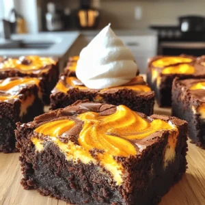 To make these tasty brownies, you'll need these ingredients: - 1 cup unsalted butter, melted - 2 cups granulated sugar - 4 large eggs - 1 teaspoon vanilla extract - 1 cup all-purpose flour - 1 cup unsweetened cocoa powder - 1 teaspoon baking powder - 1/2 teaspoon salt - 1/2 teaspoon ground cinnamon - 1 cup pumpkin puree - 8 oz cream cheese, softened - 1/4 cup powdered sugar - 1/2 teaspoon pumpkin pie spice These ingredients create a rich and creamy texture, perfect for brownies. Choose high-quality ingredients for the best flavor: - Use fresh eggs for fluffiness. - Select unsweetened cocoa powder for a deep chocolate taste. - Pick pure vanilla extract instead of imitation for better flavor. - Choose local pumpkin puree if possible; it often tastes fresher. - Use full-fat cream cheese for a rich and creamy swirl. These tips enhance the overall taste and texture of your brownies. You can adapt the recipe to fit dietary needs: - Gluten-Free: Swap all-purpose flour with a gluten-free blend. - Dairy-Free: Use coconut oil instead of butter and a dairy-free cream cheese. - Lower Sugar: Replace sugar with a sugar substitute like stevia or monk fruit. - Egg-Free: Use flax eggs or applesauce as a binder. These substitutions help make the brownies suitable for various diets. First, set your oven to 350°F (175°C). Make sure to prepare a 9x13 inch baking pan. You can grease it lightly or line it with parchment paper. This step helps you remove the brownies easily later. In a large mixing bowl, add the melted butter and granulated sugar. Whisk these together until smooth. Next, add the eggs one by one. Make sure to whisk well after each egg. Then, stir in the vanilla extract until it blends well. In another bowl, sift your all-purpose flour, cocoa powder, baking powder, salt, and ground cinnamon. Now, combine this dry mix with your wet ingredients. Use a spatula or wooden spoon. Be careful not to overmix; this keeps your brownies fudgy and soft. Take a separate bowl and beat the softened cream cheese until creamy. Gradually mix in the powdered sugar and pumpkin pie spice. Make sure it is smooth. Finally, add the pumpkin puree. Mix until everything is creamy and well combined. Pour half of the brownie batter into your prepared pan. Spread it evenly across the bottom. Top this layer with spoonfuls of the pumpkin cream cheese mixture. Use a knife or spatula to swirl the cream cheese into the brownie layer. Pour the remaining brownie batter on top. Perform another swirl to create a nice marbled effect. Place the pan in the oven and bake for 30-35 minutes. To check if they are done, insert a toothpick into the center. It should come out with a few moist crumbs. Once baked, let the brownies cool in the pan for at least 15 minutes. After cooling, cut them into squares and serve. To make fudgy brownies, start with melted butter. This gives a rich texture. Use good quality cocoa powder. Sift your dry ingredients. This adds air and helps mix better. Mix the batter gently to keep it dense. Overmixing can lead to dry brownies. Lastly, bake just until a toothpick shows some moist crumbs. To create a perfect swirl, use a knife or spatula. After layering the brownie and cream cheese mix, make gentle figure-eight motions. Don’t overdo it! You want to see both layers. Aim for a marbled effect, not a full mix. This keeps the colors distinct and appealing. Serve these brownies warm for the best taste. A dollop of whipped cream adds a nice touch. You can sprinkle cinnamon on top for extra flavor. For a fun twist, add chocolate chips or nuts. This adds texture and a new flavor layer. Enjoy these brownies with a warm drink or scoop of ice cream for a delightful treat! {{image_4}} To make gluten-free brownies, swap the all-purpose flour with a gluten-free blend. Look for blends made from rice flour, almond flour, or coconut flour. Make sure the blend contains a binding agent, such as xanthan gum. This helps keep the texture nice. The rest of the recipe stays the same, so you can enjoy these treats without gluten. To make these brownies vegan, replace the eggs. Try using flax eggs or chia eggs. Mix one tablespoon of flaxseed meal or chia seeds with three tablespoons of water. Let it sit until it thickens. Use dairy-free butter instead of regular butter. Lastly, choose a vegan cream cheese for the swirl. These swaps keep the flavors rich while ensuring no animal products are used. You can get creative with flavors! Add nuts for crunch. Chopped walnuts or pecans work well. If you love chocolate, mix in chocolate chips. They add extra sweetness and richness. You might also try adding a swirl of caramel or peanut butter for a fun twist. Each option makes the brownies unique and delicious while keeping that pumpkin cream cheese flavor intact. To keep your Pumpkin Cream Cheese Swirl Brownies fresh, store them in an airtight container. This helps prevent them from drying out. If you have leftovers, let them cool completely. Then, cut them into squares. Place parchment paper between the layers to avoid sticking. Store them in the fridge for up to five days. They will taste great even after a few days! Freezing brownies is simple and a great way to save some for later. First, let the brownies cool completely. Cut them into individual squares. Wrap each square tightly in plastic wrap. Then, place all wrapped brownies in a freezer-safe bag or container. They can last in the freezer for up to three months. When you are ready to enjoy, just take one out and let it thaw in the fridge. Reheating brownies can bring back their delicious taste. To do this, preheat your oven to 350°F (175°C). Place a brownie on a baking sheet. Warm it in the oven for about 10 minutes. This method keeps the brownie moist and fudgy. You can also use a microwave. Heat the brownie for about 15-20 seconds. Check to make sure it doesn’t get too hot. Enjoy your warm, tasty treat! Yes, you can use fresh pumpkin. First, cook the pumpkin until soft. Then, mash it well until smooth. Make sure to drain any excess water. This will help keep the brownies from becoming too wet. The flavor will be fresh and tasty! You will know the brownies are done when a toothpick comes out with a few moist crumbs. If it comes out clean, the brownies may be overbaked. The edges will look set, but the center may still feel a bit soft. This will give you that perfect fudgy texture. These brownies are great on their own, but you can enhance them! Serve with a dollop of whipped cream for extra creaminess. A sprinkle of cinnamon adds a nice touch. You can also pair them with a scoop of vanilla ice cream for a warm and cold contrast. Enjoy experimenting! In this post, we explored how to make Pumpkin Cream Cheese Swirl Brownies. You learned about important ingredients and how to prepare them. We also shared tips to help you bake fudgy brownies with a perfect swirl. Plus, we covered variations for gluten-free and vegan options. These brownies are easy to make and sure to impress. Keep these tips in mind for your next baking adventure! Enjoy every bite of your delicious creation.
