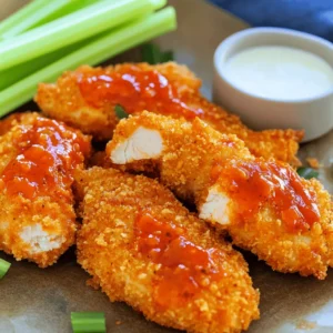 - 1 pound boneless, skinless chicken tenders - 1 cup Panko breadcrumbs - 1/2 cup all-purpose flour - 1 teaspoon garlic powder - 1 teaspoon onion powder - 1 teaspoon smoked paprika - 1 teaspoon salt - 1/2 teaspoon black pepper - 2 large eggs, beaten - 1/2 cup buffalo sauce (e.g., Frank's RedHot) - 1 tablespoon olive oil - Optional: celery sticks and ranch dressing for serving When I make Air Fryer Buffalo Chicken Tenders, I start with fresh chicken. I always choose a pound of boneless, skinless chicken tenders. This cut is tender and cooks evenly. Next, I reach for Panko breadcrumbs. A cup of these gives my tenders that perfect crunch. Regular breadcrumbs can work, but Panko really shines in this recipe. Now, I need some flour. I grab half a cup of all-purpose flour. This will help the spices stick and give a good base for the coating. Seasoning is key. I mix in a teaspoon each of garlic powder, onion powder, and smoked paprika. These add flavor and depth. I also add a teaspoon of salt and a half teaspoon of black pepper. This blend brings out the best in the chicken. For the coating, I beat two large eggs until frothy. This helps bind the breadcrumbs to the chicken. I then grab half a cup of buffalo sauce. I love using Frank's RedHot for its bold taste. Finally, I add a tablespoon of olive oil to help the sauce stick. To serve, I like to include optional celery sticks and ranch dressing. They balance the heat and add a nice crunch. This combination makes for a fun and tasty meal! - Pat chicken tenders dry - Set up dredging stations Start by taking your chicken tenders and pat them dry with paper towels. This step is crucial. Dry chicken helps the coating stick better. Next, create your dredging stations. You need three bowls for this. In the first bowl, mix flour, garlic powder, onion powder, smoked paprika, salt, and black pepper. This mix adds great flavor. In the second bowl, whisk your eggs until they are slightly frothy. This makes a good binding agent. The third bowl will hold your breadcrumbs. I prefer Panko breadcrumbs for extra crunch. - Coat chicken in flour mixture - Dip in beaten eggs - Roll in breadcrumbs Now for the fun part! Take each chicken tender. First, coat it in the flour mixture. Make sure to shake off any extra flour. Next, dip it in the beaten eggs. Let any excess egg drip off. Finally, roll the tender in the breadcrumbs. Press gently to make sure the breadcrumbs stick well. This will give you a nice crispy texture. - Preheat air fryer to 400&deg;F (200&deg;C) - Arrange chicken tenders in the air fryer basket - Cook for 10-12 minutes, flipping halfway Preheat your air fryer to 400&deg;F (200&deg;C) for about five minutes. This step helps the chicken cook evenly and get crispy. Lightly spray the air fryer basket with cooking spray. Place the chicken tenders in a single layer. Make sure not to overcrowd them. Cook the tenders for 10 to 12 minutes. Flip them halfway through to ensure even cooking. They should be golden and fully cooked, reaching an internal temperature of 165&deg;F (75&deg;C). - Use Panko breadcrumbs for extra crispiness. Panko is light and airy, making it perfect for frying. - Ensure the chicken is dry before dredging. Patting it dry helps the coating stick better and gives a nice crunch. - Preheat the air fryer properly. Set it to 400&deg;F (200&deg;C) for about 5 minutes. This helps the chicken cook evenly. - Avoid overcrowding the basket. Leave space around each tender. This allows hot air to circulate, giving you a perfect cook. - Experiment with different buffalo sauce brands. Each brand has its own flavor and heat level. Find your favorite! - Add extra seasoning to the breadcrumb mixture. Garlic powder, onion powder, or even cayenne can boost the taste. {{image_4}} Want to kick up the heat? You can add cayenne pepper or hot sauce to the flour mixture. This small change can give your chicken tenders a fiery twist. Start with 1/4 teaspoon of cayenne for a good kick. Adjust it based on your taste. If you want a crunchier texture, try using crushed cornflakes or tortilla chips instead of breadcrumbs. These options add a fun twist to your tenders. For a gluten-free choice, use gluten-free breadcrumbs. They work just as well and keep your dish tasty. Buffalo sauce is great, but you can mix it up. Serve your tenders with BBQ sauce or honey mustard for a different flavor. These sauces add sweetness and tang, giving you more variety for your meal. Store leftovers in an airtight container. This keeps them fresh and tasty. Consume within 3-4 days for best quality. After that, they may lose flavor and texture. You can freeze cooked chicken tenders for up to 3 months. Just let them cool down first. Once frozen, place them in a freezer bag. To enjoy later, thaw them in the refrigerator before reheating. Reheat in the air fryer for maximum crispiness. This method keeps them crunchy. If you need a quick option, you can use the microwave. However, this may make them lose their crunch. Enjoy your tenders hot and fresh! Yes, you can substitute with a vegan egg replacer or buttermilk. Both work well to help the coating stick to the chicken. Using buttermilk adds a nice tang, too. Check that the internal temperature reaches 165&deg;F (75&deg;C). A meat thermometer is the best tool for this. When the chicken reaches this temperature, it is safe to eat. Yes, but you may need to adjust the cooking time. Frozen chicken tends to need a bit longer to cook. Make sure they are fully cooked through before serving. Pair with celery sticks and ranch dressing. You can also enjoy them in a salad or wrap for a tasty meal. Both options balance the spicy flavor of the tenders nicely. In this post, we explored making Air Fryer Buffalo Chicken Tenders. You learned about the key ingredients, step-by-step instructions, and helpful tips for the best results. Remember to use Panko breadcrumbs for crunch and adjust flavors to your taste. Store leftovers properly or try different sauces for fun. These tenders are easy and delicious. Enjoy your cooking adventure!