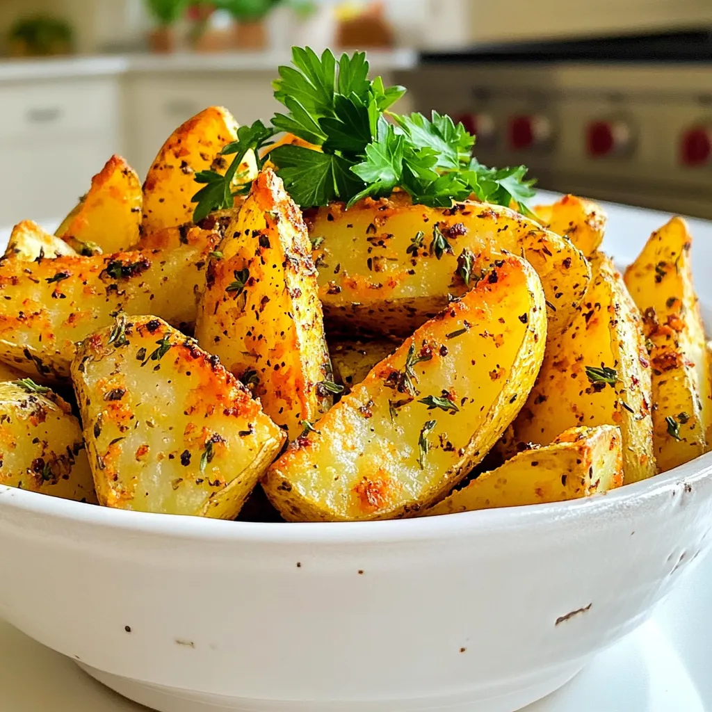 - 4 medium russet potatoes - 4 tablespoons extra virgin olive oil - 4 cloves garlic, finely minced - 1 teaspoon dried oregano - 1 teaspoon dried thyme - 1 teaspoon sweet paprika - Salt and freshly cracked black pepper to taste - Fresh parsley, finely chopped To make these garlic herb potato wedges, you'll need some key items. Start with four medium russet potatoes. Russets give the best crispiness. You also need four tablespoons of extra virgin olive oil for coating. This oil adds great flavor and helps with the crunch. You can't forget about garlic! Four cloves, finely minced, will add a wonderful aroma. For the spices, grab dried oregano, dried thyme, and sweet paprika. Each spice brings its own taste to the dish. Finally, have salt and freshly cracked black pepper ready to season your wedges just right. Once you gather all these ingredients, you'll see how simple it is to create delicious potato wedges. Don't skip the fresh parsley at the end. It adds a lovely touch of color. To start, cut your russet potatoes into wedges. Next, soak the wedges in cold water for at least 30 minutes. This soaking removes extra starch and helps create crispy edges. While the potatoes soak, preheat your air fryer to 400°F (200°C). Allow it to heat for about 5 minutes. After soaking, drain the potato wedges. Use paper towels to dry them well. This step is key for getting that perfect crunch. In a large bowl, add the dried wedges. Pour in 4 tablespoons of olive oil. Then, sprinkle in the minced garlic, oregano, thyme, paprika, salt, and pepper. Toss the wedges gently to coat each one with the tasty mix. Now it's time to cook! Arrange the seasoned potato wedges in a single layer in the air fryer basket. If your fryer is small, cook in batches. Air fry the wedges for 15-20 minutes. Remember to shake the basket halfway through cooking. This helps them brown evenly. When they look golden brown and crispy, they are ready! Carefully take them out and garnish with fresh parsley for a nice touch. To get crispy potato wedges, start by soaking them. Soak the wedges in cold water for at least 30 minutes. This step is key. It removes extra starch, which helps the wedges turn out crispy. After soaking, drain the wedges well. Dry them thoroughly with paper towels. Moisture on the surface will make them soggy. Feel free to get creative with spices. Try adding some cayenne pepper for heat or garlic powder for extra flavor. You can also mix in fresh herbs like rosemary or dill. Different oils can change the taste too. Instead of olive oil, use avocado oil for a lighter note or coconut oil for a unique twist. Make your wedges look great on the plate. Serve them in a rustic bowl or on a wooden board. Add a sprinkle of fresh parsley to brighten the dish. Dipping sauces can elevate your meal. Consider creamy ranch dressing or zesty garlic aioli. These sauces pair perfectly with the garlic herb flavors. {{image_4}} You can switch up the potatoes for a new twist. Sweet potatoes make a great choice. They add a sweet flavor and a lovely color. Just cut them into wedges like the russets. Yukon gold potatoes are another option. They have a creamy texture and a buttery taste. This gives your wedges a different flavor that many love. Want to take your wedges to the next level? Try adding cheese or bacon. Sprinkle some shredded cheese on top before they finish cooking. Bacon bits give a nice crunch and savory taste. Using fresh herbs instead of dried can also make a big difference. Fresh parsley, chives, or rosemary can brighten the dish and add a fresh aroma. If you want to bake these potato wedges, it’s easy. Preheat your oven to 425°F (220°C). Spread the seasoned wedges on a baking sheet in a single layer. Bake them for about 25-30 minutes, flipping halfway through. If you have a convection oven, use it! It cooks evenly and can make the wedges even crispier. Just reduce the temperature by 25°F (about 15°C) and check for doneness sooner. To keep your garlic herb potato wedges fresh, use an airtight container. Glass or plastic containers work well. Make sure the wedges cool to room temperature before sealing. This prevents steam from making them soggy. Store them in the fridge for up to three days. To reheat and keep the crispiness, use your air fryer again. Set it to 350°F (175°C). Heat the wedges for about 5-7 minutes. Shake the basket halfway through. This helps them regain that crunchy texture. Avoid using a microwave, as it can make them soggy. Freezing your garlic herb potato wedges is easy. First, let them cool completely. Then, place them in a single layer on a baking sheet. Freeze until solid, about 1-2 hours. After that, transfer the wedges to a freezer bag. They can stay frozen for about a month. To thaw, place them in the fridge overnight. Reheat them in the air fryer at 350°F (175°C) for 7-10 minutes. This helps them taste fresh and crispy again. Soak the potato wedges for at least 30 minutes. This time helps remove extra starch, making them crispier. If you have more time, soaking for an hour is even better. Just remember to keep them in cold water. This simple step makes a big difference in texture. Yes, you can play with seasonings! Try adding chili powder for heat or Parmesan cheese for a cheesy twist. You can also use fresh herbs like rosemary or basil instead of dried ones. Mix and match flavors to find your favorite combination. The options are endless. Set your air fryer to 400°F (200°C). This temperature helps the potato wedges cook evenly and get that crispy finish. Make sure to preheat the air fryer for about 5 minutes before adding the wedges. This quick step ensures even cooking from the start. In this post, we explored making crispy air-fried potato wedges. You learned about key ingredients, including russet potatoes and olive oil, and how to prepare and cook them perfectly. Tips offered insights for enhancing flavor and achieving crispiness. Remember, you can try different potatoes and spices to personalize your dish. With proper storage methods, these wedges stay tasty even as leftovers. Embrace your creativity in the kitchen, and enjoy each crispy bite!