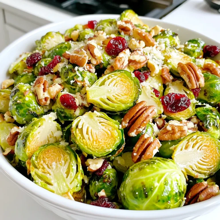 For this salad, you will need: - 1 lb Brussels sprouts, trimmed and halved - 1/2 cup pecans, roughly chopped - 1/4 cup dried cranberries These fresh ingredients form the base of the salad. The Brussels sprouts give it a nice crunch. The pecans add a nutty taste, while the cranberries bring a sweet touch. To make the dressing, gather: - 1/4 cup extra virgin olive oil - 3 tablespoons Dijon mustard - 2 tablespoons apple cider vinegar - 1 tablespoon honey - Salt and freshly cracked black pepper, to taste This dressing is simple yet flavorful. The Dijon mustard gives it a tangy kick. The honey balances that with sweetness. You can add: - 1/4 cup grated Parmesan cheese (for garnish) If you like cheese, sprinkle some Parmesan on top. It adds creaminess and extra flavor. This salad is all about mixing tastes and textures for a delightful bite. Start by washing the Brussels sprouts. Trim off the hard stem end and cut each sprout in half. This helps them cook evenly. Place the halved sprouts on a baking sheet. Preheat your oven to 400°F (200°C). Drizzle olive oil over the Brussels sprouts. Sprinkle salt and black pepper on top. Toss them well to ensure even coating. Roast for 20-25 minutes. Stir halfway through to allow even browning. They should be golden and tender when done. While the sprouts roast, prepare the dressing. In a small bowl, whisk together Dijon mustard, apple cider vinegar, and honey. Add a pinch of salt and pepper. Whisk until smooth. This dressing adds great flavor. Once the Brussels sprouts are roasted, let them cool for a few minutes. In a large bowl, combine the sprouts, chopped pecans, and dried cranberries. Drizzle the dressing over the mix and gently toss. If you like, sprinkle grated Parmesan on top for extra flavor. To roast Brussels sprouts well, start with fresh ones. Look for bright green, firm sprouts. Trim off the ends and cut them in half. This step helps them cook evenly. Preheat your oven to 400°F (200°C). This hot temperature gives them a nice crisp. Spread the halved sprouts on a baking sheet. Drizzle olive oil over them and sprinkle salt and pepper. Toss them so they are coated well. Roast for 20-25 minutes. Stir them halfway through to help them brown evenly. They are ready when they feel tender and have golden edges. A beautiful salad makes the meal feel special. Use a large wooden bowl to serve. This adds warmth and charm. Place the roasted Brussels sprouts in the bowl first. Then, add the chopped pecans and cranberries. For a nice touch, sprinkle grated Parmesan on top. This adds color and flavor. You can also add extra pecans for crunch. Arrange everything nicely so it looks inviting. This salad is a great side dish. It pairs well with roasted chicken or grilled fish. You can also enjoy it as a light meal on its own. Serve it warm or at room temperature. If you want to add protein, consider grilled chicken or chickpeas. This makes it a complete meal. Don't forget to offer extra dressing on the side for those who love a little more flavor! {{image_4}} You can make this salad a full meal by adding protein. Grilled chicken or shrimp pairs well. If you want a meat-free option, try chickpeas or lentils. They add texture and flavor. Simply toss them in with the Brussels sprouts and nuts. This makes the dish hearty and satisfying. If you want to change the flavor, try different dressings. A balsamic vinaigrette gives it a sweet and tangy taste. A creamy ranch dressing adds a rich touch. You can even use a citrus dressing for a fresh twist. Mix and match until you find your favorite. Feel free to swap ingredients based on the season. In fall, add roasted squash for sweetness. In winter, toss in pomegranate seeds for a pop of color. In spring, try fresh herbs like mint or basil. These changes keep the salad exciting and fresh. To store leftover salad, place it in an airtight container. Make sure to cover it well. Put the container in the fridge. This keeps it fresh for up to three days. However, the Brussels sprouts may lose some crunch. If you like them crispy, eat the salad soon after making it. I do not recommend freezing this salad. Freezing changes the texture of Brussels sprouts. They can become mushy when thawed. The pecans and cranberries also lose their good crunch. It’s best to enjoy this salad fresh. If you want to reheat the salad, do so gently. You can warm it in a pan over low heat. Add a splash of olive oil to help it warm evenly. Stir gently to avoid overcooking. Serve it warm with a sprinkle of fresh cheese on top for added flavor. Yes, you can use frozen Brussels sprouts if fresh ones are not available. However, they may not have the same texture. Frozen sprouts can become mushy when cooked. For best results, thaw them first and pat them dry before roasting. This helps them crisp up nicely. If you don’t have Dijon mustard, you can use yellow mustard. It has a milder taste, so add a little extra for flavor. Another option is to mix equal parts of mustard powder and vinegar. This gives a similar taste with a bit of a kick. The salad stays fresh for about three days in the fridge. Store it in an airtight container. However, the texture may change as the dressing soaks in. For the best taste, enjoy it within the first two days. Yes, this salad is gluten-free. All the ingredients are safe for a gluten-free diet. Just make sure to check your Dijon mustard for any hidden gluten. Most brands are fine, but it’s always best to look at the label. In this blog post, we explored fresh ingredients for a tasty salad. I shared steps for prepping Brussels sprouts, roasting them perfectly, and making a delightful dressing. You learned how to present and serve the salad beautifully. We also discussed variations to suit your taste and how to store any leftovers. Enjoy making this salad your own. Experiment with flavors and ingredients. You’ll create a dish that everyone loves!