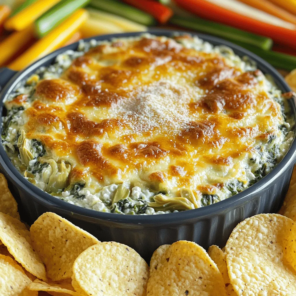 - 1 cup fresh spinach, finely chopped - 1 cup canned artichoke hearts, well-drained and chopped - 1 cup cottage cheese - 1/2 cup cream cheese, softened at room temperature - 1/2 cup shredded mozzarella cheese - 1/4 cup grated Parmesan cheese - 2 cloves garlic, minced - 1 tablespoon freshly squeezed lemon juice - Salt and freshly ground black pepper, to taste - 1 teaspoon olive oil (for sautéing) Using fresh ingredients makes a big difference. Fresh spinach brings color and taste. It adds a bright, earthy flavor. Fresh lemon juice gives a zing that lifts the dip. Canned artichokes are fine, but fresh ones add more depth. The cheeses should be fresh too. They melt better and taste creamier. When you use fresh ingredients, you make every bite special. Want a dairy-free version? You can swap cottage cheese for tofu. Silken tofu blends well and adds creaminess. For cream cheese, look for nut-based options. They work great in dips. Instead of mozzarella, use vegan cheese shreds. Nutritional yeast can add a cheesy flavor without dairy. Always check labels to ensure they fit your diet. These swaps let everyone enjoy the dip, no matter their needs. First, heat 1 teaspoon of olive oil in a medium skillet. Use medium heat to warm the oil. Once hot, add 2 cloves of minced garlic. Sauté the garlic for about 1 minute. You want it to smell great but not burn. Next, add 1 cup of finely chopped spinach to the skillet. Cook the spinach for 3-4 minutes. Stir it occasionally until it wilts completely. Once it’s done, take the skillet off the heat and let the spinach cool a bit. In a large mixing bowl, combine 1 cup of cottage cheese and 1/2 cup of softened cream cheese. Add 1/2 cup of shredded mozzarella cheese and 1/4 cup of grated Parmesan cheese. Pour in 1 tablespoon of freshly squeezed lemon juice. Use a fork or hand mixer to blend it all together. Mix until the cheese becomes smooth and creamy. Then, take the cooled spinach and the chopped artichoke hearts, which should be 1 cup, and fold them into the cheese mixture. Stir gently so everything mixes well. Finally, taste your mix and add salt and freshly ground black pepper as needed. Preheat your oven to 350°F (175°C). Take the spinach and artichoke dip mixture and put it in a baking dish. Spread it out evenly across the dish. Bake it in the oven for 20-25 minutes. Look for bubbling and a golden top, which means it’s ready. After baking, let the dip cool for a few minutes. This helps the flavors settle. Now, you are ready to serve your tasty dip! To make your dip super creamy, use full-fat cottage cheese. This adds richness. Blend it well with softened cream cheese. A hand mixer works best for a smooth blend. If you want extra creaminess, add a splash of heavy cream. This will make your dip velvety. Seasoning is key to a tasty dip. Use fresh garlic for a strong flavor. Mince it finely to release more oils. Add salt and pepper to taste. Don't forget the lemon juice; it brightens the dip. You can also try mixing in some red pepper flakes for a kick. Store leftovers in an airtight container. This keeps it fresh for up to three days. To reheat, warm it in the oven at 350°F. Cover it with foil to prevent drying. Heat until it’s bubbly and warm throughout. You can also microwave it, but stir often to prevent hot spots. {{image_4}} You can easily boost the flavor of your dip. Try adding vegetables like bell peppers, mushrooms, or even sun-dried tomatoes. Chop them finely and sauté them with garlic before mixing into the dip. This adds color and texture, making the dip even more appealing. You can also add broccoli for a crunchy bite. Remember, the goal is to keep the mix creamy while enhancing the taste. While this recipe uses cottage cheese, you can experiment with other cheeses. Cream cheese adds richness, while adding a sharp cheddar can give a nice kick. Feta cheese offers a tangy twist, and goat cheese adds creaminess and depth. Mix and match any combination you like. Just keep the total amount of cheese around two cups for the best texture. If you like a little heat, add some red pepper flakes or hot sauce. A pinch of smoked paprika can also add a warm flavor without too much spice. Fresh herbs like thyme or chives can bring freshness. Try adding a squeeze of lime juice for a zesty brightness. Just remember to adjust the salt level when you add extra ingredients. Each tweak can make your dip uniquely yours! For my spinach artichoke cottage cheese dip, I love using fun dippers. Here are my top picks: - Tortilla chips - Pita bread triangles - Carrot sticks - Celery sticks - Bell pepper strips - Crackers These dippers work great and add a nice crunch. You can mix and match to find your favorite. Make your dip look as good as it tastes! Here are some simple ideas: - Serve the dip warm on a colorful platter. - Surround it with your chosen dippers for a bright display. - Sprinkle extra grated Parmesan cheese on top for a fancy touch. - Add fresh herbs like parsley or basil for extra color. A beautiful presentation makes the dip even more inviting for guests! Pairing drinks with your dip can enhance the experience. I enjoy these options: - Crisp white wine, like Sauvignon Blanc - A light beer, such as a lager - Sparkling water with a slice of lemon You can also serve this dip as a side dish. It goes well with grilled chicken or fish. Enjoy it as a starter at your next gathering! Yes, you can make this dip ahead of time. Prepare the dip and store it in the fridge. Cover it tightly with plastic wrap or a lid. This way, it stays fresh. When you are ready to eat, just bake it. It will taste great even after a day in the fridge. Yes, you can freeze this dip. Place it in an airtight container. Make sure to leave some space at the top for expansion. It can last up to three months in the freezer. When you want to enjoy it, thaw it in the fridge overnight. Then, bake it as usual. If you don't have cottage cheese, you have options. You can use ricotta cheese for a similar texture. Cream cheese can also work, but it will be richer. Greek yogurt is another great choice. It adds a nice tang and creaminess. This article covered the key ingredients, step-by-step instructions, and helpful tips for making Spinach Artichoke Cottage Cheese Dip. We explored how to use fresh ingredients and noted dairy-free options. I shared steps for a creamy texture and tasty seasonings. Remember, you can customize this dip with veggies and cheeses. Whether for a party or a quiet snack, it delivers great flavor. Enjoy creating your dip and impressing your friends!