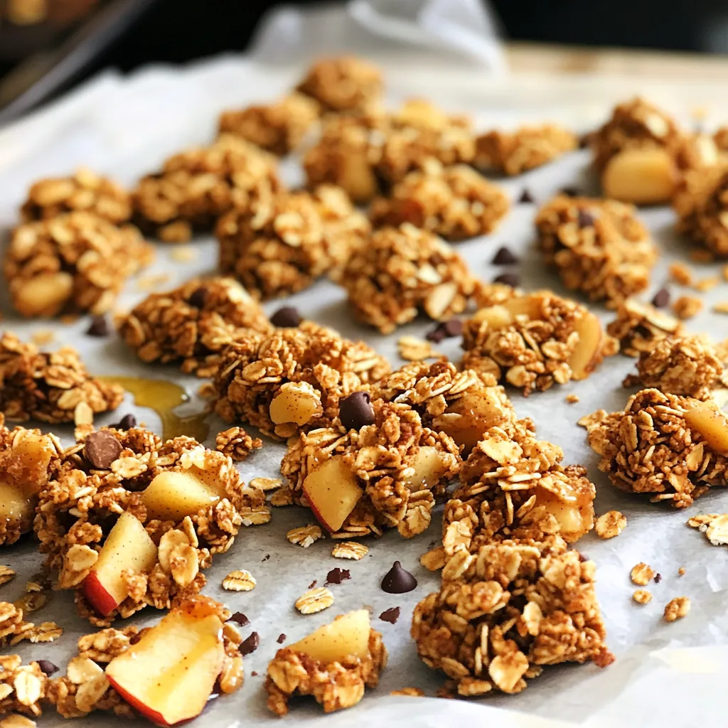 - 2 cups rolled oats - 1 cup mixed nuts (chopped almonds and walnuts) - 1/2 cup dried apples, diced - 1/2 cup honey or maple syrup - 1/4 cup unsalted butter, melted - 1 teaspoon pure vanilla extract - 1/2 teaspoon ground cinnamon - 1/4 teaspoon sea salt - 1/2 cup mini chocolate chips (optional) For the rolled oats, you can use gluten-free oats if needed. Mixed nuts add crunch, but feel free to swap them for sunflower seeds or pumpkin seeds. Dried apples give that sweet apple taste, but dried cranberries or raisins can work too. If you're avoiding honey, maple syrup is a great choice. Unsalted butter can be replaced with coconut oil for a dairy-free option. Rolled oats are full of fiber, which helps digestion. They also keep you full longer. Mixed nuts provide healthy fats and protein for energy. Dried apples are a good source of vitamins, while honey or maple syrup adds natural sweetness and antioxidants. Cinnamon can help regulate blood sugar, making it a smart choice. Sea salt improves flavor while keeping sodium levels balanced. If you choose to add mini chocolate chips, they bring joy and a bit of extra energy. First, preheat your oven to 325°F (160°C). This step is key for even baking. Next, grab a baking sheet and line it with parchment paper. This makes cleanup a breeze and helps the granola not stick. In a large bowl, combine the rolled oats, chopped almonds, walnuts, and diced dried apples. Add ground cinnamon and sea salt to the mix. Stir everything well. This ensures all the flavors blend together nicely. In a separate bowl, whisk together the melted unsalted butter, honey, and pure vanilla extract. Mix until smooth and well combined. The butter adds richness, while honey or syrup adds sweetness. Pour the wet mixture into the dry ingredients. Stir gently but thoroughly. You want every piece coated. Next, transfer this mixture to your prepared baking sheet. Spread it out evenly. Press down firmly to help form clusters. Bake for 20-25 minutes, stirring halfway through. Look for a golden brown color to know it's ready. Once baked, take the sheet out and let the granola cool completely. As it cools, it hardens and forms delightful clusters. After cooling, break it into your desired sizes. If you like, fold in mini chocolate chips for extra sweetness. Store your granola clusters in an airtight container. They stay fresh for up to two weeks. To make great clusters, start with the right mix. Use rolled oats and nuts for a sturdy base. When you mix the wet and dry ingredients, be sure to coat everything well. Press the mixture down firmly on the baking sheet. This step is key for holding the clusters together. Stir only once during baking. This keeps them from breaking apart. Look for a nice golden brown color to know they are done. If you want to change the flavor, try different sweeteners. Maple syrup gives a nice touch, while agave nectar offers a lighter taste. Brown sugar adds depth but be aware it may alter the texture. You can also use stevia for a low-sugar option. Adjust the liquid ingredients if you switch sweeteners to keep the right balance. To keep your granola fresh, store it in an airtight container. This helps keep moisture out, which can make the clusters soggy. A cool, dry place is best for storage. Your granola will stay fresh for up to two weeks. For longer storage, consider freezing it. Just make sure to separate the clusters with parchment paper before freezing. {{image_4}} You can make your Caramel Apple Granola Clusters even more fun! Here are some ideas: - Dried Fruits: Add cranberries or raisins for extra sweetness. - Seeds: Toss in pumpkin or sunflower seeds for a crunch. - Spices: Try nutmeg or ginger for a warm flavor. - Coconut: Flaked coconut can give a tropical twist. - Chocolate: Mini chocolate chips are great, but dark chocolate chunks add richness. Mix and match to find your favorite blend. Each change can make your snack unique! Need to adjust the recipe? No problem! Here are some swaps: - Oats: Use gluten-free oats for a gluten-free version. - Sweeteners: Maple syrup or agave can replace honey. - Nuts: Replace nuts with seeds for nut-free clusters. - Butter: Use coconut oil or a dairy-free butter. - Dried Apples: Substitute with other dried fruits like peaches or pears. These swaps help you create a version that fits your diet! You can change how you cook the granola clusters too! Here are some ideas: - Stovetop: Cook in a skillet over medium heat until golden, stirring often. - Air Fryer: Cook at 300°F for 10-15 minutes, shaking halfway. - Microwave: Combine ingredients in a bowl, then microwave in 30-second bursts until warm. Each method can give a different texture. Try them all to see what you like best! You can find great caramel apple granola clusters from trusted brands. Some popular choices include Nature Valley, Bear Naked, and Quaker. These brands often have convenient packaging. You can easily grab them on your next grocery trip. Local health food stores are a fantastic option. They usually carry fresh and organic versions of granola clusters. Check out your local co-op or specialty grocer. You might find homemade options that are even tastier. Ask the staff for their recommendations. Online shopping makes it easy to find caramel apple granola clusters. Websites like Amazon and Thrive Market have a wide selection. You can read reviews to help you choose the best ones. Plus, you can order from the comfort of your home. This is perfect if you're busy or can't find them locally. Yes, you can make these granola clusters vegan. Simply replace the unsalted butter with coconut oil or a vegan butter. Use maple syrup instead of honey. This way, you keep all the flavor while making it plant-based. When stored in an airtight container, these clusters can last up to two weeks. Make sure to keep them in a cool, dry place. If they start to lose crunch, simply pop them back in the oven for a few minutes. Yes, you can freeze the granola clusters! Just place them in a freezer-safe bag or container. They can stay fresh for up to three months. When ready to eat, thaw in the fridge or at room temperature. These granola clusters are great on their own, but you can also enjoy them in many ways. Try adding them to yogurt or oatmeal for breakfast. They also make a tasty snack with fresh fruit. You can even sprinkle them on ice cream for a fun dessert! You learned about making tasty caramel apple granola clusters. We covered ingredients, steps, and tips. You can use alternatives if needed and make them fit your diet. Remember to store them right for lasting freshness. Don’t forget about different ways to enjoy these clusters or where to buy them. Keep these tips in mind for your next batch. Enjoy making and sharing your delicious granola clusters!