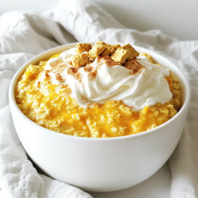 - 1 cup rolled oats - 1 cup unsweetened almond milk - 1/2 cup canned pumpkin puree The rolled oats form the base of our dish. They soak up all the flavors while keeping their chewy texture. Unsweetened almond milk adds creaminess without extra sugar. Canned pumpkin puree gives you that rich, pumpkin taste and is easy to use. - 1 tablespoon chia seeds - 1 tablespoon maple syrup - 1 teaspoon vanilla extract Chia seeds boost nutrition and help with texture. They soak up liquid and make the oats thicker. Maple syrup adds sweetness; you can adjust it to fit your taste. Vanilla extract gives a warm, cozy flavor that blends beautifully. - 1/2 teaspoon pumpkin pie spice - 1/4 teaspoon ground cinnamon - A pinch of salt Pumpkin pie spice is key for that classic fall taste. It brings in notes of nutmeg and ginger. Ground cinnamon adds warmth and richness. A pinch of salt balances all the sweet flavors, making each bite pop. - Whipped cream - Crushed graham crackers - Cinnamon dusting Topping your oats makes them festive and fun. Whipped cream adds a creamy layer on top. Crushed graham crackers give a nice crunch. A light dusting of cinnamon finishes the dish, making it look pretty and inviting. First, grab a large bowl. Add 1 cup of rolled oats. Pour in 1 cup of unsweetened almond milk. Then, add 1/2 cup of canned pumpkin puree. This will give the oats a creamy texture. Next, sprinkle in 1 tablespoon of chia seeds. Chia seeds add fiber and protein. Now, add 1 tablespoon of maple syrup for sweetness. If you want it sweeter, feel free to add more. Finally, pour in 1 teaspoon of vanilla extract. This adds a nice flavor depth. Now it’s time to add some spice! Sprinkle in 1/2 teaspoon of pumpkin pie spice. This mix brings that classic fall flavor. Next, add 1/4 teaspoon of ground cinnamon. Mixing spices helps the flavors blend well. Use a spatula or spoon to mix everything thoroughly. You want all the ingredients to combine nicely. Once your mixture is ready, cover the bowl with plastic wrap. You can also transfer it to jars for easy storage. Make sure the jars have lids. Place the bowl or jars in the fridge. Let the oats soak for at least 6 hours or overnight. This soaking time allows the oats to absorb all the flavors. When it’s time to eat, give the oats a good stir. This helps mix any settled ingredients. Taste the mixture and add more maple syrup if needed. Now, portion the oats into bowls or jars. For extra fun, add toppings! Whipped cream is a great choice. You can also sprinkle crushed graham crackers for crunch. A light dusting of cinnamon on top adds a festive touch. Enjoy your delicious breakfast! To get the best texture, soak the oats for at least six hours. This time lets them absorb the liquid. If you can, leave them overnight. It makes a big difference! When mixing, use a spatula to combine the ingredients well. Make sure every oat gets soaked. This helps them soften and blend the flavors. You can adjust the sweetness by adding more or less maple syrup. If you want a richer taste, try adding honey or agave syrup. For a unique twist, use brown sugar or coconut sugar. Each option gives a different flavor, so feel free to experiment! Serving in clear jars is a fun way to show off the layers. It makes breakfast look pretty! If you prefer, you can also use colorful bowls. Top the oats with whipped cream for a treat. Crushed graham crackers add crunch, and a sprinkle of cinnamon gives a warm touch. Mix and match toppings to make it your own! {{image_4}} You can use several milk options besides almond milk. Coconut milk adds a rich, creamy taste. Oat milk is also a great choice, as it blends well. If you are lactose-sensitive, choose lactose-free milk or any nut milk. These options keep your oats tasty and gentle on the stomach. Want to make your oats even more exciting? Try adding chocolate chips for a sweet touch. Nut butter, like almond or peanut butter, gives creaminess and protein. Adjust the spices according to your taste. If you love warmth, add more cinnamon or nutmeg. If you prefer a milder flavor, reduce the spice amounts. Fall is a great time to explore other flavors. Caramel drizzles can add a sweet layer. Nutmeg brings a cozy warmth that pairs well with pumpkin. For the holidays, try adding peppermint extract. This makes a festive treat that feels special. These variations keep your breakfast fresh and fun all season long. To keep your pumpkin spice latte overnight oats fresh, store them in the refrigerator. Use airtight containers or mason jars. These containers help keep the oats moist and flavorful. Make sure to cover the mixture well to avoid any odors from the fridge. Pumpkin spice latte overnight oats stay fresh for up to five days in the fridge. Check for signs of spoilage, like an off smell or changes in texture. If the oats become too dry or clumpy, it’s best to toss them. Always trust your senses; if it doesn’t smell or look right, don’t eat it. Yes, you can freeze overnight oats! This option is great for meal prep. To freeze, portion the oats into freezer-safe containers. Leave some space at the top, as the oats will expand. When you’re ready to eat, move the container to the fridge to defrost overnight. For a quicker method, you can microwave the oats straight from the freezer. Just add a splash of milk to help soften them. Yes, you can use rolled oats. They offer a chewy texture and rich flavor. Rolled oats soak up liquid well, making them perfect for overnight oats. They keep their shape and provide a hearty bite. Instant oats can become mushy, which may not give you the best taste. Overnight oats stay fresh for about 3 to 5 days. Store them in a sealed container. This helps keep them tasty and safe to eat. After a few days, check for any changes in smell or texture. If they look or smell off, it's best to toss them. Yes, this recipe is easy to make vegan. Use almond milk or any other plant-based milk. Make sure the maple syrup is pure and not mixed with honey. All other ingredients are also vegan-friendly. Enjoy this tasty treat without any animal products. You can use several alternatives for almond milk. Options include soy milk, oat milk, or coconut milk. Each milk gives a unique flavor. Choose one that fits your taste or dietary needs. If you are nut-free, soy or oat milk works great. Yes, you can heat overnight oats. To warm them up, place them in a bowl and microwave for about 30 seconds. Stir and check the temperature. If you want them warmer, heat for another 15 to 30 seconds. Enjoy them warm if that's your style! This blog post covered making delicious overnight oats with pumpkin. We explored ingredients like rolled oats, almond milk, pumpkin puree, and spices such as cinnamon. You learned how to mix, refrigerate, and serve your oats, plus tips for adjusting sweetness and texture. Remember, you can customize flavors, try new toppings, and even store oats for later use. Enjoy your tasty, healthy breakfasts. Making overnight oats is easy and fun!