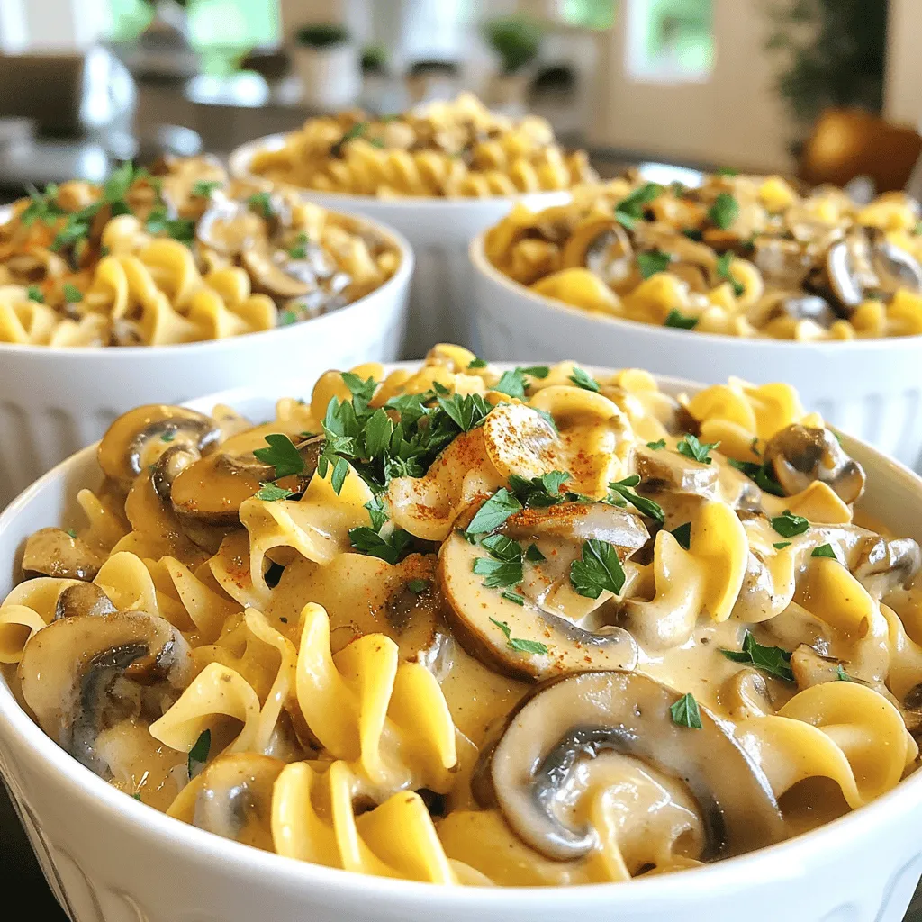 - 3 cups assorted mushrooms (cremini and shiitake recommended) - 1 medium onion, finely chopped - 2 cloves garlic, minced - 1 cup vegetable broth - 1 cup heavy cream (or coconut cream for dairy-free) - 2 tablespoons soy sauce - 1 tablespoon Dijon mustard - 1 teaspoon smoked paprika - Salt and freshly ground black pepper - 2 cups egg noodles (or any preferred pasta) - 2 tablespoons olive oil When you gather your ingredients, focus on freshness. The mushrooms give deep flavor. I suggest using cremini and shiitake for richness. Chop your onion finely. This helps it cook evenly and blend into the dish. Minced garlic adds a nice kick. For the liquid, vegetable broth adds depth. If you want creaminess, choose heavy cream or coconut cream for a dairy-free option. Flavor enhancers like soy sauce and Dijon mustard elevate the dish. Smoked paprika adds a hint of warmth. Don't forget your pasta! Egg noodles work well, but feel free to pick your favorite. Olive oil helps sauté and brings everything together. Gather these items and get ready for a delicious meal! Each ingredient plays a role in making this dish so special. - Heating the olive oil Start by heating 2 tablespoons of olive oil in a large pot over medium heat. This oil adds flavor and helps cook the onions. - Sautéing the onions Next, add 1 medium onion, finely chopped. Sauté the onion until it becomes soft and clear, which should take about 3-4 minutes. - Adding garlic and mushrooms Now, stir in 2 cloves of minced garlic and 3 cups of assorted sliced mushrooms. Cook until the mushrooms soften and release their juices, around 5-7 minutes. - Incorporating sauces and spices After the mushrooms are ready, add 2 tablespoons of soy sauce, 1 tablespoon of Dijon mustard, and 1 teaspoon of smoked paprika. Mix these ingredients well for a rich flavor. - Adding vegetable broth Gradually pour in 1 cup of vegetable broth. This will help create a nice base for your stroganoff. Bring the mixture to a gentle simmer. - Cooking the pasta Once simmering, carefully add 2 cups of egg noodles. Stir to mix everything together. Cook the noodles according to the package instructions, usually about 8-10 minutes. Stir occasionally to stop them from sticking. - Adding cream and stirring When the noodles are cooked to your liking, lower the heat. Slowly pour in 1 cup of heavy cream (or coconut cream for a dairy-free option). Stir gently until everything is creamy and well combined. - Seasoning to taste Taste your stroganoff and add salt and freshly ground black pepper as needed. If the sauce feels too thick, add a splash more broth or water to achieve your desired texture. - Letting it sit before serving Finally, take the pot off the heat and let it sit for one minute to thicken slightly. This step allows the flavors to blend perfectly before serving. To get the best taste, start by sautéing your onions well. This brings out their natural sweetness. Next, add the minced garlic and cook until fragrant. When you add the mushrooms, let them brown nicely. This creates a rich flavor base. Balancing creaminess with broth is key. Too much cream can make it heavy. Add broth gradually to find your perfect mix. Adjust seasoning based on your taste. A pinch of salt or a dash of pepper can make a big difference. Stirring is important to prevent sticking. Use a wooden spoon to scrape the bottom of the pot. This keeps all the flavors mixed well. Choose a large pot with a non-stick surface. This helps food release easily. Cooking times matter too. Follow the package instructions for noodles and stir often. Garnish with fresh parsley for a pop of color. It adds freshness to each dish. Serve the stroganoff in deep bowls to hold the sauce. Pair it with crusty bread to soak up the creamy sauce. You can also add toppings like extra mushrooms or a sprinkle of paprika for added flavor. {{image_4}} You can make this dish fit your diet. For a dairy-free option, use coconut cream instead of heavy cream. This keeps the dish creamy and rich without dairy. You can also use gluten-free pasta. Look for options made from rice or quinoa. They work well and keep the dish tasty. Want to make it heartier? You can add chicken or tofu. Cook the chicken until golden and add it after sautéing the mushrooms. For tofu, use firm tofu and sauté it until crispy for a nice texture. If you want a vegan protein boost, try lentils or chickpeas. They add protein and fiber. Feel free to get creative with your mushrooms! You can try different types like portobello or oyster mushrooms. Each brings a unique flavor. Adding herbs like thyme or rosemary can also enhance the taste. Just a sprinkle can make the dish shine. Experiment and find what you love! To store your creamy mushroom stroganoff, let it cool first. Use an airtight container. This will keep the dish fresh in the fridge for up to three days. Glass containers work well, as do plastic ones. Make sure to label the containers with the date. When you're ready to eat, reheating the stroganoff is simple. The best method is on the stovetop. Just place it in a pan over low heat. Stir often to warm it evenly. You can also use the microwave for quicker results. Heat in short intervals, stirring in between. This will keep it creamy. You can freeze the stroganoff for later use. Portion it into freezer-safe containers. Make sure to leave space for expansion. It will last up to three months in the freezer. To thaw, move it to the fridge overnight. For reheating, follow the stovetop method for the best texture. Yes, you can use different mushrooms! For this recipe, I suggest cremini and shiitake mushrooms. These types add great flavor and texture. You can also try button mushrooms, portobello, or oyster mushrooms. Mix and match to find your favorite blend. Absolutely! This stroganoff is perfect for meal prep. To make it ahead, cook the dish as directed and let it cool. Store it in airtight containers. It stays fresh for up to four days in the fridge. Reheat portions in the microwave or on the stovetop. If it thickens too much, add a splash of broth. If you want a lighter option, use coconut cream. It will still give you a creamy texture. You can also use cashew cream or a mix of milk and cornstarch. These options keep the dish rich without the heaviness of heavy cream. To check if the pasta is done, taste a noodle. It should be tender but still firm. This is called "al dente." Make sure to stir the pasta while cooking. This prevents sticking and ensures even cooking. Follow the package instructions for precise cooking times. This blog post shared a simple, tasty mushroom stroganoff recipe. You learned about key ingredients like mushrooms and egg noodles. The step-by-step instructions guide you through cooking with ease. Plus, I offered tips for flavor and storage. In the end, you can adapt this dish to suit your needs. Enjoy experimenting with flavors or adding proteins. Remember, cooking should be fun and delicious!