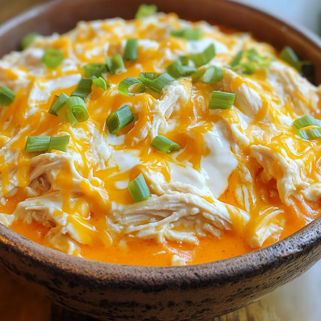 To make this tasty Buffalo Chicken Dip, you need: - 2 cups cooked shredded chicken - 8 oz cream cheese, softened to room temperature - 1 cup sharp cheddar cheese, finely shredded - 1/2 cup buffalo sauce - 1/2 cup ranch dressing - 1/4 cup green onions, thinly sliced (plus extra for garnish) - Salt and freshly ground black pepper to taste You can swap some ingredients if you want. Here are a few ideas: - Use rotisserie chicken instead of cooked chicken for ease. - Try using Greek yogurt instead of ranch dressing for a lighter dip. - If you don’t like ranch, use blue cheese dressing for a stronger flavor. - For a milder dip, use a mild cheddar cheese. - If you want it spicier, add more buffalo sauce or use hot sauce. Choosing the right ingredients makes a big difference. Here are my tips: - Use fresh chicken for the best taste. Cook it yourself or get rotisserie chicken. - Select full-fat cream cheese for a richer texture. Low-fat options may not blend well. - Look for high-quality buffalo sauce with a good balance of heat and flavor. - Pick sharp cheddar cheese for a bold taste that stands out. - Buy green onions that are bright and firm to add freshness to your dip. These choices will help you create a delicious dip that everyone will love. Start by gathering your ingredients. You need cooked shredded chicken, cream cheese, cheddar cheese, buffalo sauce, ranch dressing, green onions, salt, and pepper. First, mix the softened cream cheese, buffalo sauce, and ranch dressing in a large bowl. Use a hand mixer or a spatula. Blend until it is smooth and creamy. Next, gently fold in the shredded chicken and a quarter cup of cheddar cheese. Make sure the chicken is well coated. Season with salt and pepper to taste. Once your mixture is ready, pour it into your slow cooker. Spread it evenly across the bottom. Then, sprinkle the remaining cheddar cheese on top. Cover the slow cooker. Cook the dip on low for 2-3 hours or on high for 1-2 hours. The dip is done when it is heated through and the cheese is melted and bubbling. When your dip is ready, stir it gently with a spatula. This helps mix in the melted cheese. Transfer the dip to a serving dish. Garnish it with extra sliced green onions for color. Serve the dip warm with crispy tortilla chips, crunchy celery sticks, or slices of crusty bread. Enjoy this tasty and hearty dip! Slow cookers are great for this dip. Here are some tips for best results: - Use cooked chicken: Always start with cooked and shredded chicken. It blends well and saves time. - Keep it low and slow: Cook on low for 2-3 hours. This allows flavors to meld and makes for a creamy dip. - Don’t lift the lid: Avoid checking too often. Each time you lift the lid, heat escapes, which can affect cooking time. Adding depth to your Buffalo chicken dip can make it special. Here’s how: - Try different cheeses: Mix in some mozzarella or blue cheese for extra flavor. - Add garlic powder: A teaspoon can add great taste without overpowering the dish. - Use fresh herbs: Chopped parsley or cilantro can brighten the dip and add freshness. Even simple recipes have pitfalls. Watch out for these: - Overmixing the dip: Mix just until combined. Overmixing can make it too runny. - Not seasoning well: Taste before serving. Adjust salt and pepper to your liking. - Skipping the garnish: Green onions add color and freshness. Don’t skip this step! These tips and tricks will help you create a delicious and satisfying Buffalo chicken dip every time. Enjoy making it! {{image_4}} To kick up the heat, add more buffalo sauce. You can mix in diced jalapeños for a fresh and spicy twist. If you want it super hot, try using a hot sauce like habanero. This extra spice will make your dip a hit at any gathering. If you love blue cheese, swap out the ranch dressing. Use blue cheese dressing instead. You can also sprinkle crumbled blue cheese on top before serving. This change brings a rich flavor that pairs well with the buffalo sauce. For a vegetarian dip, use shredded jackfruit instead of chicken. You can also use tofu for a protein-rich option. Replace ranch dressing with a dairy-free version to keep it vegan. These swaps let everyone enjoy the dip, no matter their diet. After your Buffalo chicken dip cools, store it in an airtight container. It lasts up to three days in the fridge. Make sure you let it cool before sealing. This keeps it fresh and tasty for later. You can freeze this dip for even longer storage. Place it in a freezer-safe container. Try to remove as much air as possible. It will keep well for up to three months. When ready to use, thaw it overnight in the fridge before reheating. To reheat, place the dip in a slow cooker or a microwave-safe dish. Heat it on low in the slow cooker or in short bursts in the microwave. Stir occasionally to mix the cheese and chicken. Make sure it is hot throughout before serving. Enjoy your dip warm with your favorite dippers! Yes, you can make this dip ahead of time. Prepare the dip and store it in the fridge. Make sure to cover it well. When you are ready, heat it in the slow cooker. This way, it stays fresh and tasty. Buffalo Chicken Dip pairs well with many items. Here are some great options: - Crispy tortilla chips - Crunchy celery sticks - Slices of crusty bread - Fresh veggie sticks like carrots and bell peppers These choices add fun textures and flavors to your meal. To spice up your dip, you have a few easy options. You can: - Add more buffalo sauce to your taste - Mix in diced jalapeños for heat - Top the dip with spicy cheese These tweaks will give your dip a nice kick! In this post, I covered the key ingredients for Buffalo Chicken Dip and how to choose the best ones. I shared step-by-step instructions to help you prepare, cook, and serve it perfectly. I offered tips to enhance flavor, avoid common mistakes, and suggested exciting variations. Finally, I included storage info and answered your burning questions. With these insights, you can now make a tasty dip that impresses everyone. Enjoy the process and the delicious results!
