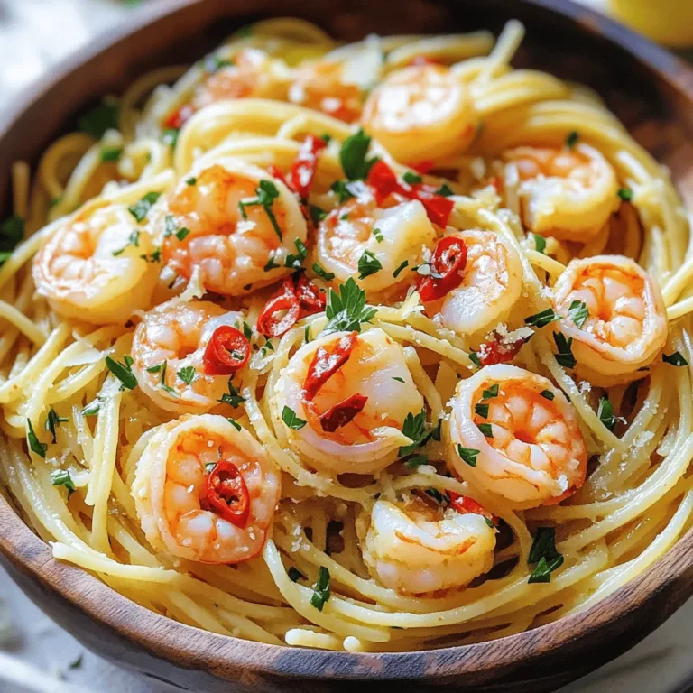 To make Garlic Chili Butter Shrimp Pasta, gather these items: - 8 oz spaghetti or linguine - 1 lb large shrimp, peeled and deveined - 4 tablespoons unsalted butter, divided - 5 cloves garlic, minced - 1-2 red chilies, finely chopped - 1 teaspoon chili flakes (optional) - 1 lemon, juiced and zested - 1/4 cup fresh parsley, finely chopped - Salt and freshly ground black pepper to taste - Grated Parmesan cheese for serving (optional) If you are missing an ingredient, here are some easy swaps: - Pasta: Use any pasta you like, such as penne or fettuccine. - Shrimp: Substitute with chicken or tofu for a different protein. - Butter: You can use olive oil for a lighter option. - Chilies: If you want less heat, use bell peppers instead. - Parsley: Fresh basil or cilantro can give a nice twist. To make this dish, you will need: - A large pot for boiling pasta - A large skillet for sautéing - A cutting board and knife for chopping - A measuring cup and spoons for accuracy - A serving bowl for tossing pasta These tools will help you create a delicious meal quickly and easily. Enjoy cooking! To start, bring a large pot of salted water to a boil. Use enough salt to make the water taste like the sea. This step is key for flavor. Once boiling, add 8 oz of spaghetti or linguine. Cook it according to the package instructions until it is al dente, which means it should still have a little bite. Remember to reserve 1 cup of pasta water before draining. This water will help later. Drain the pasta and set it aside in a large bowl. Now, let’s get to the shrimp. In a large skillet over medium heat, melt 2 tablespoons of butter. I love using unsalted butter for this. Once it melts, add 5 cloves of minced garlic. Sauté for about 1 minute. You want it to smell amazing, but don’t let it brown. Next, mix in 1-2 finely chopped red chilies and optional chili flakes if you like it spicy. Cook this for another 30 seconds to blend the flavors. Then, add the 1 lb of deveined shrimp to the skillet. Season with salt and freshly ground black pepper. Cook the shrimp for about 3-4 minutes. They should turn pink and opaque. Stir occasionally for even cooking. Now, for the best part! Once your shrimp are cooked, add the reserved pasta to the skillet. Pour in the fresh lemon juice and zest from 1 lemon. This adds a bright flavor. Toss everything together. Add the remaining 2 tablespoons of butter to create a lovely sauce. If it seems dry, splash in some reserved pasta water until you get a glossy look. Lastly, remove from heat and stir in 1/4 cup of finely chopped parsley. Taste and adjust the seasoning with more salt and pepper if needed. Now you’re ready to serve and enjoy this delicious dish! To cook shrimp just right, start with fresh or thawed shrimp. Avoid overcooking them. Cook shrimp until they turn pink and opaque. This usually takes about 3-4 minutes. Use medium heat for even cooking. Stir the shrimp often to ensure they cook evenly. Remember, shrimp will continue to cook after you take them off the heat. To change the spice level, you can add or reduce the amount of red chilies and chili flakes. If you prefer less spice, use one chili instead of two. You can also remove the seeds from the chilies for less heat. For more spice, add extra chili flakes or a dash of hot sauce. Always taste as you go to find your perfect balance. For a great presentation, use shallow bowls. Plate the pasta with a generous amount of shrimp on top. Garnish with chopped parsley and a lemon wedge for color. You can also sprinkle some grated Parmesan cheese on top if you like. This adds flavor and makes the dish look fancy. A beautiful presentation makes every meal feel special. {{image_4}} You can boost nutrition by adding veggies. I love using spinach or broccoli. Spinach wilts quickly, so add it near the end of cooking. For broccoli, steam or sauté it before mixing. You can also use bell peppers or zucchini for color and crunch. These veggies not only taste great but also give you extra vitamins. If you want a twist, try different pasta shapes. Penne or farfalle work well with this dish. You can even use whole wheat or gluten-free pasta. Just follow the cooking time on the package. Each type adds its own flavor and texture. Experiment to find your favorite! Herbs can change the taste of your dish. Instead of parsley, try basil for a fresh kick. Oregano or thyme also add depth. You can even mix herbs for a unique flavor. Just chop them finely and stir them in at the end. This small change can make a big difference in taste! To keep your Garlic Chili Butter Shrimp Pasta fresh, place it in an airtight container. Make sure the pasta cools down first. This helps it stay tasty and safe to eat. Store it in the fridge for up to three days. If you want to keep it longer, consider freezing it. When you’re ready to eat your leftovers, you can reheat them easily. The best way is to use a skillet. Add a splash of water or broth to keep it moist. Heat over medium heat, stirring often, until warm. You can also use the microwave. Place in a bowl, cover with a damp paper towel, and heat for one minute. Stir, then heat again if needed. If you want to save your pasta for later, freezing works great! Place the cooled pasta in a freezer-safe bag. Remove as much air as possible before sealing. It can last up to three months in the freezer. To eat, thaw it overnight in the fridge. Then, reheat it as shown above for a quick meal. If you want a substitute for shrimp, try chicken or tofu. Both options work well in this dish. Chicken should be cut into small pieces and cooked thoroughly. Tofu can be cubed and sautéed until golden. You can also use scallops or even fish like salmon for a new twist. Garlic Chili Butter Shrimp Pasta lasts about 3 days in the fridge. Store it in an airtight container to keep it fresh. When ready to eat, just reheat in a pan or microwave until warm. Yes, you can add heat without chilies. Use hot sauce or cayenne pepper instead. Start with a small amount and taste as you go. This lets you control the spice level and keeps the dish tasty. In this article, we covered the key points for making Garlic Chili Butter Shrimp Pasta. You learned about the ingredients, cooking steps, and tips for perfect shrimp. We also discussed ways to add veggies and alternative pasta options. Remember, storing leftovers properly keeps your meal fresh. Cooking can be both fun and simple. Explore these ideas to make your dish exciting. Enjoy your cooking journey!