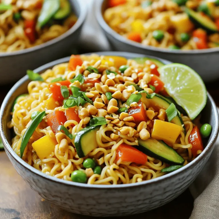 - 8 oz egg noodles or rice noodles - 1 cup mixed bell peppers, diced - 1 cup zucchini, cut into half-moon slices - 1 cup snap peas, trimmed - 1/2 cup roasted peanuts - 3 green onions, finely chopped - 2 tablespoons vegetable oil - 2 cloves garlic, minced - 1 inch piece of fresh ginger, grated - 3 tablespoons soy sauce - 2 tablespoons hoisin sauce - 1 tablespoon sesame oil - 1 tablespoon rice vinegar - 1 teaspoon red pepper flakes Kung Pao noodles are quick and fun to make. The main ingredients are simple. You’ll need noodles, bell peppers, and zucchini. Each adds great taste and color. The bell peppers give sweetness. Use red, yellow, and green for the best mix. Zucchini adds a nice crunch. Together, they make the dish bright and fresh. Next, add snap peas for extra texture. They are sweet and crisp. Roasted peanuts bring a nutty flavor. They also add a fun crunch. Don’t forget the green onions. They add a mild onion taste and a pop of green. For the sauce, you’ll need a mix of flavors. Vegetable oil is key for stir-frying. Garlic and ginger bring warmth and depth. Soy sauce and hoisin sauce add saltiness and sweetness. Sesame oil gives a rich, nutty taste. Rice vinegar adds a tangy kick. Use red pepper flakes for heat. Adjust them to match your spice level. Gather all these ingredients, and you are ready to cook. This dish is not only tasty but also colorful and fun to eat. Enjoy making and sharing it! - Cook 8 oz of egg noodles or rice noodles according to the package instructions. - Once cooked, drain them in a colander and set aside. - Heat 2 tablespoons of vegetable oil in a wok or skillet over medium-high heat. - Add 2 cloves of minced garlic and 1 inch of grated ginger. Sauté for 30 seconds until fragrant. - Stir in 1 cup of diced bell peppers, 1 cup of zucchini cut into half-moons, and 1 cup of trimmed snap peas. Stir-fry for 3-4 minutes until the vegetables are tender but still crisp. - Lower the heat to medium and toss in the reserved cooked noodles. Mix everything well to combine. - In a small bowl, whisk together 3 tablespoons of soy sauce, 2 tablespoons of hoisin sauce, 1 tablespoon of sesame oil, 1 tablespoon of rice vinegar, and 1 teaspoon of red pepper flakes. - Pour the sauce over the noodle and vegetable mixture. Toss to coat each noodle strand evenly. - Finally, fold in 1/2 cup of roasted peanuts and the chopped white parts of 3 green onions. Cook for an additional 1-2 minutes to meld the flavors together. - Taste and season with salt and freshly ground black pepper as needed. - Use pre-cut vegetables to save time on chopping. - Cook noodles in advance to speed up the process. When I make Kung Pao Noodles, I often buy pre-cut bell peppers and zucchini. This choice cuts my prep time in half. Cooking the noodles ahead lets me go straight to stir-frying. - Use high heat for quick cooking. - Stir-frying ensures crisp vegetables and perfect noodles. High heat is key. It keeps veggies bright and crunchy. I heat my wok until it shimmers before adding oil. This method helps lock in flavors and color. - Adjust the spice level to suit your taste. - Use fresh ingredients for the best flavor. I love spice, so I add extra red pepper flakes. If you prefer less heat, start with one teaspoon. Fresh veggies and herbs make a big difference. They add vibrant taste and texture to the dish. {{image_4}} You can switch up the protein in your Kung Pao noodles. Adding chicken, tofu, or shrimp can enhance the dish. - Chicken: Use diced boneless chicken thighs or breasts. Cook them in the wok first until golden brown. - Tofu: Choose firm or extra-firm tofu. Cut it into cubes and sauté until crispy. - Shrimp: Shrimp cooks quickly. Add it to the wok just after the garlic and ginger. If you prefer vegetarian options, tofu is a great choice. It absorbs flavors well and adds protein. Feel free to swap in seasonal vegetables for your Kung Pao noodles. This keeps the dish fresh and exciting. - Seasonal Veggies: Try broccoli, carrots, or snap peas depending on the season. They all add color and crunch. - Different Peppers: Use jalapeños for heat or poblano for a smoky flavor. Bell peppers can also be mixed for a colorful look. Experimenting with veggies makes your dish unique each time. You can make your own Kung Pao sauce for a personal touch. This lets you control the flavors. - Homemade Sauce: Mix soy sauce, hoisin sauce, sesame oil, and rice vinegar. Adjust the ratios to your taste! - Spicy or Sweet: Add more red pepper flakes for heat or honey for sweetness. This can change the whole dish. Feel free to get creative with your sauce! It’s a fun way to make the dish your own. To keep your Kung Pao noodles fresh, store leftovers in an airtight container. This helps prevent moisture and keeps the flavors intact. You can safely refrigerate them for up to three days. After that, the noodles may lose their texture and taste. When reheating, use the stovetop for the best results. Heat a little oil in a pan and toss in the noodles. Stir them often to warm evenly. This method helps avoid sogginess in the noodles. If using a microwave, add a splash of water and cover the bowl. Heat in short bursts, stirring in between to ensure even warming. Yes, you can easily make Kung Pao Noodles vegetarian. Here are some options for replacing meat: - Use tofu for protein. Firm tofu works best. - Try tempeh, which has a nice texture. - Add more vegetables like mushrooms or eggplant for extra flavor. - Use chickpeas for a hearty twist. To make Kung Pao Noodles spicier, consider these suggestions: - Add extra red pepper flakes to the sauce. - Include sliced fresh chili peppers. Thai bird chilies are great. - Use spicy chili oil when you stir-fry. - Try a dash of sriracha or hot sauce for heat. If you have nut allergies or dietary preferences, consider these alternatives: - Sunflower seeds provide a nice crunch. - Use pumpkin seeds for a different flavor. - Try crispy chickpeas for added protein. - Opt for toasted sesame seeds for a nutty taste. You can create delightful Kung Pao Noodles using simple ingredients and steps. We covered the key items, from noodles to sauces. Quick cooking tips help you save time. Remember, you can customize your dish with proteins and veggies. Proper storage keeps leftovers fresh. Enjoy experimenting with flavors and make this recipe your own. With practice, you'll master a beloved dish that fits your taste!