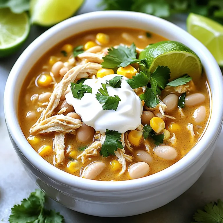 To make Slow Cooker White Chicken Chili, you need a few simple ingredients. Each one adds a special touch to the dish. Here is the list of ingredients: - 2 boneless, skinless chicken breasts - 1 can (15 oz) white beans (cannellini or great northern), rinsed and drained - 1 can (4 oz) diced green chilies - 1 medium onion, finely diced - 2 cloves garlic, minced - 1 cup corn (fresh, frozen, or canned) - 4 cups low-sodium chicken broth - 1 teaspoon ground cumin - 1 teaspoon chili powder - 1/2 teaspoon smoked paprika - Salt and pepper to taste - 1 cup sour cream or Greek yogurt - 1 cup shredded Monterey Jack cheese - Fresh cilantro, chopped, for garnish - Lime wedges for serving Each ingredient plays a role. The chicken provides a juicy base. The white beans add creaminess and protein. Diced green chilies bring heat and flavor. Onion and garlic give a nice aroma. Corn adds sweetness and texture. Using low-sodium chicken broth keeps the dish healthy. Seasonings like cumin, chili powder, and smoked paprika create depth. Sour cream or Greek yogurt makes it creamy. Finally, fresh cilantro and lime add brightness. I love how this chili is both simple and satisfying. You can easily find all these ingredients at the store. Feel free to swap some based on what you prefer or have at home. Enjoy cooking! 1. Layering the Chicken at the Bottom Start by placing the two boneless, skinless chicken breasts at the bottom of your slow cooker. This forms the base of your chili and helps keep the meat tender. 2. Adding Beans, Chilies, and Vegetables Next, add the rinsed white beans, the can of diced green chilies, and the finely diced onion. Don't forget the minced garlic and corn! Layer these ingredients right on top of the chicken. This keeps the flavors rich and balanced. 3. Pouring in Broth and Seasoning Now, pour in the four cups of low-sodium chicken broth. This adds moisture and flavor. Season with one teaspoon of ground cumin, one teaspoon of chili powder, and half a teaspoon of smoked paprika. Add salt and pepper to taste. Give everything a gentle stir to mix well. 1. Setting the Slow Cooker Secure the lid on the slow cooker. Set it to cook on low for 6 to 8 hours. You can also choose high for 3 to 4 hours if you’re short on time. 2. Cooking Time and Temperature Let the slow cooker do its magic. The chicken should be tender and fully cooked when time is up. You can check it by cutting into the chicken. It should be white all the way through. 1. Shredding the Chicken Once cooked, carefully take out the chicken breasts. Place them on a cutting board. Use two forks to shred them into bite-sized pieces. Return the shredded chicken to the pot. 2. Incorporating Dairy Now, mix in one cup of sour cream or Greek yogurt. Add one cup of shredded Monterey Jack cheese. Stir until the cheese melts and the chili becomes creamy. 3. Adjusting Seasoning for Taste Taste your chili. Add more salt, pepper, or spices if needed. This step helps you get the flavor just right. Let the chili cook for an extra 15 minutes. This lets all the flavors blend together. Ladle the hot chili into bowls and enjoy! - Adding Fresh Herbs and Spices: Fresh herbs like cilantro can elevate your chili. Their bright taste adds depth. You can mix them in at the end for a fresh burst. Spices like cumin and smoked paprika bring warmth. Adjust these to match your taste. - Options for Extra Creaminess: Sour cream or Greek yogurt makes this chili rich. You can blend it in for smoothness. For a twist, try adding cream cheese or a splash of heavy cream. This will enhance the texture, making it feel luxurious. - Recommended Slow Cooker Type: A 6-quart slow cooker works best for this recipe. It gives enough space for all your ingredients. Look for one with a non-stick insert for easy cleanup. - Essential Cooking Tools for Preparation: A good knife and cutting board are key for prepping. Use measuring cups and spoons for accuracy. A can opener is a must for beans and chilies. Keep a pair of tongs handy for shredding chicken too. - Bowl Presentation Ideas: Serve your chili in warm bowls for comfort. Garnish with chopped cilantro and a lime wedge. This adds color and freshness. For crunch, offer crispy tortilla chips on the side. - Best Sides to Serve with Chili: Cornbread is a classic side. It pairs well with the chili's creaminess. A simple salad can balance the meal too. Try a light green salad with a citrus dressing. {{image_4}} You can change the meat if you want. Instead of chicken, use turkey. This keeps the dish leaner. For a vegetarian option, try using hearty mushrooms or lentils. They add great texture and flavor. You can also switch the beans. Use black beans or pinto beans if you prefer. Both add a nice taste and color to your chili. You can make the chili as mild or spicy as you like. For a milder taste, skip the green chilies or use fewer spices. Adding more sour cream can help reduce heat too. To spice it up, add jalapeños or more chili powder. If you want more depth, try adding cayenne pepper. Just a pinch can go a long way. If you're looking for gluten-free tips, this recipe is already safe. All the ingredients are gluten-free, so enjoy without worry. For low-fat alternatives, choose skinless chicken thighs instead of breasts. You can also use low-fat yogurt instead of sour cream. These swaps keep flavor while cutting fat. To store leftover chili, let it cool first. Use an airtight container for storage. Place the chili in the fridge within two hours of cooking. It will stay fresh for three to four days. Always label the container with the date. This helps you keep track of how long it’s been stored. If you have more chili than you can eat, freezing is a great option. Allow the chili to cool completely before freezing. Use freezer-safe containers or bags. Leave some space for the chili to expand. It can last up to three months in the freezer. When ready to eat, thaw it overnight in the fridge. You can reheat chili on the stovetop or in the microwave. For the stovetop, heat on medium until warm, stirring often. This method helps keep the texture nice. In the microwave, use a microwave-safe bowl. Heat in short bursts, stirring in between. This prevents hot spots and keeps it creamy. Always check if it's hot throughout before serving. You can store Slow Cooker White Chicken Chili in the fridge for up to four days. Make sure you keep it in an airtight container. This helps keep the flavors fresh. If you want to store it longer, consider freezing it. In the freezer, it can last for about three months. Cooking frozen chicken in a slow cooker is not safe. The chicken may not reach a safe temperature quickly. This can allow harmful bacteria to grow. Instead, thaw the chicken first. You can do this in the fridge overnight or in cold water for a faster option. Once thawed, you can add it to the slow cooker with the other ingredients. To make your meal complete, serve it with warm tortilla chips or cornbread. You can also add a fresh salad on the side. For an extra touch, top the chili with chopped cilantro and a squeeze of lime. This adds freshness and flavor to each bite! This blog post shared a simple recipe for Slow Cooker White Chicken Chili. We covered key ingredients, step-by-step cooking, tips for flavor, and variations. You now know how to store leftovers and what to serve with this dish. I hope this guides you in making a tasty meal that everyone will love. Enjoy your cooking journey!
