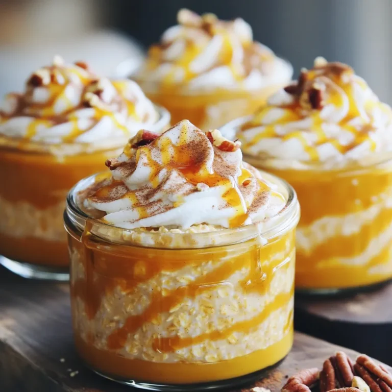 - 1 cup rolled oats - 1 cup almond milk (or any milk of your choice) - 1/2 cup canned pumpkin puree - 2 tablespoons maple syrup (or honey for sweetness) - 1 teaspoon pure vanilla extract - 1/2 teaspoon pumpkin pie spice - 1/4 teaspoon ground cinnamon - Pinch of salt - 1/4 cup Greek yogurt (optional, for added creaminess) - Chopped pecans or walnuts, for topping (optional) - Whipped cream or coconut whipped cream (optional, for garnish) You will need just a few simple ingredients for this tasty dish. Start with rolled oats. They provide a great base. Almond milk, or any milk you prefer, gives creaminess. Canned pumpkin puree is key for that rich flavor. Sweeten with maple syrup or honey to your liking. Don’t forget pure vanilla extract. It adds a nice depth. Pumpkin pie spice and ground cinnamon bring warm, cozy flavors. A pinch of salt boosts all the tastes. Greek yogurt is optional, but it makes your oats creamy. For a delightful crunch, top with chopped pecans or walnuts. If you want to indulge, add whipped cream or coconut whipped cream on top. This mix of ingredients makes for a comforting and filling breakfast. Enjoy making these pumpkin latte overnight oats! - In a medium mixing bowl, combine 1 cup of rolled oats with 1 cup of almond milk and 1/2 cup of canned pumpkin puree. - Next, mix in 2 tablespoons of maple syrup, 1 teaspoon of pure vanilla extract, 1/2 teaspoon of pumpkin pie spice, 1/4 teaspoon of ground cinnamon, and a pinch of salt. If you like it creamy, add 1/4 cup of Greek yogurt. - Stir the mixture until well blended. Make sure the oats get coated with the pumpkin mixture. - Carefully transfer the oat mixture into jars or containers. - Seal each jar tightly to keep everything fresh. - Place the jars in the refrigerator overnight or for at least 4 hours. This helps the oats absorb the liquid and gain flavor. - The next morning, stir the oats well. If the oats seem too thick, just add a splash of almond milk to get your desired texture. To make your Pumpkin Latte Overnight Oats even better, try adding spices. A dash of nutmeg or a hint of ginger can add warmth. Using high-quality ingredients also matters. Fresh pumpkin puree and pure maple syrup will boost the taste. Look for brands without added sugars to keep it natural. Layer your oats in a clear glass jar for a stunning look. Start with oats, then some yogurt, and top with nuts. This way, you create a beautiful visual appeal. For garnish, a dollop of whipped cream or a sprinkle of pumpkin pie spice makes it pop. You can even add a few chocolate chips if you want. The oats may thicken overnight. If you prefer a creamier texture, add almond milk or yogurt. Stir in a little at a time until you find the right balance for you. Everyone likes their oats differently, so adjust it to your taste! {{image_4}} You can use different types of milk for your overnight oats. Almond milk is great, but don't stop there! Try coconut milk for a creamy texture. Soy milk adds protein, while oat milk has a mild flavor. Each milk gives a unique taste to your oats. Want to mix it up? You can add chocolate or caramel flavors for a sweet twist. Just stir in a spoonful of cocoa powder or caramel sauce. You can also explore seasonal flavors beyond pumpkin. Think of using apple pie spice in fall or fresh berries in summer. Each season brings new tastes to enjoy! Toppings can take your oats to the next level. Use chopped nuts like almonds or hazelnuts for crunch. Seeds like pumpkin or sunflower seeds add texture too. For a fresh burst, add slices of banana or berries on top. These toppings not only look good but also taste great! For the best results, store your pumpkin latte overnight oats in glass jars. They keep the oats fresh and let you see the pretty layers. Make sure to seal each jar tightly. This helps keep air out and flavors in. You can also use plastic containers if glass isn’t handy. Just ensure they are airtight. These oats last about 3 to 5 days in the fridge. This makes them great for meal prep. If you want to store them longer, you can freeze them. Just remember to use freezer-safe jars. They can stay fresh for up to 3 months in the freezer. To thaw, place them in the fridge overnight. You can eat these oats cold right from the fridge. If you prefer them warm, heat them in the microwave. Just add a splash of almond milk to keep them creamy. For busy mornings, top your oats with nuts and whipped cream. This adds flavor and makes breakfast fun! You can use steel-cut oats, but the texture will change. Steel-cut oats are chewier and take longer to soak. They need more liquid and time to soften. If you prefer a creamier texture, stick with rolled oats. They are quicker to soak and absorb flavors well. Yes, you can easily make this recipe vegan. Use almond milk or any plant-based milk. Replace Greek yogurt with a dairy-free yogurt. Use maple syrup for sweetness instead of honey. These swaps keep the rich flavor while making it dairy-free. Yes, eating overnight oats daily can be great! They are packed with fiber, vitamins, and minerals. You can mix in different toppings to keep it interesting. Just be mindful of portion sizes and add variety to your ingredients for well-rounded nutrition. This blog post showed you how to make delicious overnight oats with pumpkin. You learned about the key ingredients, the preparation steps, and tips for flavor and storage. Remember, you can adjust the recipe with different milks or toppings. Feel free to experiment and find what you love. Overnight oats are an easy, healthy choice for busy mornings. Enjoy your tasty creations!