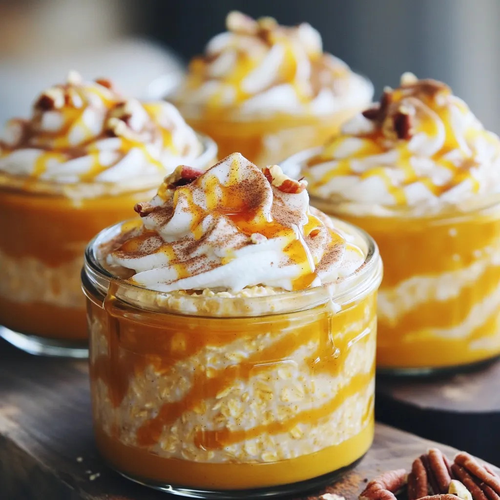 - 1 cup rolled oats - 1 cup almond milk (or any milk of your choice) - 1/2 cup canned pumpkin puree - 2 tablespoons maple syrup (or honey for sweetness) - 1 teaspoon pure vanilla extract - 1/2 teaspoon pumpkin pie spice - 1/4 teaspoon ground cinnamon - Pinch of salt - 1/4 cup Greek yogurt (optional, for added creaminess) - Chopped pecans or walnuts, for topping (optional) - Whipped cream or coconut whipped cream (optional, for garnish) You will need just a few simple ingredients for this tasty dish. Start with rolled oats. They provide a great base. Almond milk, or any milk you prefer, gives creaminess. Canned pumpkin puree is key for that rich flavor. Sweeten with maple syrup or honey to your liking. Don’t forget pure vanilla extract. It adds a nice depth. Pumpkin pie spice and ground cinnamon bring warm, cozy flavors. A pinch of salt boosts all the tastes. Greek yogurt is optional, but it makes your oats creamy. For a delightful crunch, top with chopped pecans or walnuts. If you want to indulge, add whipped cream or coconut whipped cream on top. This mix of ingredients makes for a comforting and filling breakfast. Enjoy making these pumpkin latte overnight oats! - In a medium mixing bowl, combine 1 cup of rolled oats with 1 cup of almond milk and 1/2 cup of canned pumpkin puree. - Next, mix in 2 tablespoons of maple syrup, 1 teaspoon of pure vanilla extract, 1/2 teaspoon of pumpkin pie spice, 1/4 teaspoon of ground cinnamon, and a pinch of salt. If you like it creamy, add 1/4 cup of Greek yogurt. - Stir the mixture until well blended. Make sure the oats get coated with the pumpkin mixture. - Carefully transfer the oat mixture into jars or containers. - Seal each jar tightly to keep everything fresh. - Place the jars in the refrigerator overnight or for at least 4 hours. This helps the oats absorb the liquid and gain flavor. - The next morning, stir the oats well. If the oats seem too thick, just add a splash of almond milk to get your desired texture. To make your Pumpkin Latte Overnight Oats even better, try adding spices. A dash of nutmeg or a hint of ginger can add warmth. Using high-quality ingredients also matters. Fresh pumpkin puree and pure maple syrup will boost the taste. Look for brands without added sugars to keep it natural. Layer your oats in a clear glass jar for a stunning look. Start with oats, then some yogurt, and top with nuts. This way, you create a beautiful visual appeal. For garnish, a dollop of whipped cream or a sprinkle of pumpkin pie spice makes it pop. You can even add a few chocolate chips if you want. The oats may thicken overnight. If you prefer a creamier texture, add almond milk or yogurt. Stir in a little at a time until you find the right balance for you. Everyone likes their oats differently, so adjust it to your taste! {{image_4}} You can use different types of milk for your overnight oats. Almond milk is great, but don't stop there! Try coconut milk for a creamy texture. Soy milk adds protein, while oat milk has a mild flavor. Each milk gives a unique taste to your oats. Want to mix it up? You can add chocolate or caramel flavors for a sweet twist. Just stir in a spoonful of cocoa powder or caramel sauce. You can also explore seasonal flavors beyond pumpkin. Think of using apple pie spice in fall or fresh berries in summer. Each season brings new tastes to enjoy! Toppings can take your oats to the next level. Use chopped nuts like almonds or hazelnuts for crunch. Seeds like pumpkin or sunflower seeds add texture too. For a fresh burst, add slices of banana or berries on top. These toppings not only look good but also taste great! For the best results, store your pumpkin latte overnight oats in glass jars. They keep the oats fresh and let you see the pretty layers. Make sure to seal each jar tightly. This helps keep air out and flavors in. You can also use plastic containers if glass isn’t handy. Just ensure they are airtight. These oats last about 3 to 5 days in the fridge. This makes them great for meal prep. If you want to store them longer, you can freeze them. Just remember to use freezer-safe jars. They can stay fresh for up to 3 months in the freezer. To thaw, place them in the fridge overnight. You can eat these oats cold right from the fridge. If you prefer them warm, heat them in the microwave. Just add a splash of almond milk to keep them creamy. For busy mornings, top your oats with nuts and whipped cream. This adds flavor and makes breakfast fun! You can use steel-cut oats, but the texture will change. Steel-cut oats are chewier and take longer to soak. They need more liquid and time to soften. If you prefer a creamier texture, stick with rolled oats. They are quicker to soak and absorb flavors well. Yes, you can easily make this recipe vegan. Use almond milk or any plant-based milk. Replace Greek yogurt with a dairy-free yogurt. Use maple syrup for sweetness instead of honey. These swaps keep the rich flavor while making it dairy-free. Yes, eating overnight oats daily can be great! They are packed with fiber, vitamins, and minerals. You can mix in different toppings to keep it interesting. Just be mindful of portion sizes and add variety to your ingredients for well-rounded nutrition. This blog post showed you how to make delicious overnight oats with pumpkin. You learned about the key ingredients, the preparation steps, and tips for flavor and storage. Remember, you can adjust the recipe with different milks or toppings. Feel free to experiment and find what you love. Overnight oats are an easy, healthy choice for busy mornings. Enjoy your tasty creations!