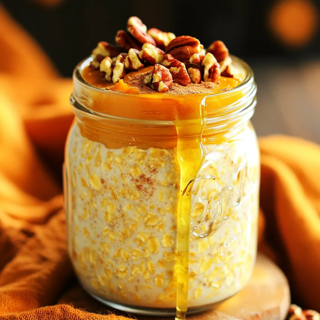 To make pumpkin spice overnight oats, you need simple ingredients. Here is what you will need: - 1 cup rolled oats - 1 cup almond milk (or any milk of your choice) - 1/2 cup canned pumpkin puree - 1 tablespoon maple syrup - 1 teaspoon pumpkin pie spice - 1/2 teaspoon vanilla extract - A pinch of salt - 1/4 cup Greek yogurt (optional, for added creaminess) - Chopped pecans or walnuts for topping - A sprinkle of cinnamon for garnish Each ingredient plays a vital role. The rolled oats are the base. They provide fiber and keep you full. Almond milk adds creaminess and flavor. Canned pumpkin puree gives the dish its rich taste and color. Maple syrup offers sweetness. Pumpkin pie spice brings that fall flavor we all love. Vanilla extract enhances the overall taste. Salt balances the sweetness and flavors. Greek yogurt is optional but adds creaminess and protein. Toppings like chopped nuts add crunch. Cinnamon on top gives a lovely aroma. These ingredients come together to create a delicious and filling breakfast. They make for a great start to your day. - First, take a mixing bowl. Add 1 cup of rolled oats. - Pour in 1 cup of almond milk. This will help soften the oats. - Next, add 1/2 cup of canned pumpkin puree. This gives flavor and color. - Then, mix in 1 tablespoon of maple syrup for sweetness. - Add 1 teaspoon of pumpkin pie spice for that warm fall taste. - Include 1/2 teaspoon of vanilla extract for a hint of sweetness. - Lastly, add a pinch of salt to balance the flavors. - If you want creaminess, stir in 1/4 cup of Greek yogurt now. - Use a spoon or whisk to stir the mixture well. - Make sure all ingredients blend together evenly. - Check for clumps of oats or pumpkin. You want a smooth mixture. - Mixing well ensures every bite is tasty. - Place the mixed oats into an airtight container. - You can also use individual jars for easy breakfast servings. - Seal the container tightly to keep everything fresh. - Put it in the fridge for at least 4 hours. For the best results, soak overnight. - Soaking overnight helps the oats absorb flavors. This gives a creamy texture. - In the morning, stir the oats well before serving. - If you like it thinner, add a splash of milk and mix again. To make the best pumpkin spice overnight oats, timing is key. I recommend soaking them overnight. This lets the oats soak up all the yummy flavors. If you are short on time, four hours will still work. However, the longer soak gives you creamier oats. You can adjust the thickness of your oats easily. If you want them thicker, add less milk. If you prefer a runnier texture, just splash in more milk. Almond milk is my favorite choice, but feel free to use any milk you like. Spices can really boost the flavor of your oats. Try adding a pinch of nutmeg or cardamom for extra warmth. You could also swap maple syrup with honey or brown sugar for different sweetness. Garnishing is also fun! Top your oats with chopped pecans or walnuts for a nice crunch. A sprinkle of cinnamon on top not only looks pretty but adds a nice scent too. Enjoy your beautiful breakfast! {{image_4}} You can switch up the milk in your oats. Almond milk works well, but any milk is fine. Try oat milk or coconut milk for new flavors. Each type of milk adds a unique taste and texture. You may also want to try non-dairy milk if you have allergies. When it comes to sweeteners, maple syrup is great, but it's not your only option. Honey can add a nice touch. Agave syrup or stevia are alternatives too. Just remember to adjust the amount based on your taste. Let’s get creative for the holidays! For a Christmas twist, add cranberry sauce or chopped apples. This change gives a festive flavor. You can also swap the pumpkin for ripe banana or even mashed sweet potato. In summer, fresh fruit can brighten your oats. Consider adding strawberries or blueberries. These fruits can add freshness and a burst of color. They pair nicely with the spices, making your breakfast even more fun. Enjoy experimenting with these variations! To keep your pumpkin spice overnight oats fresh, use an airtight container. This helps lock in moisture and flavor. If you store them in jars, make sure the lids fit tightly. I suggest keeping the oats in the refrigerator. They will stay fresh for up to five days. If you want the best taste, eat them within three days. Yes, you can freeze overnight oats! This is great for meal prep. To freeze, place the oats in freezer-safe containers. Leave some space at the top for expansion. When you are ready to eat, move them to the fridge to thaw overnight. If you need them fast, you can microwave them for a minute. Stir well before eating. Pumpkin spice overnight oats are not just tasty; they are also good for you. These oats pack a nutritional punch. They provide fiber, vitamins, and minerals. - Rolled oats help keep you full and support digestion. - Canned pumpkin puree is rich in beta-carotene, which is great for your eyes. - Almond milk offers calcium for strong bones. - Maple syrup adds a touch of sweetness with fewer calories than regular sugar. - Pumpkin pie spice contains cinnamon, which may help with blood sugar control. - Greek yogurt (if added) boosts protein, making your meal more filling. Each ingredient plays a role in keeping you healthy while enjoying this fall favorite. Yes, you can easily make this recipe vegan. Just swap out a few ingredients. - Use almond milk or any plant-based milk instead of dairy milk. - Omit the Greek yogurt or use a plant-based yogurt for creaminess. With these substitutions, you can enjoy a delicious vegan breakfast without losing flavor. You can store overnight oats in the fridge for up to five days. - Keep them in an airtight container to maintain freshness. - If you notice any changes in texture or smell, it’s best to toss them. - You can also freeze them for longer storage, but they may change in texture once thawed. Following these tips will help you enjoy your oats safely! This post covered a straightforward recipe for pumpkin spice overnight oats. We explored key ingredients, mixing methods, and storage tips. You can easily adapt the recipe for your taste and needs. With options for vegan alternatives and seasonal twists, it's versatile and fun. Enjoy the health benefits while savoring a delicious breakfast. Simple steps lead to great flavor. I hope you find joy in making this tasty dish.