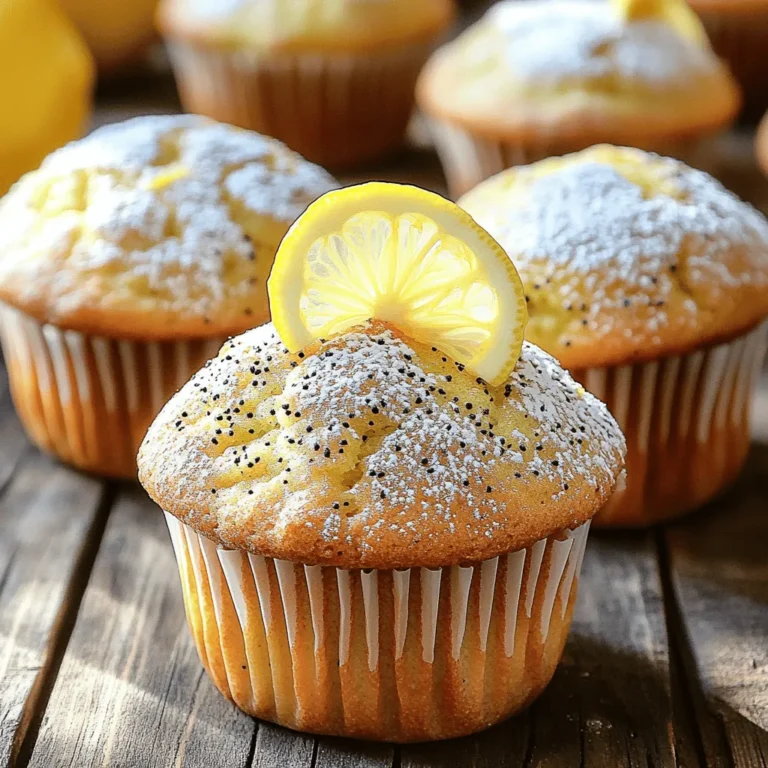 For Lemon Poppy Seed Muffins, gather these fresh ingredients: - 1 ½ cups all-purpose flour - 1 tablespoon poppy seeds - 1 teaspoon baking powder - ½ teaspoon baking soda - ½ teaspoon salt - ½ cup unsalted butter, softened to room temperature - 1 cup granulated sugar - 2 large eggs, at room temperature - Zest from 2 medium lemons - ¼ cup freshly squeezed lemon juice - ½ cup buttermilk, at room temperature - 1 teaspoon pure vanilla extract If you need alternatives, here are some great options: - Use whole wheat flour for a nutty flavor. - Swap poppy seeds for chia seeds if you prefer. - Greek yogurt can replace buttermilk for creaminess. - Any granulated sugar works, but coconut sugar adds a nice taste. Using fresh ingredients is key to great muffins. Fresh lemons give a bright, zesty flavor. Old flour can make muffins dense and dry. Butter should be at room temperature for easy mixing. Fresh eggs help the muffins rise well, creating a light texture. Always choose the best ingredients for delicious results. Start by preheating your oven to 350°F (175°C). This helps bake the muffins evenly. Next, prepare your muffin tin. You can line it with paper liners or spray it lightly with a non-stick cooking spray. This step keeps the muffins from sticking. Filling the tin with 12 cups is perfect for this recipe. In a medium bowl, sift together 1 ½ cups of flour, 1 tablespoon of poppy seeds, 1 teaspoon of baking powder, ½ teaspoon of baking soda, and ½ teaspoon of salt. This mixing ensures that the dry ingredients blend well. Set this bowl aside. In a large bowl, use an electric mixer to cream together ½ cup of softened butter and 1 cup of granulated sugar. Beat this mixture for about 3-4 minutes until it looks light and fluffy. Add 2 large eggs one at a time, mixing well after each. Then, mix in the zest from 2 lemons and 1 teaspoon of vanilla extract. Gradually add the flour mix and alternate it with ¼ cup of fresh lemon juice and ½ cup of buttermilk. Start and end with the flour mixture. Mix just until combined, avoiding overmixing to keep the muffins soft. Spoon the batter into the prepared muffin cups, filling them about two-thirds full. This gives the muffins room to rise. Bake in the preheated oven for 15-20 minutes. Use a toothpick to check if they are done. Insert it into the center of a muffin; it should come out clean. If it does, the muffins are ready. Let them cool in the tin for about 5 minutes before moving them to a wire rack. Enjoy the lovely aroma as they cool! To get the best texture in your muffins, use room-temperature ingredients. This helps them mix well. Cream the butter and sugar until light and fluffy. This step adds air, making the muffins rise. Be gentle when mixing the dry and wet ingredients. Overmixing can make them tough. One common mistake is not measuring flour correctly. Use a spoon to scoop it into a measuring cup, then level it off. Do not pack it down. Another mistake is skipping the zest. Lemon zest adds bright flavor. Also, avoid opening the oven door too early. This can cause the muffins to sink. You can boost the flavor of your muffins easily. Try adding blueberries for a fruity twist. You can also mix in some chopped nuts for crunch. For a unique taste, consider adding a splash of almond extract. Each of these additions can make your muffins even more delightful. {{image_4}} You can easily make gluten-free lemon poppy seed muffins. Replace all-purpose flour with a gluten-free blend. Look for one that includes xanthan gum. This helps the muffins rise and stay fluffy. Use the same amount of the gluten-free flour as the recipe calls for. This way, you keep the same texture and taste. You can mix it up with other flavors. Add blueberries for a fruity twist. Just fold in about one cup of fresh or frozen blueberries into the batter before baking. Another option is to make a lemon poppy seed loaf instead of muffins. Use a loaf pan and bake for about 50-60 minutes. The taste remains bright and fresh with each bite. Berries are a great way to change things up. Try adding raspberries or strawberries in the spring and summer. In fall, consider incorporating spices like cinnamon or nutmeg. A pinch can really warm the flavors. For winter, add a touch of orange zest for a festive flair. Each season brings new flavors and fun to your muffins! To keep your lemon poppy seed muffins fresh, store them in an airtight container. A good option is to use a zip-top bag or a plastic container with a lid. This method helps keep the muffins soft and moist. Place a paper towel in the container to absorb any excess moisture. This also helps prevent sogginess. If you want to save some muffins for later, freezing is a great choice. First, let the muffins cool completely. Wrap each muffin tightly in plastic wrap. Place the wrapped muffins in a freezer-safe bag or container. Label the bag with the date to keep track. When you are ready to enjoy a muffin, take it out of the freezer. You can thaw it overnight in the fridge. For a warm muffin, heat it in the microwave for about 20-30 seconds. Lemon poppy seed muffins stay fresh at room temperature for about 2-3 days. If you store them in the fridge, they can last up to a week. However, freezing them will give you the longest shelf life—up to three months. Always check for any signs of spoilage before eating. Enjoy these tasty treats while they are still fresh! Yes, you can make these muffins ahead of time. I often bake them the night before. Just cool them completely, then store them in an airtight container. They will stay fresh for a few days. If you want to keep them longer, you can freeze them. Wrap each muffin in plastic wrap and place them in a freezer bag. They will taste great even after a month. When ready to eat, just thaw and warm them up in the oven. The best way to serve lemon poppy seed muffins is warm. I suggest lightly dusting them with powdered sugar. You can also add a thin slice of lemon on top for flair. This makes them look inviting and adds a fresh touch. Pair them with tea or coffee for a delightful snack. You can serve them as a breakfast treat or an afternoon snack. To make these muffins healthier, you can swap some ingredients. Use whole wheat flour instead of all-purpose flour. This adds fiber and nutrients. You can also reduce the sugar by half, or use honey or maple syrup as a sweetener. For a lighter option, try replacing some butter with unsweetened applesauce. This keeps the muffins moist and adds natural sweetness. Lastly, consider adding nuts or seeds for extra crunch and nutrition. You learned how to make tasty muffins using fresh, quality ingredients. Following the steps from mixing to baking, you can achieve the perfect texture. Remember to avoid common mistakes and feel free to try various flavors. Storage is simple, and you can even freeze leftovers. With these tips and tricks, you will impress friends and family. Enjoy your baking journey and share your delicious muffins with loved ones!