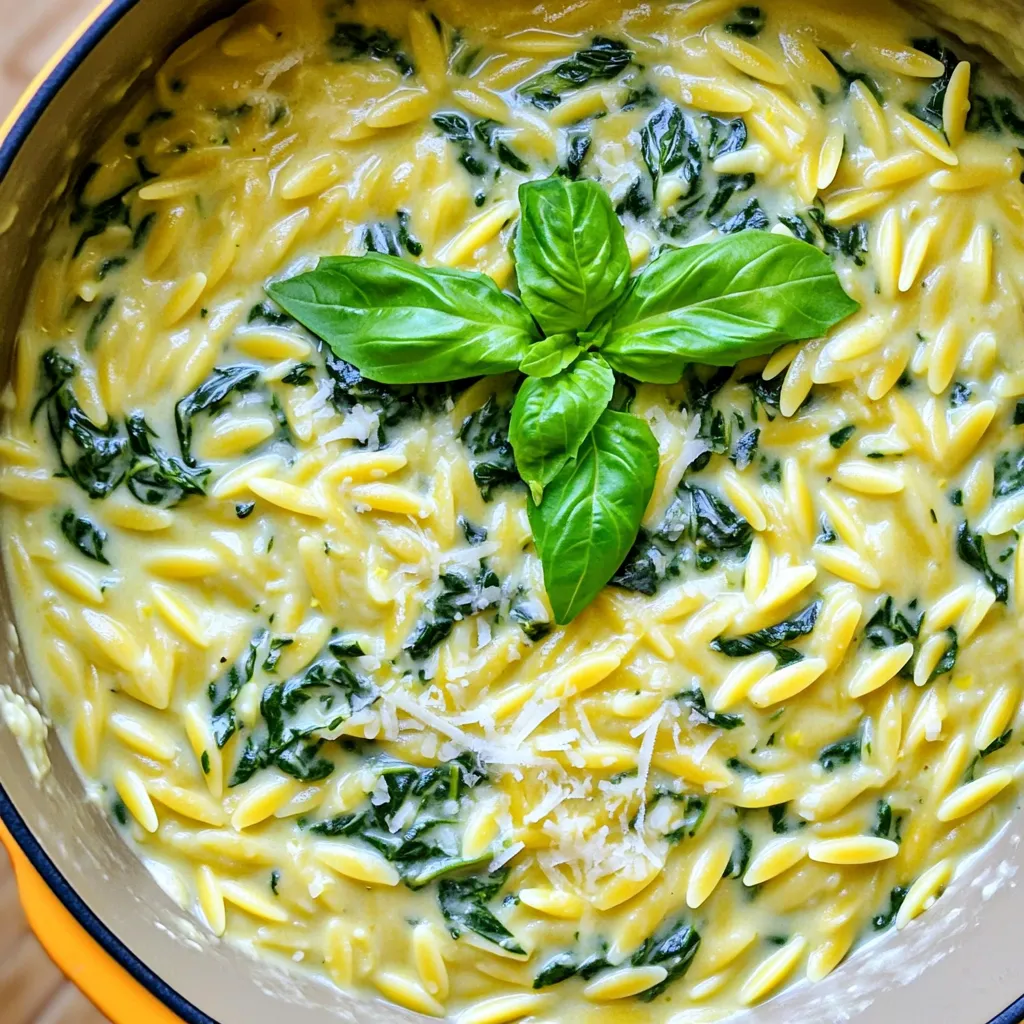 To make One-Pot Creamy Lemon Spinach Orzo, you need a few key items. Each ingredient plays a special role in making this dish creamy and full of flavor. - 1 cup orzo pasta - 2 cups vegetable broth - 1 cup fresh spinach, chopped - 1/2 cup heavy cream - 1/2 cup grated Parmesan cheese - 1 tablespoon olive oil - 2 cloves garlic, minced - Juice and zest of 1 lemon - Salt and pepper to taste - 1/4 teaspoon red pepper flakes (optional) - Fresh basil or parsley for garnish Orzo pasta and vegetable broth form the base of this dish. The orzo cooks up tender and absorbs all the flavors. The broth adds a savory depth to every bite. Creamy components like heavy cream and Parmesan cheese create a rich sauce that coats the orzo. This makes each spoonful feel luxurious and satisfying. Flavor enhancers include garlic, olive oil, lemon juice, and zest. Garlic gives a warm aroma. Olive oil adds richness. Lemon juice and zest brighten the dish, making it fresh and zesty. Fresh additions are the chopped spinach and garnish options. Spinach wilts down, adding color and nutrients. Fresh basil or parsley on top adds a pop of green and enhances the taste. Gather these ingredients, and you’re ready to create a delicious meal! Start by heating olive oil in a large pot over medium heat. When the oil is hot, add minced garlic. Sauté the garlic for about one minute. You want it fragrant but not brown. This step adds a rich flavor to our dish. Next, add one cup of orzo pasta to the pot. Stir continuously to coat the orzo in the garlicky oil. Toast the orzo for about two minutes. You want it to turn slightly golden. This step enhances the flavor of the orzo. Now, gently pour in two cups of vegetable broth. Stir the mixture to combine everything well. Raise the heat and bring it to a gentle boil. Once it boils, cover the pot and reduce the heat to low. Let it simmer for about ten minutes. This allows the orzo to cook al dente while soaking up most of the liquid. After the orzo has cooked, fold in one cup of chopped spinach. Then, add half a cup of heavy cream and half a cup of grated Parmesan cheese. Squeeze in the juice of one lemon and add its zest too. Stir everything to combine. Let it cook for another two to three minutes. This helps the spinach wilt and makes the dish creamy. Finally, season the mixture with salt and pepper. You can also add red pepper flakes for a little heat, if you like. Remove the pot from the heat and let it sit for a couple of minutes. This resting time helps thicken the sauce, making it even creamier. Serve the creamy orzo in bowls, garnished with fresh basil or parsley for extra flavor and a lovely pop of color. - Perfecting al dente orzo: To achieve the perfect al dente texture, aim for a cooking time of about 10 minutes. Stir the orzo often while it cooks. This helps it cook evenly and prevents sticking. Remember, the orzo will continue to cook slightly after you remove it from heat. - Tips for a creamy texture: Use heavy cream for a rich and velvety sauce. After adding the cream, let the mix simmer for a few minutes. This allows the flavors to meld and thicken. If the sauce seems too thick, add a splash of vegetable broth to loosen it. - Suggestions for adding protein: You can easily make this dish heartier by adding protein. Grilled chicken, shrimp, or chickpeas work well. Stir them in just before serving to warm them up without overcooking. - Adjusting spices to personal preference: Feel free to customize the spices. Add more red pepper flakes for heat or a pinch of nutmeg for warmth. Fresh herbs like basil or parsley can also bring extra flavor. Don't be shy; taste as you go to find your ideal balance! {{image_4}} You can easily switch up the orzo in this dish. Other pasta types like quinoa or couscous work well too. Each choice brings a unique taste and texture. Experiment to find your favorite. When it comes to greens, spinach is just the start. You can use kale, Swiss chard, or even arugula. Each green adds its own flavor and nutrients. Try different cheeses like feta or goat cheese for a twist. These swaps can change the whole dish! If you follow a vegan diet, you can make simple swaps. Use coconut cream instead of heavy cream. Nutritional yeast can replace Parmesan cheese for a cheesy taste. This way, you keep all the creaminess without dairy. For those needing gluten-free options, use gluten-free orzo or rice. Make sure to check the broth for gluten-free labels. These changes let everyone enjoy this creamy dish! To keep your creamy lemon spinach orzo fresh, store it in the fridge. Use airtight containers to avoid moisture loss. I recommend glass containers because they do not stain and keep food fresh. Make sure to cool the dish to room temperature before sealing it. This helps prevent excess condensation, which can lead to soggy orzo. When reheating orzo, the best method is on the stove. Add a splash of water or broth to the pot to revive the creaminess. Heat it gently over low to medium heat while stirring. This keeps the orzo from sticking and helps maintain its texture. You can also use the microwave. Just cover the bowl with a damp paper towel. Heat it in short bursts, stirring in between. This way, you keep the flavors bright and delicious. Can I make this dish ahead of time? Yes, you can make One-Pot Creamy Lemon Spinach Orzo ahead of time. Just cook it as usual and let it cool. Then, store it in an airtight container in the fridge. It stays fresh for up to three days. When you're ready to eat, just reheat it on the stove or in the microwave. What can I serve with orzo? Orzo pairs well with many dishes. You can serve it with grilled chicken, shrimp, or roasted vegetables. A crisp salad or garlic bread also works great. The creamy orzo acts as a perfect base for these flavors. How to prevent the orzo from becoming mushy? To keep the orzo firm, follow a few simple steps. First, use the right amount of liquid. This recipe calls for two cups of broth for one cup of orzo. Stir the orzo while cooking to prevent clumping. Also, check for doneness a minute or two before the time is up. Can I freeze One-Pot Creamy Lemon Spinach Orzo? Freezing this dish is possible but not ideal. The cream may change in texture when frozen. If you do freeze it, store it in a freezer-safe container. Use it within a month for the best taste. When ready to eat, thaw it overnight in the fridge and reheat gently on the stove. In this blog post, we explored how to make One-Pot Creamy Lemon Spinach Orzo. We discussed key ingredients like orzo pasta, vegetable broth, and creamy elements. I shared step-by-step cooking methods for perfect flavor and texture. Remember to try the tips for adding protein and adjusting spices. You can also customize this dish with different greens or make it vegan. Storing and reheating leftovers is easy with the right tips. Enjoy creating this simple, flavorful dish that can impress anyone!