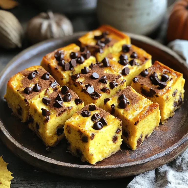 Here’s what you need to make this tasty Pumpkin Chocolate Chip Bread Pudding: - 4 cups of cubed bread - 1 cup of canned pumpkin puree - 2 cups of whole milk - 3 large eggs - 3/4 cup of packed brown sugar - 1 teaspoon of pure vanilla extract - 1 teaspoon of pumpkin pie spice - 1/2 teaspoon of salt - 1 cup of semi-sweet chocolate chips - Optional toppings: whipped cream or vanilla ice cream When picking the bread, I like using day-old brioche or challah. They soak up the custard well. The pumpkin puree should be pure, not a pie filling. Whole milk works great, but you can swap it for almond milk if you want a dairy-free option. Using large eggs at room temperature helps the mix blend nicely. Brown sugar adds a rich sweetness. You can use light or dark, depending on your taste. The vanilla extract gives a warm flavor, while pumpkin pie spice adds that cozy autumn vibe. A little salt balances the sweetness, making every bite perfect. The chocolate chips bring a sweet surprise to each piece. For serving, a dollop of whipped cream or a scoop of vanilla ice cream makes it special. Enjoy this delightful treat! Start by preheating your oven to 350°F (175°C). While it heats, grab a 9x13 inch baking dish. Grease it with butter or non-stick spray. This step helps the pudding come out easily after baking. In a large mixing bowl, whisk together these ingredients: - 1 cup of canned pumpkin puree - 2 cups of whole milk - 3 large eggs - 3/4 cup of packed brown sugar - 1 teaspoon of pure vanilla extract - 1 teaspoon of pumpkin pie spice - 1/2 teaspoon of salt Make sure the mixture is smooth and well combined. This blend will give your bread pudding its rich flavor. Now, take 4 cups of cubed bread. Day-old brioche or challah works best for this dish. Gently fold the bread into the pumpkin mixture. Ensure each piece is coated. Let it sit for about 10-15 minutes. This soaking time makes the bread soft and tasty. Once the bread has soaked, mix in 1 cup of semi-sweet chocolate chips. Stir carefully to keep the bread cubes intact. Transfer the mixture to your greased baking dish. Spread it evenly for uniform cooking. Bake in the oven for 40-50 minutes. The top should be golden brown. A knife inserted into the center should come out clean. Remember, a gooey middle is key, so avoid overbaking! Soaking the bread is key to a great texture. I recommend using day-old brioche or challah. These breads soak up the pumpkin mixture well. Cut the bread into cubes, then mix it with the pumpkin custard. Let it rest for about 10-15 minutes. This gives the bread time to absorb the mixture fully. The result? A moist and creamy pudding that melts in your mouth. Overbaking can ruin your bread pudding. Look for a golden-brown top. Insert a knife into the center. It should come out clean, but with some gooey bits. If it feels too firm or dry, it may be overbaked. Keep a close eye on it during the last few minutes. Every oven is different, so check often near the end of baking. Presentation can make your dessert shine. Cut the pudding into neat squares. Place them on dessert plates for a beautiful look. Consider topping each piece with whipped cream or a scoop of vanilla ice cream. Drizzle extra chocolate chips or sprinkle some pumpkin pie spice on top. This adds flavor and a festive touch. Enjoy your delightful treat! {{image_4}} You can easily swap whole milk for almond milk. Almond milk makes this recipe dairy-free. It still keeps the creamy texture but adds a nutty taste. You can also try oat milk or soy milk for a different flavor. Each option changes the taste a bit, but all work well in this dish. Want to change things up? You can add nuts like pecans or walnuts. They add a nice crunch and flavor. You might also try adding spices like cinnamon or nutmeg for more warmth. A pinch of ginger could bring a lovely zing. These small changes can make your bread pudding unique! When it comes to chocolate, you have options! Semi-sweet chocolate chips are great for a classic taste. If you want a richer flavor, use dark chocolate chips. You could even mix different types of chocolate for a fun twist. Try white chocolate chips for a sweeter touch. Each choice adds its own special flavor to the pudding. To keep your pumpkin chocolate chip bread pudding fresh, store any leftovers in the fridge. Place the pudding in an airtight container. This helps maintain its moisture and flavor. It should last about three to four days in the fridge. If you want to enjoy it longer, consider freezing. To reheat without drying it out, use the oven. Preheat your oven to 350°F (175°C). Place the pudding in an oven-safe dish and cover it with foil. Heat for about 15 to 20 minutes. You can also use the microwave. Heat slices on a microwave-safe plate for about 30 seconds. Check and add more time if needed. To freeze your bread pudding, first let it cool completely. Cut it into portions for easy thawing. Wrap each piece tightly in plastic wrap, then place it in a freezer bag. Make sure to remove as much air as possible. It can stay in the freezer for up to three months. When you’re ready to eat, thaw it in the fridge overnight before reheating. Yes, you can make this dish ahead of time. Prepare it a day before and store it in the fridge. Just cover it with plastic wrap to keep it fresh. When you are ready to bake, let it sit at room temperature for about 30 minutes. Then bake as directed. This makes it perfect for busy days or special occasions. Day-old brioche or challah works best for this recipe. These breads soak up the custard well. Their soft texture creates a creamy pudding. Avoid fresh bread, as it may not absorb the liquid properly. Stale bread gives you the best results, so don’t hesitate to use leftovers! You can use fresh pumpkin if you prefer. Just make sure to cook and puree it first. Choose a sugar pumpkin for the best flavor and texture. Fresh pumpkin adds a lovely taste, but it may need extra care in measuring. Canned pumpkin is more consistent, so keep this in mind. Leftovers will last for about 3 to 4 days in the fridge. Store them in an airtight container to keep them fresh. You can enjoy them cold or reheat them in the microwave. Just warm them up gently to keep the texture nice. This Pumpkin Chocolate Chip Bread Pudding recipe is simple and fun to make. We covered the key ingredients, like cubed bread and pumpkin puree, and detailed steps for prep and baking. I shared tips to help you soak bread well and avoid overbaking. In the end, feel free to explore different flavors or toppings. You can enjoy this dish fresh or stored for later. Whether you serve it warm with ice cream or cool from the fridge, it’s a treat everyone will love. Dive into your pumpkin bread pudding adventure!