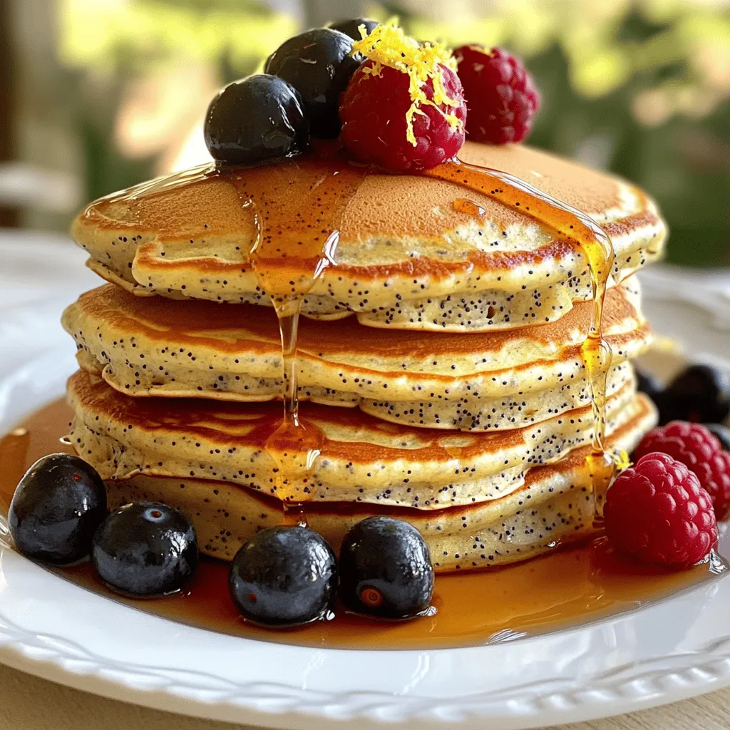 To make Lemon Poppy Seed Yogurt Pancakes, you will need: - 1 cup all-purpose flour - 2 tablespoons poppy seeds - 2 tablespoons granulated sugar - 2 teaspoons baking powder - 1/4 teaspoon baking soda - 1/4 teaspoon salt - 1 cup plain yogurt (Greek or regular) - 1 large egg - 2 tablespoons melted butter (or coconut oil) - 2 tablespoons fresh lemon juice - Zest from 1 lemon - Optional: Maple syrup and fresh berries These ingredients come together to create fluffy, tangy pancakes. You can easily adapt this recipe to fit your needs. For example: - Use whole wheat flour for a heartier texture. - Swap granulated sugar with coconut sugar for a lower glycemic option. - Choose a dairy-free yogurt if you prefer a vegan version. - Replace butter with coconut oil for a dairy-free choice. - If you lack fresh lemons, use bottled lemon juice, though fresh is best. These swaps can maintain the flavor while catering to dietary needs. Lemon Poppy Seed Yogurt Pancakes are not just tasty; they also offer nutrition: - Protein: The yogurt provides a good protein boost. - Calcium: Yogurt adds essential calcium for strong bones. - Fiber: Poppy seeds add fiber, which helps digestion. - Vitamins: Fresh lemon juice and zest add vitamin C, supporting your immune system. These pancakes are a balanced choice for breakfast, keeping you energized for the day ahead. Start by gathering your dry ingredients. In a large mixing bowl, combine 1 cup of all-purpose flour, 2 tablespoons of poppy seeds, 2 tablespoons of granulated sugar, 2 teaspoons of baking powder, 1/4 teaspoon of baking soda, and 1/4 teaspoon of salt. Whisk these together well. This step ensures that the baking powder and baking soda spread evenly. Mixing the dry ingredients first helps the pancakes rise nicely. Next, it's time for the wet ingredients. In a separate bowl, mix 1 cup of plain yogurt, 1 large egg, 2 tablespoons of melted butter (or coconut oil), 2 tablespoons of fresh lemon juice, and the zest from 1 lemon. Whisk this mixture until it is smooth and creamy. This step adds moisture and tang to the batter. The yogurt will make the pancakes fluffy and rich. Now, let’s cook those pancakes! Preheat a non-stick skillet or griddle over medium heat. If you like, you can lightly grease it with butter or oil. Pour about 1/4 cup of batter onto the skillet for each pancake. Cook until you see bubbles forming on the surface and the edges look set, about 2-3 minutes. Once ready, flip the pancakes gently and cook for another 1-2 minutes until they turn golden brown. Carefully remove the pancakes and keep them warm in a low-temperature oven (around 200°F) while you cook the rest. Serve warm with maple syrup and fresh berries for a delightful breakfast. Enjoy the bright flavors of lemon and the crunch of poppy seeds in every bite! To get fluffy pancakes, mix the wet and dry ingredients gently. Overmixing leads to tough pancakes. Aim for a few lumps in the batter. Letting the batter rest for a few minutes can also help. This allows the flour to absorb moisture better, resulting in a light texture. One common mistake is using cold yogurt. Room temperature yogurt mixes better and helps the pancakes rise. Also, don’t skip the baking powder. It’s key for fluffiness. Another pitfall is cooking at too high heat. Medium heat is best for even cooking and browning. These pancakes shine when served hot. Drizzle with maple syrup for sweetness. Fresh berries add color and flavor. A sprinkle of lemon zest on top enhances the taste. You can also serve them with a dollop of yogurt for creaminess. Enjoy them as a bright breakfast or a fun brunch treat! {{image_4}} You can easily make these pancakes dairy-free. Swap the yogurt with a non-dairy option like almond or coconut yogurt. These choices still give flavor and creaminess. Use coconut oil instead of butter for cooking. This keeps the recipe light and fresh while still being delicious. Want to kick up the taste? Try adding a pinch of vanilla extract to the wet mix. This small addition creates a warm, sweet flavor. You can also add more lemon zest for an extra zing. If you love berries, fold in some blueberries or raspberries into the batter. This adds color and a burst of sweetness in every bite. Think beyond syrup! Serve your pancakes with a dollop of Greek yogurt on top for creaminess. A sprinkle of powdered sugar adds a touch of sweetness and looks great. For a tropical twist, serve with sliced bananas and a drizzle of honey. You can also try a fruit compote for a sweet, tangy contrast. Each option makes for a unique breakfast treat! To keep your lemon poppy seed yogurt pancakes fresh, store them in an airtight container. This prevents them from drying out. Place parchment paper between layers to avoid sticking. You can keep them in the fridge for up to three days. If you want to enjoy them longer, freezing is a great option. Reheating pancakes is easy. You can use a microwave or a skillet. For the microwave, place pancakes on a plate and cover with a damp paper towel. Heat for about 20-30 seconds. For the skillet, warm a little butter or oil over medium heat. Heat pancakes for about 1-2 minutes on each side. This will help them regain their fluffy texture. To freeze pancakes, let them cool completely first. Then, stack them with parchment paper in between. Place the stack in a freezer-safe bag or container. Label the bag with the date. You can freeze them for up to two months. When you're ready, just reheat them directly from the freezer. This way, you can enjoy your delicious pancakes anytime. To make your pancakes fluffier, focus on two key steps. First, avoid overmixing the batter. A few lumps are okay. Second, let the batter rest for about 5 minutes before cooking. This allows the baking powder to activate, creating air bubbles that add lift to your pancakes. Yes, you can use whole wheat flour. It will change the taste and texture a bit. Whole wheat flour makes the pancakes denser but adds more fiber. You might want to add a little extra liquid to keep the batter smooth and moist. Toppings can really enhance your pancakes. Here are some great choices: - Maple syrup for sweetness - Fresh berries like strawberries or blueberries for a fruity touch - A dollop of yogurt for extra creaminess - A sprinkle of lemon zest for added zing Feel free to mix and match these toppings for a delightful breakfast! In this blog post, we explored the key ingredients for making pancakes. You learned about substitutions and nutritional benefits. I shared step-by-step instructions to ensure your pancakes come out perfectly every time. We covered tips to achieve the right texture, common mistakes to avoid, and serving ideas. The variations section introduced dairy-free options and flavor boosts. Finally, we discussed storage and reheating tips. Now, you're ready to create delicious pancakes that suit your taste and dietary needs. Enjoy your cooking and happy pancake making!