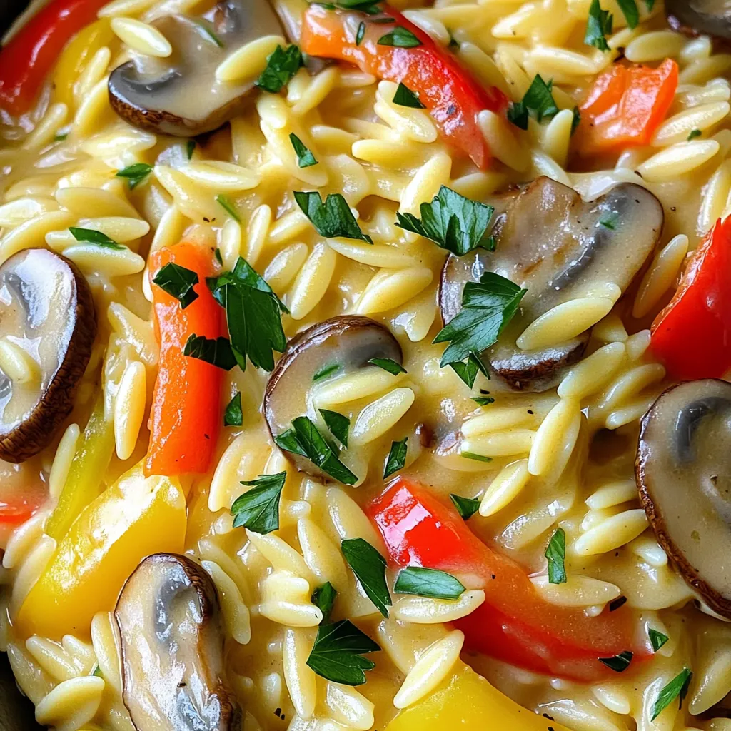 - 1 cup orzo pasta - 2 tablespoons olive oil - 1 medium onion, finely diced - 3 cloves garlic, minced - 1 bell pepper, chopped - 1 cup mushrooms, sliced - 1 teaspoon Cajun seasoning - 1 teaspoon smoked paprika - 1/2 teaspoon cayenne pepper (optional) - 3 cups vegetable broth - 1 cup heavy cream (or substitute coconut cream for a lighter, dairy-free version) - 1 cup frozen peas - Salt and freshly cracked black pepper to taste - Fresh parsley, chopped (for garnish) If you want a dairy-free dish, use coconut cream instead of heavy cream. Coconut cream adds creaminess and a hint of sweetness. For the broth, you can use vegetable or chicken broth. Choose what you prefer for flavor. When picking vegetables, look for bright colors and firm textures. Fresh onions should be dry and hard. For bell peppers, choose ones with no blemishes. For mushrooms, select those that feel firm and have a nice smell. For orzo, use regular or whole wheat types. Avoid broken pieces for the best texture. First, heat 2 tablespoons of olive oil in a large pot over medium heat. When the oil shimmers, add 1 finely diced onion. Sauté the onion for 2-3 minutes. You want it to turn soft and translucent. Next, stir in 3 minced cloves of garlic, 1 chopped bell pepper, and 1 cup of sliced mushrooms. Cook for another 4-5 minutes. Stir occasionally until all the vegetables are tender and fragrant. Now it's time for the spices! Sprinkle in 1 teaspoon of Cajun seasoning, 1 teaspoon of smoked paprika, and 1/2 teaspoon of cayenne pepper if you like heat. Mix well to coat all the veggies with these flavors. Next, add in 1 cup of uncooked orzo pasta. Stir it in until the orzo is well mixed with the seasoned vegetables. This step is key to building a rich flavor. Pour in 3 cups of vegetable broth, stirring gently. Bring this mixture to a gentle boil. Once it boils, lower the heat and cover the pot. Let it simmer for about 10-12 minutes. Stir occasionally until the orzo is cooked and has absorbed most of the liquid. When the orzo is just right, mix in 1 cup of heavy cream and 1 cup of frozen peas. Let this cook for another 2-3 minutes. Everything should be heated through and creamy. Give it a taste. Add salt and freshly cracked black pepper to your liking. After you take it off the heat, let the creamy orzo rest for a few minutes. This helps it thicken. Serve warm in bowls and garnish with fresh parsley for a beautiful touch. To boost the taste of your One-Pot Creamy Cajun Orzo, try adding a few extra spices. Here are some ideas: - A pinch of thyme gives a nice herbal touch. - A dash of onion powder adds depth. - Consider some crushed red pepper for more heat. Pair the dish with toppings like: - Grated Parmesan for a salty kick. - Fresh cilantro for a bright flavor. - A squeeze of lemon juice for added zest. Use a heavy-bottom pot for cooking orzo. A Dutch oven works great, as it heats evenly. Avoid thin pots that can burn the bottom. To prevent overcooking the orzo, keep an eye on the timer. Stir the pasta every few minutes. This helps it cook evenly and not stick together. Pair your creamy orzo with a light salad. A simple green salad with vinaigrette works well. You can also serve it with garlic bread for a hearty meal. For drinks, consider a crisp white wine. A chilled Sauvignon Blanc complements the Cajun spices nicely. To present your dish, serve it in shallow bowls. Top with fresh parsley for color. You can also sprinkle some extra spices on top for a pop of flavor. {{image_4}} You can easily make this dish vegetarian or vegan. Start by swapping the heavy cream. Use coconut cream for a dairy-free version. This adds a hint of sweetness and keeps it rich. You can also add more veggies. Try spinach, zucchini, or even kale. This boosts the flavor and nutrition. Adding protein makes this dish heartier. Consider chicken, shrimp, or sausage. If you use chicken, cook it first. For shrimp, add them during the last few minutes. Sausage can be sliced and added with the veggies. Adjust cooking times based on the protein you choose. Ensure everything cooks through while keeping the orzo creamy. Experimenting with spices can elevate your dish. Add more Cajun seasoning or try different spices like cumin or chili powder. Fresh herbs also add great flavor. Basil, cilantro, or thyme can brighten up the dish. Don’t hesitate to get creative! Mixing these flavors makes every bite exciting. To keep your creamy Cajun orzo fresh, cool it first. Store it in an airtight container. Make sure to use a container that seals well. Glass or plastic containers work great. Refrigerate it within two hours to avoid spoilage. This dish stays good in the fridge for about three to four days. When you reheat the orzo, do it gently. Use a saucepan or microwave to warm it. Add a splash of vegetable broth or cream. This helps keep the dish creamy. Stir often while heating. If it seems dry, add more liquid. You can freeze creamy orzo for later. Place it in a freezer-safe container. Leave some space at the top for expansion. It lasts in the freezer for up to three months. When ready to eat, thaw it in the fridge overnight before reheating. Yes, you can prepare One-Pot Creamy Cajun Orzo ahead of time. Cook the dish and let it cool. Store it in an airtight container in the fridge for up to three days. When ready to eat, gently reheat it on the stove. You may need to add a splash of broth or cream to keep it creamy. This dish pairs well with many sides. Here are a few ideas: - Grilled chicken: Adds protein and complements the flavors. - Garlic bread: A great way to soak up the creamy sauce. - Simple salad: A fresh side with greens balances the richness. - Roasted vegetables: Adds color and nutrition to your meal. Adjusting the spiciness is simple. To make it milder, skip the cayenne pepper or use less Cajun seasoning. If you like heat, add more cayenne or a splash of hot sauce. Taste as you go to find your perfect spice level. This blog post covered the ingredients, steps, and tips for making creamy Cajun orzo. You learned about ingredient options and cooking techniques, plus ways to enhance flavor. Whether you want to make it vegan or add protein, there are many choices. Store leftovers correctly to enjoy this dish later. Remember, cooking is about trying new things. Don’t hesitate to experiment! Follow these guidelines, and you’ll impress with your one-pot meal. Enjoy making your creamy orzo dish!