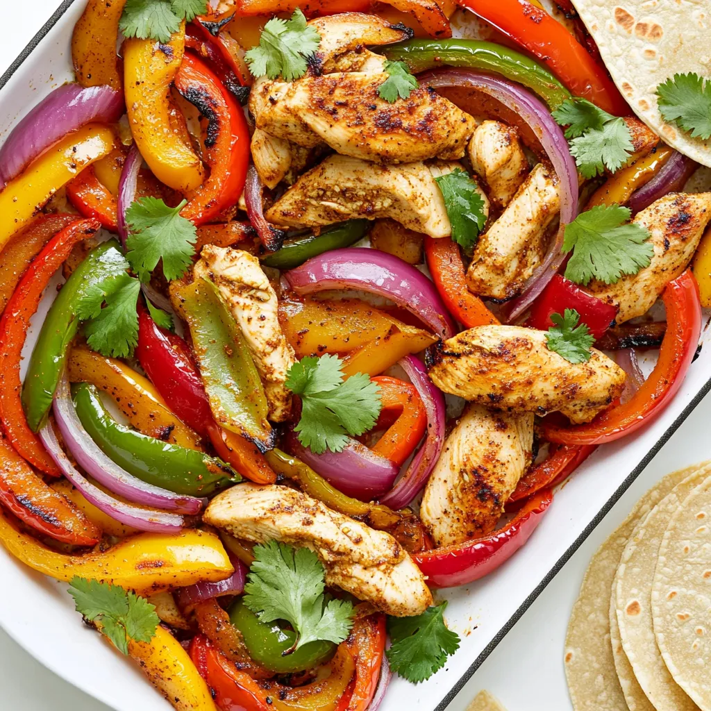 - 1 pound boneless, skinless chicken thighs, sliced into strips - 2 bell peppers (1 red and 1 yellow), cut into thin slices - 1 medium red onion, sliced into rings - 3 cloves garlic, finely minced - 2 tablespoons extra-virgin olive oil - 1 tablespoon chili powder - 1 teaspoon ground cumin - 1 teaspoon smoked paprika - 1/2 teaspoon sea salt - 1/2 teaspoon freshly cracked black pepper - Juice of 1 fresh lime - Fresh cilantro, chopped, for garnish - Soft tortillas, for serving - Toppings for serving: creamy avocado, tangy sour cream, zesty salsa - Variations in spices: try adding cayenne pepper for heat or oregano for earthiness In this dish, chicken thighs bring a juicy, tender texture. The bell peppers and onions add vibrant colors and sweetness. Garlic and spices create a warm, savory taste. You can mix and match toppings to suit your mood. Each bite can be unique! Feel free to switch out the spices based on what you love. If you want a kick, add more chili powder or a dash of hot sauce. If you prefer mild flavors, skip the heat. This flexibility makes the dish fun and personal. Preheating the oven is key for roasting. Set your oven to 400°F (200°C). This temperature cooks the chicken and peppers evenly and quickly. In a big bowl, mix the following ingredients well: - 2 tablespoons extra-virgin olive oil - 3 cloves garlic, minced - 1 tablespoon chili powder - 1 teaspoon ground cumin - 1 teaspoon smoked paprika - 1/2 teaspoon sea salt - 1/2 teaspoon freshly cracked black pepper - Juice of 1 fresh lime Whisk these until they blend well. This mix adds great flavor to your chicken. Add 1 pound of chicken thighs, sliced into strips, to the marinade. Make sure each piece gets coated. Let it sit for at least 15 minutes. If you can, refrigerate for up to 2 hours. This makes the chicken more tasty. Slice 2 bell peppers (1 red and 1 yellow) and 1 medium red onion. Cut the peppers into thin slices and the onion into rings. Spread them on a large sheet pan. Drizzle with olive oil and sprinkle with salt and black pepper. Toss gently to coat. After marinating, layer the chicken strips on top of the veggies. Spread them out evenly. This helps everything cook well. Avoid overcrowding the pan to keep the chicken juicy. Put the sheet pan in your oven and roast for 20-25 minutes. Stir the mixture halfway through. This ensures even cooking. You’ll know it’s done when the chicken is no longer pink and the veggies are soft and slightly brown. Once roasted, take the pan out of the oven. Let it cool for a moment. Sprinkle chopped fresh cilantro on top. This adds a burst of color and flavor. Serve the fajita mix in warm soft tortillas. You can also add toppings like creamy avocado, tangy sour cream, or zesty salsa for extra taste. Enjoy your meal! - To ensure even cooking, spread the chicken and vegetables in a single layer. - Avoid overcrowding the pan. This helps the heat circulate. - Stir the mixture halfway through cooking for uniform roasting. - Use parchment paper to prevent sticking and for easy cleanup. - Add extra spices like cayenne for more heat or oregano for a fresh taste. - Marinade the chicken longer than 15 minutes for deeper flavor. Aim for 2 hours if possible. - Consider using a splash of orange juice for a sweet twist. - Serve the fajitas in warm tortillas with a side of lime wedges. - Try adding toppings like fresh avocado, crumbled queso, or pico de gallo. - Pair your fajitas with rice, beans, or a simple green salad for a full meal. {{image_4}} You can switch out the chicken thighs for chicken breasts if you prefer. Chicken breasts are leaner, so they cook faster. They may lack the rich flavor of thighs, but they still taste great. If you want a vegetarian or vegan option, try using firm tofu or tempeh. Just cut them into strips and marinate like the chicken. This way, you keep the flavor, and it's a healthy choice. Feel free to mix in seasonal vegetables. Zucchini, mushrooms, or corn can add a fun twist. You can also use any bell pepper color you like. If you want to customize based on taste, try broccoli or asparagus. Just remember to cut them into similar sizes for even cooking. You can adjust the spice level easily. If you like it spicy, add diced jalapeños or a pinch of cayenne. For a milder taste, skip the chili powder or reduce it. Always start small, then taste and adjust as needed. This way, everyone can enjoy the dish at their own heat level. To store leftovers, place the fajita chicken and peppers in an airtight container. Make sure to cool them down before sealing. This keeps moisture in and helps maintain freshness. You can store them in the fridge for up to 3 days. After that, the taste and texture might decline. For freezing fajitas, let them cool completely before placing them in freezer bags. Squeeze out as much air as possible. This prevents freezer burn. You can freeze them for up to 3 months. When ready to enjoy, thaw in the fridge overnight. This helps them keep their flavor. To reheat, use an oven or skillet. An oven keeps the chicken and peppers crispy. Preheat the oven to 350°F (175°C) and bake for about 10-15 minutes. If using a skillet, add a splash of water to keep moisture. Cover it to retain heat and warmth. Avoid using a microwave, as it can dry out the food. It takes about 45 minutes in total. You spend 15 minutes prepping and 25 minutes cooking. This makes it quick for a weeknight meal. Yes, you can use frozen chicken. Just be sure to thaw it first. You can do this overnight in the fridge. If you're short on time, use the microwave. Cook the chicken right away after thawing to keep it safe. Soft flour tortillas work great for fajitas. They are flexible and easy to wrap. If you prefer a healthier option, corn tortillas are also good. Warm the tortillas before serving for the best taste. Yes, you can prepare it ahead. Marinate the chicken and store it in the fridge for up to 2 hours. You can also cook the fajitas and keep them in the fridge for 3 days. Just reheat before serving. This blog covered how to make delicious sheet pan fajitas. We explored key ingredients like chicken, vegetables, and seasonings. You learned step-by-step instructions for marinating, roasting, and garnishing. I shared cooking tips and fun variations to fit your tastes. Fajitas are versatile, fun, and easy to customize. Try different proteins and veggies for new flavors. With these tips, you can impress family and friends at your next meal. Enjoy your cooking!
