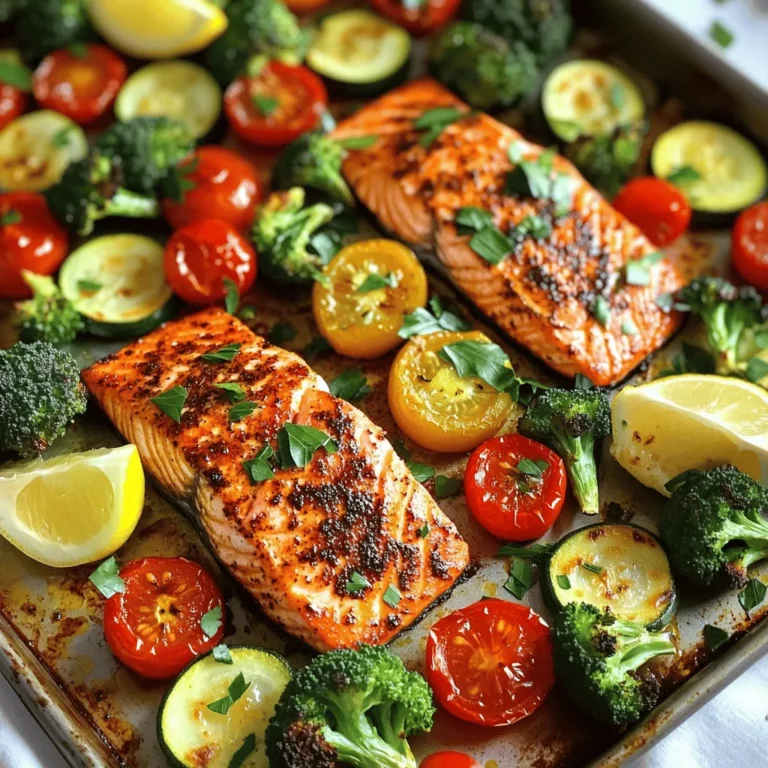 - 4 salmon fillets (approximately 6 oz each) - 2 cups fresh broccoli florets - 1 bell pepper (choose red or yellow for color), sliced - 1 medium zucchini, sliced into half-moons - 1 cup cherry tomatoes, halved - 4 tablespoons extra virgin olive oil - 2 tablespoons Cajun seasoning - 1 teaspoon garlic powder - Sea salt and freshly cracked black pepper, to taste - Fresh lemon wedges for a zesty finish - Fresh parsley, chopped for garnish Gathering the right ingredients is key for a great dish. The salmon fillets are the star here. They are rich in flavor and healthy omega-3 fats. Fresh vegetables add color and nutrition. Broccoli brings crunch, while bell pepper adds sweetness. Zucchini offers a nice texture, and cherry tomatoes give a burst of juice. You will need olive oil for roasting. It helps the veggies and salmon cook evenly. Cajun seasoning gives that bold, smoky flavor. Garlic powder adds depth without overpowering the other tastes. A sprinkle of sea salt and black pepper brightens everything. Finally, lemon wedges and parsley add a fresh touch when serving. Make sure to use fresh ingredients for the best taste. This meal is simple yet full of flavor. Prepare everything in advance, so cooking becomes easy and fun. Enjoy the process! 1. Preheat your oven to 425°F (220°C). This high heat helps create a nice char on the salmon and veggies. 2. Line a large baking sheet with parchment paper. This makes cleanup easy and keeps food from sticking. 3. In a bowl, combine 2 cups of fresh broccoli florets, sliced bell pepper, sliced zucchini, and halved cherry tomatoes. 4. Drizzle 2 tablespoons of extra virgin olive oil over the veggies. Add a pinch of sea salt and some black pepper. Toss everything well to coat. 5. Spread the veggies in a single layer on one side of the baking sheet. Leave space for the salmon. 1. In a small bowl, mix 2 tablespoons of Cajun seasoning with 1 teaspoon of garlic powder. 2. Pat the 4 salmon fillets dry with paper towels. This helps the seasoning stick better. 3. Rub the spice mix on both sides of the salmon fillets. Make sure to cover them well. 4. Place the seasoned salmon fillets on the empty side of the baking sheet, skin side down if they have skin. 5. Drizzle the remaining 2 tablespoons of olive oil over the salmon. Add a pinch of salt and black pepper for extra flavor. 6. Put the baking sheet in the preheated oven. Bake for 15 to 20 minutes. 7. Check the salmon and veggies when time is up. The salmon should flake easily with a fork, and the veggies should be tender with some charred edges. 1. Carefully take the baking sheet out of the oven. Let it cool for a few minutes. 2. To serve, place each salmon fillet on a plate next to the roasted veggies. 3. Garnish with chopped parsley for a fresh look. 4. Serve with lemon wedges on the side for a zesty touch. Drizzle a little olive oil over the veggies before serving for added shine. Enjoy the colorful plate! To make the best blackened salmon, you need the right seasoning. I use Cajun seasoning mixed with garlic powder. This blend gives the salmon a zesty kick. Make sure to coat both sides of the salmon fillets. This helps lock in the flavor. For doneness, cook the salmon until it flakes easily with a fork. This usually takes about 15-20 minutes at 425°F. Keep an eye on it. Overcooking can dry it out. Cut your veggies into similar sizes for even cooking. I like to slice zucchini into half-moons and bell peppers into strips. This ensures they roast at the same rate. For more flavor, try different seasonings. You can add dried herbs like thyme or rosemary. A splash of balsamic vinegar also works well. Using parchment paper makes cleanup simple. It prevents sticking and saves time. Just toss it when you're done! Keep your workstation organized. Place all your ingredients within reach. This helps you focus on cooking and not searching for tools. A clean space makes cooking more fun! {{image_4}} You can change up the veggies in this dish. Try using seasonal favorites like asparagus, carrots, or green beans. Use what you love! For a sweet twist, add butternut squash. To get more flavor, season your vegetables with herbs like thyme or rosemary. You can even add a splash of balsamic vinegar for extra zing. If you want to try a different flavor, use other spice mixes. Lemon pepper or taco seasoning can work great too. For a milder dish, skip the Cajun seasoning. Instead, use just garlic powder and a bit of paprika. If you like it spicy, add cayenne pepper or crushed red pepper flakes to your mix. You can pair this dish with many sides. Try serving it with rice, quinoa, or a fresh salad. For a tasty sauce, drizzle with tahini or a creamy dressing. You can also turn this dish into a salad or grain bowl. Just chop the salmon and veggies, then mix them with greens and your favorite toppings. Enjoy the fun of mixing flavors! To keep your blackened salmon and veggies fresh, refrigerate them. Place leftovers in an airtight container. This helps prevent moisture loss, keeping your food tasty. Use glass or plastic containers that seal well. If you have multiple portions, separate them to maintain freshness. When reheating, you want to avoid drying out your salmon. The best way is using an oven. Preheat it to 350°F (175°C). Place the salmon and veggies on a baking sheet and cover them with foil. Heat for about 10-15 minutes or until warmed through. If using a microwave, place the food in a microwave-safe dish. Cover it with a damp paper towel. Heat in short bursts of 30 seconds, checking often. This keeps the salmon moist. You can freeze both salmon and veggies. Make sure they are cool first. Wrap them tightly in plastic wrap, then place them in a freezer bag. This helps prevent freezer burn. For best quality, eat them within three months. To thaw, place the wrapped food in the fridge overnight. You can cook directly from frozen, but add extra cooking time. This gives you a quick meal option later. You should cook salmon at 425°F for about 15 to 20 minutes. The salmon will flake easily when it is done. Keep an eye on it to avoid overcooking. The cooking time may vary based on the thickness of the fillets. Yes, you can prepare this dish ahead of time. You can season the salmon and chop the veggies a few hours before cooking. Store them in the fridge until you are ready to bake. This will save you time on busy days. You can serve blackened salmon with many sides. Try rice, quinoa, or a fresh salad. A creamy sauce or a tangy dressing works well too. These options will enhance the meal's flavor and add variety. Yes, you can use frozen vegetables. Just make sure to thaw and drain them first. This will help them roast properly and avoid excess moisture. Keep in mind that frozen veggies may cook faster than fresh ones. To get crispier vegetables, follow these tips: - Cut the veggies into smaller pieces to increase surface area. - Make sure they are spread out in a single layer on the baking sheet. - Avoid overcrowding to allow steam to escape. - Consider roasting them for an extra 5 minutes if needed. In this blog post, we covered how to make blackened salmon with fresh veggies. You learned about the ingredients you'll need, like salmon fillets and colorful vegetables. We discussed step-by-step instructions from prep to serving. Tips helped you perfect your dish, while variations offered new ideas. Finally, you picked up storage tips for leftovers. Cooking should be fun and tasty. Enjoy experimenting with this healthy recipe!