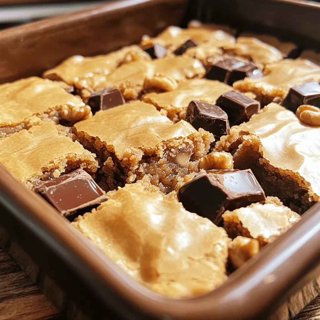 - 1 cup unsalted butter - 1 1/2 cups packed light or dark brown sugar - 2 large eggs, at room temperature - 2 teaspoons pure vanilla extract - 2 cups all-purpose flour - 1/2 teaspoon baking powder - 1/2 teaspoon fine sea salt - 1 cup chocolate chunks (dark or semi-sweet) - 1/2 cup chopped walnuts or pecans (optional) - Chopped walnuts or pecans add a nice crunch. You can leave them out if you want. - You can also try adding a pinch of cinnamon for a warm flavor. - If you don't have unsalted butter, you can use salted butter. Just skip adding extra salt. - Brown sugar can be replaced with white sugar, but the taste will change. - For a gluten-free option, use a gluten-free flour blend. - Eggs can be replaced with flax eggs for a vegan version. Use 1 tablespoon of ground flaxseed mixed with 2.5 tablespoons of water for each egg. Start with a medium saucepan. Place 1 cup of unsalted butter in it. Heat it over medium heat. As the butter melts, stir constantly. Watch for the butter to foam. This shows that it is cooking properly. After a few minutes, the butter will change color. You want a deep golden brown. This process takes about 5-7 minutes. You will smell a nutty aroma, which means you are close. Once done, remove the pan from the heat. Let the butter cool for about 5 minutes. This cooling time is important for the next steps. In a large mixing bowl, pour in the warm brown butter. Add 1 1/2 cups of packed brown sugar to the bowl. Whisk them together until smooth. The mixture should feel creamy and cohesive. Now, crack 2 large eggs into the bowl. Add them one at a time. Whisk vigorously after each egg. This helps to incorporate air into the mixture. Finally, stir in 2 teaspoons of pure vanilla extract. This will add a lovely depth of flavor to your blondies. In a separate bowl, mix your dry ingredients. Whisk together 2 cups of all-purpose flour, 1/2 teaspoon of baking powder, and 1/2 teaspoon of fine sea salt. Make sure they are well blended. Slowly add this dry mixture to your wet ingredients. Use a spatula to fold them together gently. Be careful not to overmix. You want a light, fluffy batter. If you are using nuts, now is the time to add 1/2 cup of chopped walnuts or pecans. Finally, fold in 1 cup of chocolate chunks. This makes for a delightful texture in every bite. To make the best blondies, start with brown butter. It adds a rich flavor. Heat the butter slowly until it turns golden brown. This step is key to depth in taste. Use room temperature eggs to ensure a smooth batter. They mix in better and help your blondies rise nicely. Overmixing is a common issue. When you combine the dry and wet mixes, stop as soon as they blend. This keeps your blondies soft and chewy. Also, don’t skip the cooling step after baking. If you cut them too soon, they will fall apart. Patience is your friend! Every oven is different. Start checking your blondies at 25 minutes. You want golden edges and a few moist crumbs on a toothpick. If they look too wet, give them a few more minutes. Just be careful not to overbake, or they will dry out. {{image_4}} You can change the taste of your blondies easily. Try adding spices like cinnamon or nutmeg. They add warmth and depth. Want a fruity twist? Toss in some dried cranberries or cherries. For a fun crunch, mix in crushed pretzels or potato chips. These add a salty-sweet contrast that is hard to beat. If you love peanut butter, swirl in some creamy peanut butter before baking. Each of these options brings unique flavors that make your blondies one of a kind. If you need a gluten-free option, use a gluten-free flour blend. This swap keeps the blondies soft and chewy. For a dairy-free treat, replace the butter with coconut oil or vegan butter. You can also use flax eggs instead of regular eggs for a vegan version. Just mix 1 tablespoon of ground flaxseed with 2.5 tablespoons of water. Let it sit for a few minutes until it thickens. This simple change makes the recipe friendly for everyone. Serve your blondies warm for the best taste. Dust them with powdered sugar for a pretty touch. Pair them with vanilla ice cream for a classic dessert. A drizzle of caramel or chocolate sauce makes them even more special. For a fun twist, serve them with fresh fruit, like berries or banana slices. This adds a fresh, light contrast. You can also enjoy blondies with a cup of coffee or tea for a cozy snack. To keep your brown butter chocolate chunk blondies fresh, store them in an airtight container. This will help maintain their soft texture and rich flavor. Place a piece of parchment paper between layers if you stack them. Keep the container at room temperature for up to three days. If you want them to last longer, consider refrigerating them for up to a week. Just remember to let them come to room temperature before enjoying. Freezing is a great option if you want to save some blondies for later. First, let them cool completely. Then, slice them into squares. Wrap each piece in plastic wrap tightly. After wrapping, place the pieces in a freezer-safe bag or container. They can last in the freezer for up to three months. When you’re ready to eat them, simply thaw them in the fridge overnight or at room temperature for a few hours. To enjoy warm blondies again, preheat your oven to 350°F (175°C). Place the blondies on a baking sheet. Heat them for about 10 minutes. You can also use a microwave if you're in a hurry. Heat one blondie for about 15-20 seconds. This will make them warm and gooey again, just like fresh out of the oven! Yes, you can use salted butter. Just reduce the added salt in the recipe. Salted butter has flavor, but it may make the blondies taste saltier. Unsalted butter gives you more control over the taste. Blondies and brownies share a base but differ in flavor. Brownies have cocoa powder or melted chocolate for that rich chocolate taste. Blondies use brown sugar, giving them a sweet, caramel-like flavor without cocoa. The texture is similar, but blondies are often denser and chewier. Check for a golden edge and a toothpick test. Insert a toothpick into the center; it should come out with a few moist crumbs. If it comes out clean, they may be overbaked. Keep an eye on the time; baking takes about 25 to 30 minutes. In this post, we explored the key ingredients and steps to make blondies. We discussed brown butter, ingredient options, and substitutions. I shared tips to perfect your blondies and how to avoid common mistakes. We looked at tasty variations and proper storage methods. Baking blondies is fun and rewarding. With the right techniques and ingredients, you can create delicious treats that everyone will enjoy. Keep experimenting with flavors and storage to make your blondies even better!
