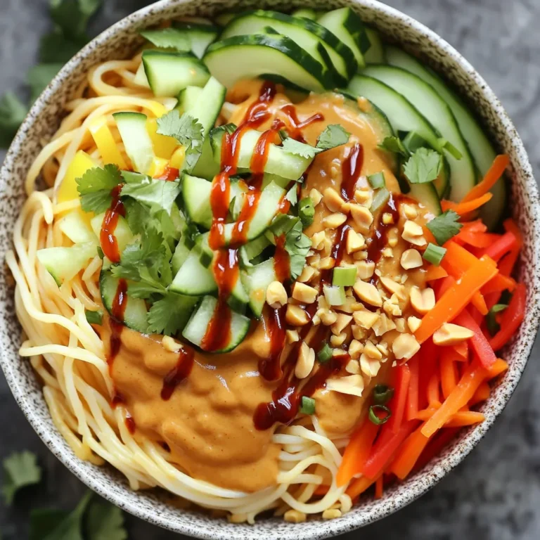 To make Spicy Peanut Noodle Bowls, you need fresh and simple ingredients. Here’s what you will use: - 8 oz rice noodles - 1/4 cup creamy peanut butter - 2 tablespoons soy sauce - 1 tablespoon sesame oil - 1 tablespoon sriracha - 2 cloves garlic, minced - 1 tablespoon lime juice - 1 cup shredded carrots - 1 cup cucumber, julienned - 1 cup bell pepper, thinly sliced - 1/4 cup green onions, sliced - Crushed peanuts and fresh cilantro for garnish These ingredients blend together to create a tasty meal. You will love the mix of flavors and textures. The rice noodles serve as a soft base, while the fresh veggies add crunch. The peanut sauce ties everything together with its creamy goodness. Feel free to adjust the sriracha to change the spice level. This dish is all about your personal taste! To start, cook the rice noodles. This usually takes about 3-5 minutes. Check the package for exact times. Once they are soft, drain them in a colander. Rinse them under cold water. This stops the cooking process and keeps them firm. Set the noodles aside to cool. In a large bowl, mix the creamy peanut butter, soy sauce, sesame oil, sriracha, minced garlic, and lime juice. Use a whisk to blend everything together. If the sauce is too thick, add a tablespoon of warm water. Whisk again until smooth and creamy. Now, add the drained noodles to the bowl with the peanut sauce. Use tongs or a fork to toss the noodles. Make sure every strand gets coated with the sauce. This step is key to ensuring the flavor spreads evenly. Next, gently fold in the shredded carrots, julienned cucumber, and thinly sliced bell pepper. These veggies add crunch and freshness to the dish. Mix well so all the ingredients are evenly spaced throughout the noodles. To serve, transfer the noodle mix to individual bowls. For a nice touch, sprinkle with sliced green onions, crushed peanuts, and fresh cilantro. This not only adds flavor but also makes your dish look bright and inviting. Enjoy your meal! - To avoid overcooking the rice noodles, watch them closely. Most take just 3-5 minutes. - Once cooked, drain them and rinse under cold water. This stops the cooking and keeps them firm. - Adjust the spice levels by adding more or less sriracha. Start small if you are unsure. - You can swap peanut butter for almond or cashew butter. Each gives a unique taste. - Feel free to use other veggies like broccoli, snap peas, or bell peppers. They add color and crunch. - Use seasonal vegetables to keep your dish fresh and exciting. Think zucchini in summer or carrots in fall. {{image_4}} You can easily make this dish gluten-free. Use rice noodles as they are naturally gluten-free. Make sure to choose gluten-free soy sauce or tamari for the sauce. This way, you can enjoy all the flavor without any gluten. To keep this meal vegan, check all your ingredients. Use plant-based creamy peanut butter and soy sauce. Fresh vegetables like carrots, cucumbers, and bell peppers are already vegan-friendly. Enjoy a tasty meal that fits your diet! Want more protein in your bowl? Tofu is a great choice. Just cube it and pan-fry until golden. You can also add chicken or shrimp. Cook chicken until it’s no longer pink or shrimp until they turn pink and opaque. This makes your dish more filling and satisfying. To keep your Spicy Peanut Noodle Bowls fresh, store them properly. Use airtight containers. - Fridge: Place the noodle bowls in the fridge for best results. - Freezer: You can freeze them, but textures may change. Knowing how long your dish lasts helps avoid waste. - Duration for refrigerated storage: These bowls last up to 3 days in the fridge. - Signs of spoilage: Look for off smells, changes in color, or slimy noodles. Discard if you see any of these. To make the noodles less sticky, rinse them well. After cooking, drain the noodles and cool them under cold water. This stops the cooking and helps wash away extra starch. You can also toss them lightly in a bit of sesame oil. This adds flavor and keeps them from sticking together. Yes, you can swap noodles! Try using soba, udon, or whole wheat spaghetti. Each type adds a unique texture. Make sure to adjust the cooking time, as different noodles cook differently. Check the package for best results. These noodle bowls pair well with many sides. Try serving them with a simple cucumber salad or steamed edamame. You can also add crispy spring rolls for a crunchy side. These options complement the flavors and add more variety to your meal. This post covered how to make tasty Spicy Peanut Noodle Bowls. We looked at key ingredients, step-by-step cooking, and helpful tips. You can choose different veggies, sauces, and proteins to make the dish yours. Remember to store leftovers properly, so they stay fresh. Experiment with flavors and find what you enjoy. Making these bowls is fun and simple. Enjoy your cooking and savor every bite!