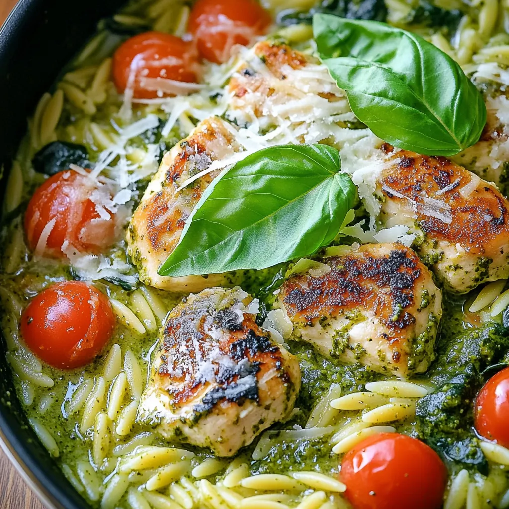 - 1 pound boneless, skinless chicken breasts - 1 cup orzo pasta - 1 cup heavy cream - 1 cup prepared basil pesto - 3 cups low-sodium chicken broth - 1 tablespoon extra virgin olive oil - 1 medium onion - 2 cloves garlic - 1 teaspoon Italian seasoning blend - Salt and black pepper to taste - 1 cup cherry tomatoes - 1 cup fresh baby spinach - Fresh basil leaves for garnish - Grated Parmesan cheese for serving The main ingredients in this dish create a rich and creamy meal. The chicken adds protein, while the orzo gives it heartiness. Heavy cream makes it smooth, and basil pesto provides a burst of flavor. For seasonings, the olive oil helps to cook the chicken and brings out flavors in the onion and garlic. The Italian seasoning adds depth, and salt and pepper enhance everything. Lastly, the fresh add-ins brighten the dish. Cherry tomatoes add sweetness, and spinach adds color and nutrients. You can top it with fresh basil and Parmesan for extra taste. These ingredients come together to make a delicious one-pot meal that is easy to prepare and full of flavor. 1. Heat one tablespoon of olive oil in a large pot over medium heat. 2. Add one pound of diced chicken breasts. Season it well with salt, black pepper, and Italian seasoning. 3. Sear the chicken for about 5-7 minutes. Stir occasionally until it is golden brown and cooked through. 4. Once done, move the chicken to a plate and set it aside. 1. In the same pot, add one finely chopped medium onion. 2. Sauté the onion for about 3-4 minutes until it becomes soft and translucent. 3. Next, add two minced garlic cloves and cook for one more minute. You want the garlic to be fragrant but not burnt. 1. Toss in one cup of orzo pasta. Stir it continuously for about 1-2 minutes. This toasts the pasta and adds flavor. 2. Pour in three cups of low-sodium chicken broth. Raise the heat to bring it to a boil. 3. Once boiling, reduce heat to a gentle simmer. Cover the pot and cook for about 10-12 minutes. Stir occasionally until the orzo is al dente. 1. After the orzo is cooked, stir in one cup of heavy cream and one cup of prepared basil pesto. Mix well to combine everything. 2. Return the cooked chicken to the pot. Add one cup of halved cherry tomatoes and one cup of fresh baby spinach. 3. Stir gently and let it cook for another 2-3 minutes until the spinach wilts. 1. Taste the dish and adjust seasoning with more salt and freshly cracked black pepper if needed. 2. Remove the pot from heat and let it sit for a minute to thicken slightly. 3. To serve, dish the creamy orzo into bowls. Garnish with fresh basil leaves and a sprinkle of grated Parmesan cheese. How to ensure chicken stays tender To keep your chicken tender, do not overcook it. Sear the chicken just until it turns golden brown. Use a meat thermometer to check if it reaches 165°F. This ensures it is safe to eat and still juicy. Tips for a creamier sauce For a creamier sauce, add the heavy cream slowly. Stir it in after the orzo cooks. This helps the sauce mix well with the other ingredients. You can also add more basil pesto for extra creaminess and flavor. Importance of toasting orzo Toasting orzo before adding broth makes a big difference. It brings out its nutty flavor. Just stir it for 1-2 minutes in the pot. This simple step can elevate your dish. Stirring techniques for even cooking Stir the pot gently but often while cooking. This helps the orzo cook evenly and prevents it from sticking. Keep the heat at medium to avoid burning the bottom. Additional spices to consider Try adding a pinch of red pepper flakes for heat. You can also use a sprinkle of smoked paprika for a smoky flavor. These small adjustments can change the dish’s taste. Suggestions for homemade pesto Making your own pesto is easy and fun! Blend fresh basil, garlic, nuts, parmesan cheese, and olive oil. This gives you a fresh taste and allows you to control the flavors. Mix in a bit of lemon juice for brightness. {{image_4}} You can easily make this dish fit your needs. For gluten-free orzo, try using rice pasta or quinoa. Both options work great. They cook well and keep the creaminess intact. If you want a dairy-free version, swap heavy cream with coconut milk. This adds a nice flavor. For cheese lovers, use nutritional yeast instead of Parmesan. It gives a cheesy taste without dairy. Want to mix it up? Add sun-dried tomatoes or olives for a burst of flavor. Sun-dried tomatoes add sweetness, while olives give a salty kick. Both options elevate this dish. You can also incorporate different vegetables. Zucchini, bell peppers, or asparagus work nicely. Just chop them small and add them when you add the spinach. They cook quickly and add color. For a twist on the protein, try shrimp or tofu. Shrimp cooks fast and adds a seafood flair. Tofu is a great choice if you want a vegan option. Just press it to remove water and cube it before cooking. You can also explore other vegan-friendly proteins. Chickpeas or lentils are tasty and filling. They add protein without meat, making this dish satisfying for everyone. To store your leftovers, let the dish cool first. Once cooled, place it in an airtight container. This keeps the dish fresh and tasty. In the fridge, it will last for about 3 to 4 days. Make sure to check for any signs of spoilage before eating. If you want to freeze the dish, let it cool completely. Then, transfer it to a freezer-safe bag or container. Squeeze out as much air as possible. This helps prevent freezer burn. The dish can be frozen for up to 2 months. When you're ready to eat, thaw it overnight in the fridge. Reheat in a pot over low heat, stirring gently. You may need to add a splash of chicken broth or cream to restore creaminess. For meal prep, I suggest storing components separately. Keep the cooked orzo, chicken, and veggies in different containers. This way, everything stays fresh longer. You can cook the chicken and orzo ahead of time. On busy weeknights, just reheat and mix everything together. This saves time and keeps your meals fun! How long does it take to make One Pot Creamy Pesto Chicken Orzo? It takes about 30 minutes to prepare. You spend 10 minutes prepping and 20 minutes cooking. This quick time makes it perfect for busy nights. Can I use other types of pasta in this recipe? Yes, you can use other small pasta shapes. Options include ditalini, small shells, or even farfalle. Just adjust the cooking time based on the pasta type. Caloric content per serving Each serving contains about 600 calories. This count can vary based on added ingredients or portion sizes. Breakdown of macronutrients - Protein: 35 grams - Carbohydrates: 50 grams - Fat: 30 grams These numbers help track your daily intake and balance your meals. What can I do if my orzo clumps together? If your orzo clumps, add a splash of broth or water. Stir gently to break it apart. Make sure to stir the pasta while it cooks to prevent sticking. How can I make this dish spicier? To spice it up, add red pepper flakes or a splash of hot sauce. You can also include diced jalapeños for a fresh kick. Adjust to your taste for the perfect heat level. This article covered how to make a delicious One Pot Creamy Pesto Chicken Orzo. We explored key ingredients, cooking steps, and helpful tips. Each section aimed to make your cooking experience easier and tastier. In final thoughts, enjoy experimenting with flavors and add-ins. This meal is simple yet full of options. Whether you make it classic or try new spins, it’s sure to impress. Happy cooking!