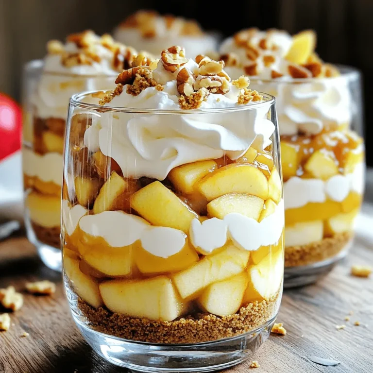 - 2 cups apple pie filling (store-bought or homemade) - 1 cup heavy cream - 1/4 cup powdered sugar - 1 teaspoon vanilla extract - 1 teaspoon ground cinnamon - 1 cup crushed graham crackers - 1/2 cup chopped walnuts (optional) - Fresh apple slices for garnish - Additional whipped cream (store-bought or homemade) for layering For the whipped cream, you need heavy cream. If you want a lighter option, use half-and-half. The powdered sugar adds sweetness. You can swap it with regular sugar if you prefer. For the apple pie filling, use homemade or a good store brand. They both work well. The cinnamon enhances flavor. You can try nutmeg for a twist. You can add chopped walnuts for crunch. If you want to skip nuts, use toasted coconut instead. For extra flavor, try adding a splash of caramel sauce between layers. If you love a fruity twist, include fresh berries with the apple slices. This makes your parfait unique and fun! To whip the cream, start with a clean mixing bowl. Add the heavy cream, powdered sugar, and vanilla extract. Using a hand mixer, whip the mixture on medium speed. Watch closely as soft peaks form. You want it light and fluffy, so avoid overwhipping. It should hold its shape but not be too stiff. In a small bowl, combine the crushed graham crackers with ground cinnamon. Mix well to spread the cinnamon evenly. This adds a warm flavor that pairs perfectly with the apple pie filling. Set this mixture aside for later use. It will create a nice base in the parfaits. Choose clear serving glasses or bowls. These will show off your layers. Start with a layer of the cinnamon graham cracker mixture at the bottom. Next, add a generous spoonful of apple pie filling, spreading it evenly. Then, dollop a layer of whipped cream on top. Repeat this process until you fill the glass. Finish with a lovely dollop of whipped cream at the top. For garnish, you can sprinkle chopped walnuts on top if you like. Fresh apple slices make a beautiful finishing touch. They add color and freshness. Once garnished, place the parfaits in the refrigerator for at least 30 minutes. This chilling time helps the flavors blend. Enjoy your delicious creation! To make fluffy whipped cream, start with cold heavy cream. Cold cream whips better, giving you a light texture. Add powdered sugar and vanilla to sweeten the cream. Mix on medium speed until soft peaks form. Be careful! Overwhipping makes the cream grainy. Stop mixing right when you see fluffy peaks. One common mistake is using warm cream. Warm cream won't whip well. Another mistake is overwhipping. This can lead to butter instead of cream. Avoid skipping the chilling step. Chilling the parfaits helps flavors blend. Finally, be sure to layer evenly. Uneven layers can make the parfaits hard to enjoy. Use clear glasses for serving. This shows off the beautiful layers. Top each parfait with a generous dollop of whipped cream. A sprinkle of cinnamon adds a lovely touch. For a fun twist, add chopped walnuts on top. Fresh apple slices also make a great garnish. Serve with a cute spoon for a special touch. {{image_4}} You can switch up the filling to create new tastes. Try using cherry pie filling for a tart twist. Peach pie filling brings a sweet and juicy flavor. For a fun seasonal option, use pumpkin pie filling in fall. Each fruit offers a unique flavor that pairs well with whipped cream. Instead of crushed graham crackers, mix it up with crushed cookies. Oreo cookies add a rich chocolate flavor. Shortbread cookies provide a buttery base. You can even use nuts for a crunchier texture. Each crust type will change the overall taste and texture of the parfaits. Making a vegan version of these parfaits is simple. Use coconut cream instead of heavy cream. It whips up well and tastes great. Opt for maple syrup or agave instead of powdered sugar for sweetness. Use dairy-free pie filling or make your own with fresh fruit. This way, everyone can enjoy a delicious treat! To store your parfaits, keep them in the fridge. Use airtight containers or cover them with plastic wrap. This keeps the parfaits fresh and tasty. Avoid stacking them to prevent spills. Always store the parfaits in the original serving glasses if you can, as it helps maintain their lovely look. These parfaits last about 2 to 3 days in the refrigerator. After this time, the flavors may start to fade. If you notice any changes in smell or texture, it’s best to discard them. Remember, the fresher, the better! You do not need to reheat these parfaits. They are best served cold. If they seem a bit flat, you can whip some extra cream to refresh the layers. Just add the new whipped cream on top for a light and airy touch. Enjoy your delicious dessert! Yes, you can make these parfaits ahead of time. Prepare them up to a day before serving. Just layer the ingredients in your glasses and store them in the fridge. This helps the flavors blend well. Just add your garnishes right before serving for the best look. If you want to avoid heavy cream, you have options. You can use coconut cream for a dairy-free version. Another choice is to use whipped topping. Both will give you a nice, fluffy texture. Your parfaits will still taste great with these substitutes. To make gluten-free parfaits, use gluten-free graham crackers. Many brands offer gluten-free options that work well. Just check the label to ensure they fit your needs. This way, everyone can enjoy your delicious dessert. Freezing these parfaits is not the best idea. The whipped cream and apple filling may not freeze well. They can lose their texture and flavor. Instead, enjoy them fresh or chilled for the best taste and experience. In this blog post, we explored making Apple Pie Whipped Cream Parfaits. You learned about key ingredients, measurements, and how to customize your recipe. I shared step-by-step instructions for whipping cream, layering, and serving. We covered tips for perfecting your parfaits and variations for different tastes. These treats are fun to make and easy to store. Try them today!