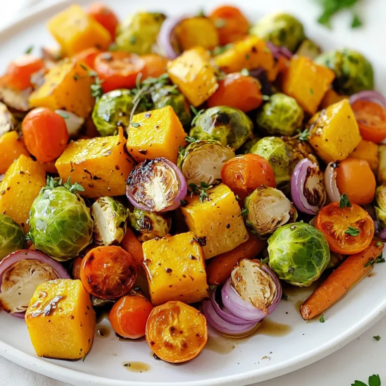 - 1 medium butternut squash, peeled, seeded, and cut into 1-inch cubes - 2 cups Brussels sprouts, trimmed and halved lengthwise - 2 large carrots, sliced into thin rounds (about 1/4 inch thick) - 1 medium red onion, cut into wedges - 1 cup cherry tomatoes, halved - 1/4 cup balsamic vinegar - 3 tablespoons extra virgin olive oil - 2 tablespoons pure maple syrup - 1 teaspoon dried thyme - 1 teaspoon garlic powder - Salt and freshly ground black pepper to taste - Fresh parsley, finely chopped for garnish These ingredients combine to create a colorful and tasty dish. The butternut squash adds a sweet and nutty flavor. Brussels sprouts bring a nice crunch and a bit of bitterness. Carrots add a natural sweetness. Red onion gives a touch of sharpness, while cherry tomatoes burst with juiciness. The balsamic vinegar is key for a tangy kick. Extra virgin olive oil ensures the veggies roast nicely. Pure maple syrup sweetens the mix and balances the flavors. Dried thyme adds an earthy note, and garlic powder gives warmth. Salt and pepper enhance every bite. Finally, fresh parsley brightens the dish and makes it look inviting. When you gather these ingredients, think about how they will come together in the oven. Each one plays a role in making this dish a fall favorite. Whether you are hosting a dinner or just cooking for yourself, these ingredients will shine. 1. Preheat your oven to 425°F (220°C). Line a large baking sheet with parchment paper for easy cleanup. 2. Get your veggies ready. Cut the butternut squash into 1-inch cubes. Trim and halve the Brussels sprouts. Slice the carrots into thin rounds. Cut the red onion into wedges. Halve the cherry tomatoes. 3. In a separate bowl, whisk together 1/4 cup balsamic vinegar, 3 tablespoons extra virgin olive oil, 2 tablespoons pure maple syrup, 1 teaspoon dried thyme, 1 teaspoon garlic powder, and a sprinkle of salt and pepper. 4. Drizzle the balsamic dressing over the veggies. Toss gently to coat each piece well. 5. Spread the veggies in a single layer on the lined baking sheet. This helps them roast evenly. 1. Place the baking sheet in the preheated oven. Roast the veggies for 25-30 minutes. 2. Halfway through, toss the veggies with a spatula to promote even browning. 3. When they are tender and caramelized, remove the sheet from the oven. 1. Let the veggies cool for a few minutes. This enhances the flavors. 2. Just before serving, sprinkle with finely chopped fresh parsley for color. 3. Serve the roasted veggies in a large, shallow bowl. A light drizzle of balsamic glaze on top looks great. Even spreading of the veggies is key. When you place the vegetables on the baking sheet, make sure they lie flat. This helps them roast well. If they sit on top of each other, they will steam instead of roast. Toss the veggies halfway through cooking. This step promotes even browning. Use a spatula to turn them gently. This keeps them intact while helping them cook evenly. You can change the herbs and spices to fit your taste. Try rosemary or oregano instead of thyme. Each herb gives the dish a different flavor. Adding balsamic glaze at the end boosts the taste. It adds a sweet, tangy finish. Just drizzle it over the veggies before serving for a nice touch. I recommend using a heavy-duty baking sheet. A thicker sheet helps distribute heat evenly. This prevents burning and ensures even cooking. Line your baking sheet with parchment paper. It makes cleanup simple and helps the veggies not stick. You can enjoy this dish without worrying about a messy kitchen! {{image_4}} You can switch up the veggies to keep things fresh. Try adding sweet potatoes, parsnips, or cauliflower. These veggies roast well and add different tastes. You can also use seasonal greens like kale or spinach. They bring a nice touch to your dish. Using root vegetables adds a hearty feel. They are rich and sweet. Carrots work great, but you can also try beets or turnips. These veggies pair well with balsamic flavors. Each swap changes the dish just enough to keep it exciting. This recipe can fit many diets. For a vegan option, skip the maple syrup and use agave instead. You can also use coconut aminos for a soy-free option. To make it gluten-free, ensure your balsamic vinegar is certified gluten-free. If you want a low-carb dish, cut out the carrots and use zucchini instead. To add more sweetness, increase the maple syrup or add a touch of honey. For a spicy kick, mix in some red pepper flakes. These changes help meet different needs while keeping it tasty. You can also cook these veggies in an air fryer. Set the temperature to 375°F (190°C) and cook for about 15-20 minutes. Shake the basket halfway through to ensure even cooking. If you prefer grilling, toss the veggies in a grill basket. Cook them over medium heat for about 10-15 minutes. Stir often to avoid burning. For stovetop cooking, sauté the veggies in a large pan. Use a bit of olive oil. Cook on medium heat until they are tender, about 15 minutes. This method gives a nice caramelization. Each method brings out different flavors and textures in your dish. Let your veggies cool to room temp first. This helps keep them fresh. After cooling, place the veggies in airtight containers. This choice keeps moisture out and flavors in. You can also use freezer bags. They save space and make it easy to grab portions. For the best taste, reheat in the oven. Set it to 350°F (175°C) for about 10-15 minutes. This keeps the veggies crispy. You can also use the microwave. If you do, check every 30 seconds to avoid sogginess. Adding a splash of water helps keep the veggies moist. To freeze, prepare your veggies first. Cut and roast them as you normally would. Let them cool completely before freezing. Use airtight containers or freezer bags. When you're ready to eat, thaw them in the fridge overnight. Reheat in the oven to restore the texture. To cut butternut squash, start by peeling it. Use a sharp vegetable peeler. Cut off the ends. Then, slice the squash in half lengthwise. Scoop out the seeds with a spoon. Cut each half into 1-inch thick slices. Finally, cube the slices into 1-inch pieces. This method ensures even cooking and great texture. Yes, you can use other vinegars! Each type brings a unique taste. Apple cider vinegar adds a fruity twist. Red wine vinegar gives a deeper flavor. White wine vinegar is lighter and zestier. Experiment with these options to find your favorite. Just remember, the flavor will change slightly. Roasted veggies can last in the fridge for 3 to 5 days. Store them in an airtight container. If you plan to freeze them, they can last for up to 3 months. Just cool them completely before freezing. This helps keep their taste and texture. Absolutely! Adding proteins makes this dish more filling. Grilled chicken or turkey pairs well with roasted veggies. For a plant-based option, try chickpeas or tofu. You can also sprinkle some nuts for added crunch. This way, you can enjoy a balanced meal. This post covers how to make a delicious roasted vegetable dish using simple ingredients. You learned about the best veggies to use, how to prepare them, and tips for cooking. I shared variations to adapt the recipe for different diets and cooking methods. Remember, you can easily store leftovers and reheat them well. Enjoy experimenting with flavors and textures in your meals. Roasted veggies are both tasty and healthy, making them a great addition to any dish.