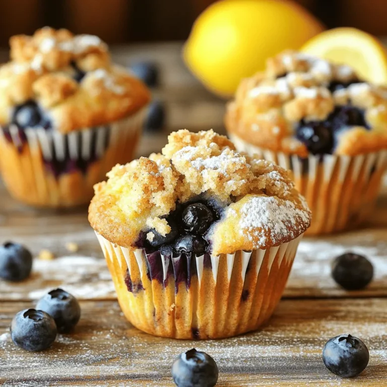 - 2 cups all-purpose flour - 1 cup fresh blueberries - 1/2 cup granulated sugar - 1/2 cup unsalted butter, melted - 2 large eggs - 1/2 cup milk or buttermilk - Zest of 1 lemon - 2 tablespoons fresh lemon juice - 1 tablespoon baking powder - 1/2 teaspoon sea salt - 1/4 teaspoon baking soda - 1/3 cup all-purpose flour - 1/4 cup granulated sugar - 1/4 cup brown sugar, packed - 1/4 cup unsalted butter, melted - 1/2 teaspoon ground cinnamon These ingredients make the best blueberry lemon crumb muffins. Each one plays a key role. The flour gives structure. The blueberries add a burst of flavor. The lemon zest and juice brighten the taste. For the crumb topping, the mix of sugars and butter creates a sweet, crunchy layer. The cinnamon adds warmth and depth. You can find fresh blueberries at local farmers' markets. They are juicier and sweeter. Make sure your butter is unsalted for better control over the muffin flavor. Using buttermilk gives the muffins a tender crumb. If you can't find it, regular milk works too. Gather these ingredients before you start. This way, you will have everything ready for your baking adventure! Start by preheating your oven to 375°F (190°C). This step is key for even baking. Prepare your muffin tin by lining it with paper liners or greasing it. This will help keep the muffins from sticking. In a medium bowl, mix together 1/3 cup of all-purpose flour, 1/4 cup of granulated sugar, 1/4 cup of brown sugar, melted butter, and 1/2 teaspoon of ground cinnamon. Use a fork or your fingers to blend until the mixture looks crumbly. Set this aside for later. In a large bowl, whisk together 2 cups of all-purpose flour, 1 tablespoon of baking powder, 1/2 teaspoon of sea salt, and 1/4 teaspoon of baking soda. Make sure these dry ingredients are well mixed. This helps the muffins rise nicely. In another bowl, whisk together the melted butter, 1/2 cup of granulated sugar, 2 large eggs, 1/2 cup of milk (or buttermilk), lemon zest, and fresh lemon juice. Mix until it is smooth and all ingredients are combined. Pour the wet mixture into the bowl with the dry ingredients. Stir gently just until combined. It's okay if the batter is a bit lumpy. This keeps the muffins light and fluffy. Carefully fold in 1 cup of fresh blueberries. Take care not to crush them. These berries will burst with flavor in every bite, adding a fresh taste to the muffins. Spoon the batter into the prepared muffin cups. Fill each cup about 2/3 full to allow for rising. Now, sprinkle the crumb topping generously over each muffin. Let some fall into the batter for added texture. Put the muffin tin in the preheated oven and bake for 20-25 minutes. They are done when the tops are golden brown. A toothpick should come out clean when inserted into the center. Once baked, remove the muffins from the oven. Let them cool in the tin for about 5 minutes. Then, transfer them to a wire rack to cool completely. This helps keep the texture just right before serving. To keep your muffins fluffy, avoid over-mixing the batter. Mix just until everything combines. A few lumps are okay! Over-mixing can make the muffins dense. Gentle hands lead to tender muffins. Using fresh blueberries gives the best flavor. If you use frozen berries, do not thaw them. Thawing can make them mushy. Add them straight from the freezer to the batter. This keeps them intact and juicy. Baking time can change based on where you live. If you are at a higher altitude, muffins may bake faster. Start checking for doneness a few minutes early. Look for golden tops and a clean toothpick. Adjust your oven temperature if needed. Every oven can be a bit different! {{image_4}} You can switch out the blueberries for other fruits. Raspberries, blackberries, or strawberries work well. Each fruit adds its unique taste. Try chopped peaches or apples for a fun twist. Just ensure the fruit is fresh for the best flavor. If you need gluten-free muffins, use a gluten-free flour blend. This will still give you a good rise. For a dairy-free option, replace the milk with almond or coconut milk. You can also use coconut oil instead of butter. These swaps keep the muffins tasty and friendly for everyone. You can spice up your muffins with extra flavor. Add a pinch of nutmeg or ginger for warmth. A splash of vanilla extract brightens each bite. Try mixing in lemon zest or orange zest for a citrus boost. These small changes can make a big difference in taste. Store your blueberry lemon crumb muffins at room temperature. Place them in an airtight container. This keeps them moist for up to three days. If you want to enjoy them fresh, you might cover them with a kitchen towel instead. This helps retain moisture while allowing them to breathe a bit. For long-term storage, freezing muffins works best. Allow the muffins to cool completely first. Wrap each muffin tightly in plastic wrap. Then, place them in a freezer-safe bag. They can last for up to three months in the freezer. When you're ready to eat, just thaw at room temperature or microwave for a quick treat. To warm your muffins, preheat your oven to 350°F (175°C). Place the muffins on a baking sheet. Heat them for about 10 minutes. You can also microwave them for about 15-20 seconds. This makes them warm and soft, just like fresh out of the oven! Muffins are done when they are golden brown on top. You can also check with a toothpick. Insert it into the center of a muffin. If it comes out clean, they are ready. Another sign is the muffins spring back when lightly touched. Yes, you can use frozen blueberries! Just toss them in a bit of flour first. This helps keep them from sinking to the bottom. Do not thaw them; add them directly to the batter. This keeps them plump and juicy. You can use regular milk mixed with vinegar or lemon juice. Combine 1/2 cup of milk with 1/2 tablespoon of vinegar. Let it sit for five minutes before using. Another option is plain yogurt mixed with water. This also works well in the recipe. You can make them healthier by using whole wheat flour instead of all-purpose flour. You can also reduce the sugar by a few tablespoons. Try using applesauce instead of some butter. This adds moisture while cutting down on fat. These muffins pair well with coffee or tea. You can also serve them with fresh fruit or yogurt. For a special touch, drizzle honey over them. They make a great snack or breakfast treat alongside a refreshing lemonade. You now have a full guide to making delicious blueberry lemon crumb muffins. We covered the key ingredients, step-by-step instructions, and helpful tips. You learned how to ensure fluffiness and the best ways to store your muffins. Remember, you can modify the recipe to fit your needs or preferences. These muffins are versatile and tasty. Whether you enjoy them fresh or frozen, they are sure to please. Get ready to impress friends and family with your baking skills!
