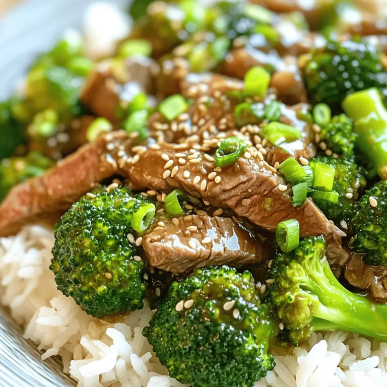 - 1 lb flank steak, thinly sliced against the grain - 3 cups fresh broccoli florets - 2 tablespoons vegetable oil - 3 cloves garlic, finely minced - 1 tablespoon fresh ginger, grated - 1/4 cup low-sodium soy sauce - 2 tablespoons oyster sauce - 2 tablespoons brown sugar - 1 tablespoon cornstarch - 1 teaspoon sesame oil - Cooked white rice or noodles - Sesame seeds for garnish - 2 green onions, finely sliced, for garnish This simple recipe is packed with flavor and is easy to make. You can find flank steak at most grocery stores. It cooks fast and tastes great when sliced against the grain. Broccoli adds a nice crunch. You can use fresh florets for the best taste. For the marinade, you mix soy sauce, oyster sauce, brown sugar, cornstarch, ginger, and sesame oil. This mix gives the beef a rich flavor. The brown sugar adds a hint of sweetness. Cornstarch helps thicken the sauce later. When serving, you can choose rice or noodles. Both options work well with this dish. The sesame seeds and green onions on top make it look nice and add extra flavor. Enjoy making this at home! - In a medium bowl, mix soy sauce, oyster sauce, brown sugar, cornstarch, ginger, and sesame oil. - Add thinly sliced flank steak to the bowl. Coat each piece well in the marinade. - Let the beef sit for 15 minutes. This helps the meat soak up the flavors. - Fill a pot with water and bring it to a rolling boil. - Add the fresh broccoli florets to the boiling water. Blanch for about 2 minutes. - When the broccoli is bright green and slightly tender, drain it in a colander. Set it aside. - In a large skillet, heat 1 tablespoon of vegetable oil over high heat. - Add the marinated beef in a single layer. Cook for 2-3 minutes, stirring occasionally. - Once the beef is browned, remove it from the skillet and set it aside on a plate. - In the same skillet, add the other tablespoon of vegetable oil. - Add minced garlic and sauté for about 30 seconds, stirring to keep it from burning. - Return the cooked beef to the skillet with the garlic. - Add the blanched broccoli to the skillet. Pour in beef broth. - Toss everything together and let it simmer for 3-5 minutes. Stir occasionally until the sauce thickens. - Serve the beef and broccoli over cooked white rice or noodles. - Garnish the dish with sesame seeds and finely sliced green onions. Enjoy the flavors! High heat is key for browning your beef. This step gives your dish great flavor and texture. Start by making sure your skillet or wok is very hot. When the oil shimmers, add your beef in a single layer. This helps it sear well. Don't crowd the pan, or your beef will steam instead of brown. The perfect crunch in broccoli comes from proper blanching. Bring a pot of water to a rolling boil. Add your broccoli florets for about 2 minutes. They should turn bright green and be slightly tender but still crisp. Drain them right away to stop the cooking process. This keeps the broccoli vibrant and crunchy. To elevate the taste of your beef and broccoli, consider adding extra spices. A pinch of red pepper flakes adds heat. You could also drizzle a bit of hoisin sauce for sweetness. Experiment with flavors like sesame seeds or fresh herbs like cilantro. These touches can make your dish truly shine! {{image_4}} You can make this dish even better by adding more veggies. Try using bell peppers. They add color and sweetness. Carrots are also great. Slice them thin for a nice crunch. Snap peas work well, too. They bring a fresh taste and a pop of green. Mixing in these veggies makes your meal healthier and more colorful. If you want to switch things up, try different proteins. Chicken is a good choice. Use thin slices just like the beef. Tofu is a great option for a plant-based meal. It soaks up the flavors well. Shrimp cooks quickly and adds a nice seafood twist. Each protein gives a new taste to this classic dish. For those who need a gluten-free meal, there are easy swaps. Instead of regular soy sauce, use gluten-free soy sauce. It tastes similar and works well in the dish. You can also find gluten-free oyster sauce. These changes keep the flavor while making it safe for everyone to enjoy. To store your beef and broccoli, let it cool first. Place leftovers in an airtight container. This keeps the dish fresh and tasty for up to three days. Store it in the fridge. When ready to eat, just check for any signs of spoilage. You can freeze this dish, too! Let it cool completely, then transfer to a freezer-safe container. Seal it tightly to avoid freezer burn. It can last up to three months. When ready to enjoy, thaw it in the fridge overnight before reheating. To reheat, use a skillet over medium heat. Add a splash of beef broth or water to keep it moist. Stir often until heated through. You can also use the microwave, but do it in short bursts. Cover the dish to hold in moisture. This way, your beef and broccoli stay flavorful and tender. Yes, you can use frozen broccoli. It saves time and is easy to find. Just remember that frozen broccoli may be softer than fresh. To use it, skip the blanching step. Instead, add the frozen broccoli directly to the pan when you combine everything. It will cook through in the sauce. You have many options! You can use sirloin, ribeye, or even ground beef. If you want a lighter protein, try chicken or tofu. Each option will change the taste a bit, but they will still be delicious. Just adjust cooking times based on what you choose. Leftovers can last in the fridge for about 3 to 4 days. Make sure to store them in an airtight container. If you want to keep them longer, you can freeze the dish. It will stay good in the freezer for about 2 to 3 months. When reheating, use low heat to keep the meat tender. This recipe showcases a simple way to make a delicious dish with flank steak and fresh broccoli. You can prepare it with easy steps, ensuring tasty results. Remember, marinating the beef adds flavor, and blanching the broccoli keeps it crisp. Whether you stick to the basics or try variations, this meal fits your needs. Enjoy your creation with rice or noodles, and don’t forget the garnish! Cooking can be fun and rewarding—give it a try!