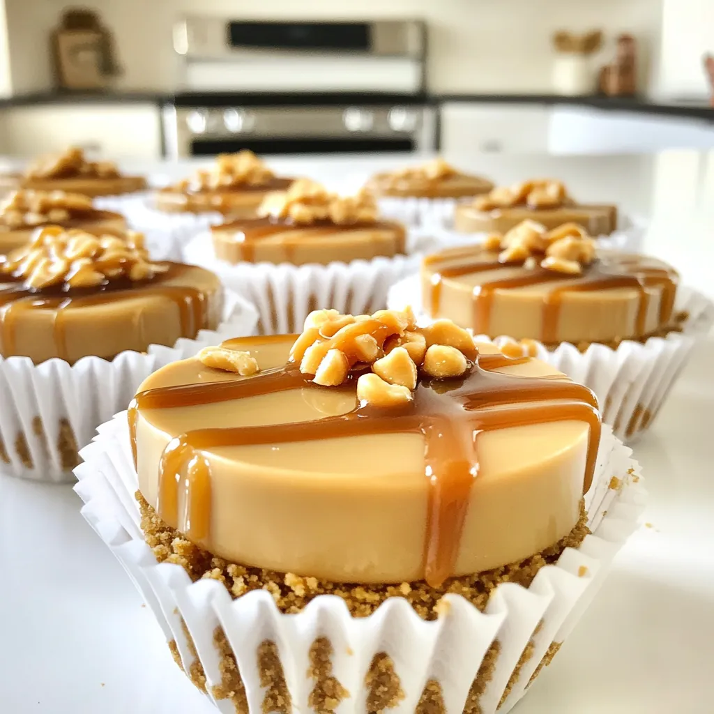 - 1 cup graham cracker crumbs - 1/4 cup unsalted butter, melted - 1/3 cup granulated sugar - 1/2 cup creamy peanut butter - 1 cup cream cheese, softened - 1 cup powdered sugar - 1 teaspoon vanilla extract - 1/2 cup whipped topping - 1/3 cup caramel sauce - Crushed peanuts for garnish - If you want to switch things up, try almond or cashew butter instead of peanut butter. They still give a nice flavor. - For a gluten-free crust, use gluten-free graham crackers or crushed nuts. - You can use dairy-free cream cheese and whipped topping for a dairy-free version. Just make sure they are suitable for your needs. These ingredients make the pie cups rich and creamy. The combination of peanut butter and caramel gives a sweet twist. Enjoy your baking adventure! To make the crust, start by combining the graham cracker crumbs, melted butter, and sugar in a large bowl. Mix well until the crumbs feel like wet sand. This ensures a good texture for the crust. Next, line a standard muffin tin with paper cupcake liners. Take the crust mixture and evenly distribute it into the bottom of each liner. Press down firmly to create a compact base. This step is key for a sturdy crust. Now, let’s move on to the filling. In a separate medium bowl, beat the softened cream cheese until it is smooth. I find using a hand mixer makes this easy. After it’s creamy, mix in the peanut butter, powdered sugar, and vanilla extract. Keep mixing until everything is well combined and fluffy. This is where the magic happens! Next, carefully fold in the whipped topping. This step gives the filling a light and airy texture. Then, spoon the peanut butter cream filling into the crusts. Smooth the tops with the back of a spoon. It should look inviting! Now, drizzle caramel sauce over each cup, allowing it to cascade down the sides. This adds a lovely touch. Finally, place the muffin tin in the refrigerator to set for at least 2 hours. Once they are firm to the touch, remove the muffin tin and peel off the cupcake liners. For a fun finish, sprinkle crushed peanuts over the top of each pie cup. This not only adds crunch but also makes them look amazing! To get the best texture for your peanut butter filling, use creamy peanut butter. It blends smoothly and helps create a light filling. Make sure your cream cheese is at room temperature. This step helps avoid lumps and keeps the filling fluffy. Chilling time is key. After you fill the cups, place them in the fridge for at least 2 hours. This allows the filling to firm up nicely. If you skip this step, your pie cups may fall apart when you serve them. For a stunning visual appeal, serve the pie cups on a decorative platter. Arrange them in a circle or a fun pattern. Drizzle extra caramel sauce around the base of the cups. This adds flair and entices your guests even more. Using garnishes effectively enhances the look. Sprinkle crushed peanuts on top of each pie cup. This adds a nice crunch and gives a rustic touch. You can also add a dollop of whipped topping on each cup for a creamy finish. {{image_4}} You can easily change this recipe to suit your taste. One fun way is by adding chocolate. You could mix in chocolate chips when you make the peanut butter filling. This gives the cups a rich and creamy taste. You can also drizzle some melted chocolate on top. It adds a nice touch and makes the cups even more tempting. Another idea is to use flavored toppings. Try adding crushed Oreos, sprinkles, or even fresh berries. Each topping gives a new taste and look. So feel free to get creative with what you have at home! If you want a vegan version, it is simple! Use coconut cream instead of cream cheese. Swap peanut butter with almond or cashew butter. You can also use maple syrup in place of granulated sugar. For the crust, try using crushed nuts or oats instead of graham crackers. For those watching their sugar intake, consider low-sugar alternatives. You can use a sugar substitute like stevia or erythritol. These options keep the pie cups sweet but lower in calories. Always check labels to ensure they fit your diet. Adjust the caramel sauce as well by choosing a low-sugar version. To keep your No-Bake Caramel Peanut Butter Pie Cups fresh, store them in the refrigerator. Place the pie cups in an airtight container. Make sure they are covered well. This helps them stay tasty for longer. You can also keep them in the muffin tin covered with plastic wrap. If you want to save them for later, freezing is a great option. Wrap each pie cup in plastic wrap, then place them in a freezer-safe bag. This will protect them from freezer burn. They can last up to three months in the freezer. When stored properly in the fridge, these pie cups last about five days. If you see any signs of spoilage, it’s best to throw them out. Look for changes in texture or an off smell. If the graham crust becomes soggy or the filling separates, those are signs they are past their prime. Always trust your senses when deciding if food is still good! Yes, you can make these pie cups ahead of time. They store well in the fridge. I suggest making them a day before your event. After they set, cover the muffin tin with plastic wrap. This keeps them fresh. You can also place them in an airtight container. They will last up to three days in the fridge. If you want a substitute for whipped topping, try freshly whipped cream. You can whip heavy cream until it’s fluffy. Another option is Greek yogurt for a tangy twist. Just keep in mind that this will change the taste slightly. For a dairy-free option, use coconut whipped cream. Each option gives a nice texture. To enhance the caramel taste, drizzle more caramel sauce on top. You can also mix a bit of caramel sauce into the filling. Adding a pinch of sea salt can boost the flavor too. If you love caramel, consider using caramel-flavored cream cheese. It brings a richer taste and makes it more decadent. You learned how to make tasty peanut butter pie cups with easy steps and tips. From the crust to the filling, each part is simple and fun. You can change up ingredients to fit your needs, like making it gluten-free or vegan. Store them correctly to keep them fresh longer. Enjoy these little pie cups at any event or snack time. With the right care, they can bring joy to your table. Try this recipe and share your thoughts on your creations!