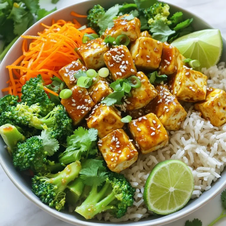- 1 block (14 oz) firm tofu - 3 tablespoons vegetable oil - 4 garlic cloves - 2 tablespoons soy sauce - 1 tablespoon chili paste - 1 tablespoon maple syrup - 1 cup broccoli florets - 1 medium carrot - 2 green onions - Fresh cilantro leaves - Sesame seeds - Lime wedges - 1 cup cooked jasmine rice In this recipe, the main star is firm tofu. It gives a great texture and absorbs flavors well. I love using vegetable oil for frying. It helps the tofu get nice and crispy. Garlic cloves add a strong, delicious taste. The soy sauce adds saltiness, while chili paste gives heat. Maple syrup balances the flavors with sweetness. For extra crunch and color, I add broccoli florets and shredded carrot. Green onions bring a fresh bite, and fresh cilantro brightens the dish. These veggies make your bowl more fun and healthy. When serving, sprinkle sesame seeds on top for added crunch. Lime wedges add a zesty kick. Finally, jasmine rice serves as a soft base for all the tasty toppings. Start by slicing the drained tofu into small cubes. This helps cook the tofu evenly. Use a paper towel to pat the cubes dry. This step removes excess moisture. Dry tofu gets crispy when fried. Next, sprinkle 2 tablespoons of cornstarch over the cubed tofu. Toss gently until each piece is well-coated. This coating gives the tofu a nice crunch when cooked. In a large non-stick skillet, heat 2 tablespoons of vegetable oil over medium-high heat. When the oil shimmers, add the tofu cubes in a single layer. Fry them for 5 to 7 minutes. Turn the cubes occasionally with a spatula. Cook until all sides are golden brown and crispy. Once done, remove the tofu from the skillet and set it aside on a plate. In the same skillet, add 1 tablespoon of oil and lower the heat to medium. Immediately add 4 finely minced garlic cloves. Sauté them for about 30 seconds until they are fragrant and golden. Be careful not to burn the garlic. Then, pour in 2 tablespoons of soy sauce, 1 tablespoon of chili paste, and 1 tablespoon of maple syrup. Stir well to combine. Let this mixture simmer for about a minute. The sauce will thicken and flavors will meld together. Gently return the crispy tofu to the skillet. Toss the tofu in the chili garlic sauce for 2 to 3 minutes. Ensure everything is heated through and well-coated. To assemble your bowls, start with a scoop of cooked jasmine rice. Layer the chili garlic tofu on top of the rice. Add vibrant steamed broccoli and crunchy shredded carrots. For garnish, sprinkle sliced green onions and fresh cilantro leaves on top. Don't forget sesame seeds for a nice crunch. Serve the bowls with lime wedges on the side. This adds a fresh burst of flavor when squeezed over the dish. To get crispy tofu, you must dry it well. After draining, press the tofu between paper towels. This helps remove extra moisture. Drier tofu fries better. For frying, use medium-high heat. When the oil shimmers, it is ready. Fry the tofu cubes for about 5-7 minutes. Turn them often until they are golden brown. This way, you achieve that crunchy texture. You can customize the chili paste to fit your taste. If you like spice, add more chili paste. If you prefer it milder, use less. Start with one tablespoon and taste it. You can always add more if needed. This recipe allows you to balance the heat with other flavors. Serve your chili garlic tofu bowls in colorful bowls. This makes the meal look inviting. Layer the rice, tofu, and veggies artfully. For a pop of color, add green onions and cilantro on top. Use lime wedges on the side. They add a fresh squeeze of flavor. This not only enhances taste but also makes your dish visually appealing. {{image_4}} You can make this dish even more colorful by adding different vegetables. Try using bell peppers or snap peas for a fresh crunch. These veggies not only boost flavor but also add extra nutrients. You can add them during the last few minutes of cooking. This way, they stay crisp and bright. If you want a change from tofu, you can swap it for tempeh or chicken. Tempeh has a nutty flavor and adds great texture. Chicken is another excellent choice if you eat meat. Simply slice it into bite-sized pieces and cook it the same way as the tofu. Both options soak up the chili garlic sauce well. For those who prefer different grains, you can use quinoa or brown rice. Quinoa cooks fast and adds protein. Brown rice has a chewy texture and more fiber. Both grains work well with the chili garlic sauce. Adjust the cooking time according to the grain you choose, ensuring everything remains fluffy. To keep your Minute Chili Garlic Tofu Bowls fresh, store leftovers in an airtight container. This helps keep out air and moisture. Place the tofu and veggies in the same container with the rice. Make sure to cool the food to room temperature before sealing. You can store them in the fridge for up to three days. When it's time to eat your leftovers, reheating is easy. You can use a microwave or a stovetop. If using a microwave, place your bowl in for about 1-2 minutes. Stir halfway through to heat evenly. For the stovetop, add a splash of water in a pan over low heat. Stir gently until everything is warm. This keeps the tofu from getting too dry. If you want to save some for later, you can freeze these bowls. To do this, pack the tofu, rice, and veggies in a freezer-safe container. Make sure to leave some space for expansion. You can freeze them for up to three months. When ready to eat, thaw the bowl in the fridge overnight. After that, reheat using the methods above. This way, you can enjoy your tasty meal anytime! Frying tofu takes about 5-7 minutes. Start by heating your oil. Place the tofu cubes in a single layer. Cook them until they turn golden brown and crispy. Turn them occasionally with a spatula. This will help ensure all sides get that nice crunch. Yes, you can use frozen tofu! Freezing tofu changes its texture. It becomes spongy and absorbs more flavor. To use frozen tofu, thaw it first. Press it to remove excess water. Then, follow the same steps for coating and frying. This method can add an interesting twist to your dish. This recipe can be made gluten-free. Use tamari instead of soy sauce. Tamari is a gluten-free soy sauce alternative. It has a similar taste and works well in this recipe. Always check labels to ensure ingredients are gluten-free. You can make parts of this recipe in advance. Cook the tofu and store it in the fridge. Reheat it when ready to serve. However, for the best taste, cook the rice and veggies fresh. This keeps the meal vibrant and delicious. This post shared a simple, tasty recipe using firm tofu and fresh veggies. You learned how to prepare and cook crispy tofu, make a flavorful chili garlic sauce, and assemble a beautiful bowl. Remember, you can customize spice levels and swap proteins for variety. Use the storage tips for delicious leftovers. This dish is flexible, fun, and packed with flavor, perfect for any meal. Enjoy making it your own and impressing your friends and family!