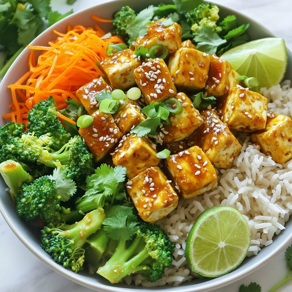 - 1 block (14 oz) firm tofu - 3 tablespoons vegetable oil - 4 garlic cloves - 2 tablespoons soy sauce - 1 tablespoon chili paste - 1 tablespoon maple syrup - 1 cup broccoli florets - 1 medium carrot - 2 green onions - Fresh cilantro leaves - Sesame seeds - Lime wedges - 1 cup cooked jasmine rice In this recipe, the main star is firm tofu. It gives a great texture and absorbs flavors well. I love using vegetable oil for frying. It helps the tofu get nice and crispy. Garlic cloves add a strong, delicious taste. The soy sauce adds saltiness, while chili paste gives heat. Maple syrup balances the flavors with sweetness. For extra crunch and color, I add broccoli florets and shredded carrot. Green onions bring a fresh bite, and fresh cilantro brightens the dish. These veggies make your bowl more fun and healthy. When serving, sprinkle sesame seeds on top for added crunch. Lime wedges add a zesty kick. Finally, jasmine rice serves as a soft base for all the tasty toppings. Start by slicing the drained tofu into small cubes. This helps cook the tofu evenly. Use a paper towel to pat the cubes dry. This step removes excess moisture. Dry tofu gets crispy when fried. Next, sprinkle 2 tablespoons of cornstarch over the cubed tofu. Toss gently until each piece is well-coated. This coating gives the tofu a nice crunch when cooked. In a large non-stick skillet, heat 2 tablespoons of vegetable oil over medium-high heat. When the oil shimmers, add the tofu cubes in a single layer. Fry them for 5 to 7 minutes. Turn the cubes occasionally with a spatula. Cook until all sides are golden brown and crispy. Once done, remove the tofu from the skillet and set it aside on a plate. In the same skillet, add 1 tablespoon of oil and lower the heat to medium. Immediately add 4 finely minced garlic cloves. Sauté them for about 30 seconds until they are fragrant and golden. Be careful not to burn the garlic. Then, pour in 2 tablespoons of soy sauce, 1 tablespoon of chili paste, and 1 tablespoon of maple syrup. Stir well to combine. Let this mixture simmer for about a minute. The sauce will thicken and flavors will meld together. Gently return the crispy tofu to the skillet. Toss the tofu in the chili garlic sauce for 2 to 3 minutes. Ensure everything is heated through and well-coated. To assemble your bowls, start with a scoop of cooked jasmine rice. Layer the chili garlic tofu on top of the rice. Add vibrant steamed broccoli and crunchy shredded carrots. For garnish, sprinkle sliced green onions and fresh cilantro leaves on top. Don't forget sesame seeds for a nice crunch. Serve the bowls with lime wedges on the side. This adds a fresh burst of flavor when squeezed over the dish. To get crispy tofu, you must dry it well. After draining, press the tofu between paper towels. This helps remove extra moisture. Drier tofu fries better. For frying, use medium-high heat. When the oil shimmers, it is ready. Fry the tofu cubes for about 5-7 minutes. Turn them often until they are golden brown. This way, you achieve that crunchy texture. You can customize the chili paste to fit your taste. If you like spice, add more chili paste. If you prefer it milder, use less. Start with one tablespoon and taste it. You can always add more if needed. This recipe allows you to balance the heat with other flavors. Serve your chili garlic tofu bowls in colorful bowls. This makes the meal look inviting. Layer the rice, tofu, and veggies artfully. For a pop of color, add green onions and cilantro on top. Use lime wedges on the side. They add a fresh squeeze of flavor. This not only enhances taste but also makes your dish visually appealing. {{image_4}} You can make this dish even more colorful by adding different vegetables. Try using bell peppers or snap peas for a fresh crunch. These veggies not only boost flavor but also add extra nutrients. You can add them during the last few minutes of cooking. This way, they stay crisp and bright. If you want a change from tofu, you can swap it for tempeh or chicken. Tempeh has a nutty flavor and adds great texture. Chicken is another excellent choice if you eat meat. Simply slice it into bite-sized pieces and cook it the same way as the tofu. Both options soak up the chili garlic sauce well. For those who prefer different grains, you can use quinoa or brown rice. Quinoa cooks fast and adds protein. Brown rice has a chewy texture and more fiber. Both grains work well with the chili garlic sauce. Adjust the cooking time according to the grain you choose, ensuring everything remains fluffy. To keep your Minute Chili Garlic Tofu Bowls fresh, store leftovers in an airtight container. This helps keep out air and moisture. Place the tofu and veggies in the same container with the rice. Make sure to cool the food to room temperature before sealing. You can store them in the fridge for up to three days. When it's time to eat your leftovers, reheating is easy. You can use a microwave or a stovetop. If using a microwave, place your bowl in for about 1-2 minutes. Stir halfway through to heat evenly. For the stovetop, add a splash of water in a pan over low heat. Stir gently until everything is warm. This keeps the tofu from getting too dry. If you want to save some for later, you can freeze these bowls. To do this, pack the tofu, rice, and veggies in a freezer-safe container. Make sure to leave some space for expansion. You can freeze them for up to three months. When ready to eat, thaw the bowl in the fridge overnight. After that, reheat using the methods above. This way, you can enjoy your tasty meal anytime! Frying tofu takes about 5-7 minutes. Start by heating your oil. Place the tofu cubes in a single layer. Cook them until they turn golden brown and crispy. Turn them occasionally with a spatula. This will help ensure all sides get that nice crunch. Yes, you can use frozen tofu! Freezing tofu changes its texture. It becomes spongy and absorbs more flavor. To use frozen tofu, thaw it first. Press it to remove excess water. Then, follow the same steps for coating and frying. This method can add an interesting twist to your dish. This recipe can be made gluten-free. Use tamari instead of soy sauce. Tamari is a gluten-free soy sauce alternative. It has a similar taste and works well in this recipe. Always check labels to ensure ingredients are gluten-free. You can make parts of this recipe in advance. Cook the tofu and store it in the fridge. Reheat it when ready to serve. However, for the best taste, cook the rice and veggies fresh. This keeps the meal vibrant and delicious. This post shared a simple, tasty recipe using firm tofu and fresh veggies. You learned how to prepare and cook crispy tofu, make a flavorful chili garlic sauce, and assemble a beautiful bowl. Remember, you can customize spice levels and swap proteins for variety. Use the storage tips for delicious leftovers. This dish is flexible, fun, and packed with flavor, perfect for any meal. Enjoy making it your own and impressing your friends and family!
