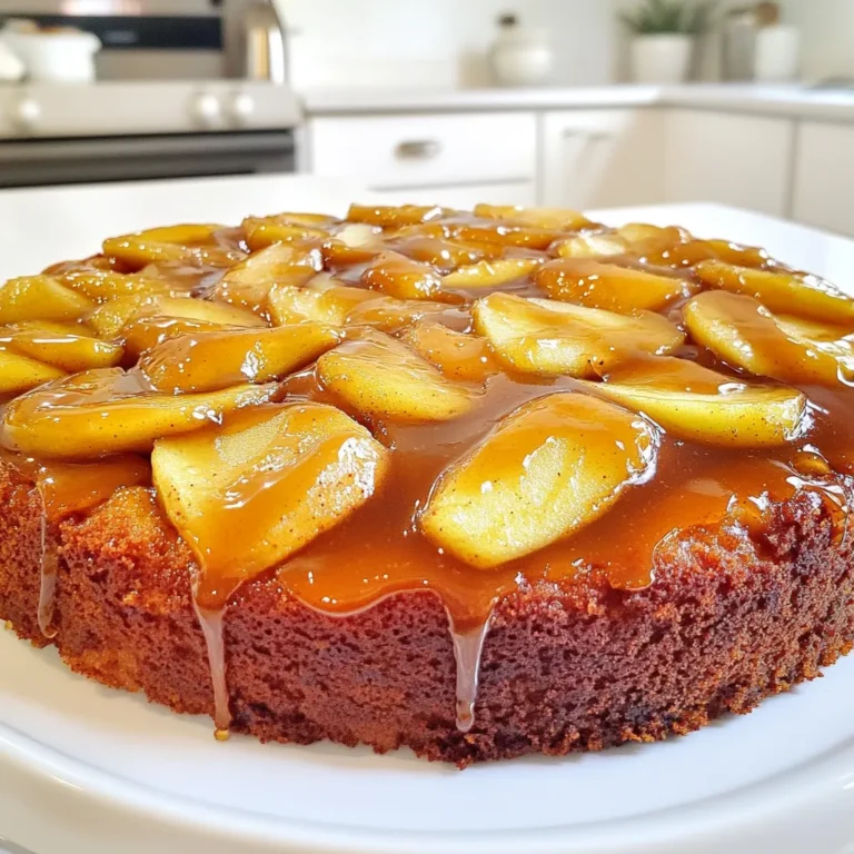 For the best Caramel Apple Upside Down Cake, gather these key ingredients: - 4 medium apples (e.g., Granny Smith or Honeycrisp), peeled and sliced - 1 cup packed brown sugar - 1/2 cup unsalted butter (1 stick), plus more for greasing - 1 teaspoon pure vanilla extract - 1 teaspoon ground cinnamon - 1 1/2 cups all-purpose flour - 1 1/2 teaspoons baking powder - 1/2 teaspoon fine salt - 3/4 cup granulated sugar - 3 large eggs, at room temperature - 1/2 cup whole milk, at room temperature Apples bring sweetness and tartness. Brown sugar adds depth to the caramel. Butter gives richness. Vanilla and cinnamon add warm flavors to the cake. You can try these optional ingredients to change things up: - Chopped nuts (like walnuts or pecans) for crunch - Dried fruits, like raisins or cranberries, for added sweetness - A splash of apple cider for extra apple flavor These additions can make your cake more exciting and unique. If you have dietary needs, here are some substitutions: - Use coconut oil instead of butter for a dairy-free option. - Swap all-purpose flour with almond flour for gluten-free needs. - Use egg replacements like flax eggs for a vegan option. These swaps help you enjoy the cake without worry. To start, preheat your oven to 350°F (175°C). This will ensure our cake bakes evenly. Next, take a medium skillet and melt 1/2 cup of unsalted butter over medium heat. Once melted, add 1 cup of packed brown sugar. Stir it continuously until it dissolves and begins to bubble. This takes about 2-3 minutes. Now, add the sliced apples, 1 teaspoon of pure vanilla extract, and 1 teaspoon of ground cinnamon. Stir everything well. Cook this mixture for 5-7 minutes. The apples should soften but still hold their shape. After that, remove the skillet from heat and let it cool slightly. In a medium bowl, whisk together 1 1/2 cups of all-purpose flour, 1 1/2 teaspoons of baking powder, and 1/2 teaspoon of fine salt. Set this aside for later. In a large mixing bowl, combine 3/4 cup of granulated sugar and the remaining 1/2 cup of softened butter. Beat them together with an electric mixer on medium speed. Mix until it looks light and creamy, which takes about 3-4 minutes. Add 3 large eggs one at a time, mixing well after each addition. Gradually pour in 1/2 cup of whole milk, stirring until it's well mixed. Slowly add the dry ingredients to the wet mixture. Use a spatula to gently combine. A few lumps are okay; don’t overmix. Now, it’s time to combine our layers. Grease a 9-inch round cake pan with butter. Pour the cooled apple mixture into the bottom of the pan. Spread it evenly, then arrange the apple slices in a circular pattern. Carefully pour the batter over the apples, spreading it evenly with a spatula. Place the cake in the preheated oven and bake for 30-35 minutes. To check if it's done, insert a toothpick into the center. It should come out clean or with just a few moist crumbs. Once baked, let the cake cool in the pan for about 10 minutes. Run a knife around the edges to loosen it. Place a serving plate upside down on top of the pan and flip it over. The apple layer will rest on top. Allow the cake to cool slightly before you slice and serve. For this cake, I love using Granny Smith or Honeycrisp apples. - Granny Smith: They are tart and hold their shape well. - Honeycrisp: They add sweetness and crunch. These apples balance the rich caramel flavor perfectly. To keep the bottom of your cake from getting soggy, follow these tips: - Cook the apples lightly: Only cook them until they soften a bit. - Use a non-stick pan: This helps the cake release better. - Cool slightly before flipping: Let the cake rest for 10 minutes. These steps keep the cake fluffy and light. Serve this cake warm or at room temperature for the best taste. Here are some fun serving ideas: - Top with whipped cream: This adds a creamy touch. - Pair with vanilla ice cream: The cold ice cream contrasts well. - Drizzle extra caramel sauce: This enhances the sweet flavor. These options make the cake even more tempting! {{image_4}} You can make your caramel apple cake even more special by adding nuts. Chopped walnuts or pecans add a great crunch. Just sprinkle them on top of the apples before pouring in the cake batter. The nuts will toast as the cake bakes, giving you a lovely texture and flavor. This small change makes a big difference. To make a gluten-free version, you can swap out the all-purpose flour. Use a 1:1 gluten-free flour blend instead. Make sure the blend contains xanthan gum for binding. This way, everyone can enjoy the cake without gluten. Follow the same steps for the recipe, and you will have a moist cake that tastes just as good. You can change up the fruits based on the season. In the fall, use pears or figs. In the summer, peaches or berries work well. Just slice them thinly and follow the same steps as with the apples. Each fruit brings its own unique flavor to the cake. This keeps your dessert fresh and fun all year round. Store leftover caramel apple upside down cake in an airtight container. This helps keep it fresh. Place the container in the fridge. The cake stays good for about three days. If you want to keep it longer, consider freezing it. To freeze the cake, let it cool completely first. Wrap it tightly in plastic wrap. Then, place it in a freezer-safe bag or container. Label it with the date. You can freeze it for up to three months. When you're ready to eat it, thaw it in the fridge overnight. To reheat, preheat your oven to 350°F (175°C). Place the cake on a baking sheet. Cover it loosely with foil. Heat for about 15-20 minutes, or until it's warm. You can also use the microwave. Heat a slice for about 30 seconds on high. Enjoy it warm for the best taste! Yes, you can use other fruits! Pears, peaches, or even berries work well. Just make sure they are ripe. Each fruit brings its own taste and texture. Experiment to find your favorite combo! Check the cake at 30 minutes. Insert a toothpick into the center. If it comes out clean or with a few moist crumbs, the cake is ready. Overbaking can dry it out, so keep an eye on it! This cake pairs well with whipped cream or vanilla ice cream. You can also add a drizzle of caramel sauce. For a twist, serve with a scoop of cinnamon ice cream. Enjoy it warm for the best taste! You learned how to make a tasty Caramel Apple Upside Down Cake. We discussed the key ingredients, step-by-step instructions, and helpful tips. You also discovered fun variations and how to store leftovers. This cake is simple and can fit many tastes. Whether you try nuts or go gluten-free, the choices are endless. Enjoy making this treat for yourself or loved ones. Happy baking!