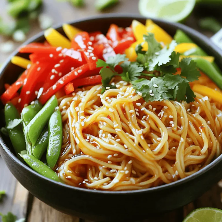 To make Sweet Chili Garlic Noodles, gather these key items: - 8 oz (225g) rice noodles - 3 tablespoons sweet chili sauce - 2 tablespoons soy sauce - 2 tablespoons sesame oil - 4 cloves garlic, finely minced - 1 tablespoon fresh ginger, finely grated - 1 cup mixed bell peppers (red, yellow, and green), cut into thin strips - 1 cup snap peas, trimmed and halved if large - 2 green onions, thinly sliced - 1 tablespoon sesame seeds, toasted if desired - Salt and freshly ground black pepper to taste - Fresh cilantro leaves for garnish (optional) You can add a personal touch to your dish with these optional ingredients: - Carrots, julienned for extra crunch - Broccoli florets for a green boost - Peanuts or cashews for a nutty flavor - Lime juice for a zesty kick - Chili flakes for added heat If you have dietary needs, consider these substitutions: - Use gluten-free soy sauce for a gluten-free version. - Swap rice noodles for zucchini noodles for a low-carb option. - Replace sesame oil with olive oil if you have a sesame allergy. - Use agave syrup instead of sweet chili sauce for a vegan option. These ingredients and substitutions give you a lot of room to play with flavors. You can make this dish fit your taste and dietary needs while keeping it simple and tasty. To start, soak the rice noodles in a large bowl of hot water for about 15 minutes. This softens them but keeps them firm, which is key. After soaking, drain the noodles and set them aside. This step is crucial for a great texture in your dish. Next, grab a large skillet or wok. Heat the sesame oil over medium heat. Add the minced garlic and grated ginger. Stir them often for about 30 seconds until they smell amazing. Be careful not to let them brown, as that can make them taste bitter. Then, toss in the sliced bell peppers and snap peas. Cook this mix for 2-3 minutes, stirring occasionally. You want the veggies to be tender and bright. Now, it’s time to bring it all together. Gently add the drained noodles to the skillet. Pour in the sweet chili sauce and soy sauce. Use tongs or a spatula to mix everything well. Make sure the noodles are fully coated with the sauce and mixed with the veggies. Stir-fry for another 2-3 minutes. This helps the flavors meld. Taste your noodles and add salt and freshly ground black pepper to your liking. Once everything is hot and flavorful, you're ready to serve. To make the best rice noodles, soak them in hot water. Use a large bowl for this. Let them sit for about 15 minutes. This helps them soften but keeps their texture. Drain the noodles well to remove excess water. This step is key to getting the right bite in your dish. Use sweet chili sauce to add a nice kick. It pairs well with soy sauce and sesame oil. Minced garlic and fresh ginger also boost the taste. Make sure to sauté these for just 30 seconds. This way, you get all the flavor without bitterness. Adjust salt and pepper to your liking. A dash of lime juice can brighten the overall taste, too. To serve the noodles, use deep bowls. This adds height and makes the dish pop. Top with sliced green onions and toasted sesame seeds. For a fresh touch, add cilantro leaves. You can also include lime wedges on the side. Guests will love squeezing lime over their noodles for extra flavor. This small detail makes a big difference in how it looks and tastes! {{image_4}} You can make sweet chili garlic noodles vegetarian or vegan easily. Simply swap the soy sauce for a gluten-free option if needed. Use plant-based sweet chili sauce to keep it vegan. You can add more veggies like mushrooms or carrots for extra flavor. If you want to add protein, try chicken, tofu, or shrimp. For chicken, cut it into bite-sized pieces and sauté with the garlic and ginger. For tofu, use firm tofu, cut it into cubes, and pan-fry until golden. Shrimp cooks quickly, so add it to the skillet after the veggies. Each protein option brings its own taste and texture to the dish. Feel free to mix and match your veggies! Zucchini, broccoli, or bok choy work well. You can also try adding baby corn or mushrooms for extra crunch. Use what you have in your fridge. This recipe is flexible, and you can adjust it to your taste. To store your sweet chili garlic noodles, let them cool first. Place them in an airtight container. You can keep them in the fridge for up to three days. Make sure to seal the container tightly to lock in flavors. When you are ready to eat leftovers, you can reheat them in two ways. Use a microwave for quick heating. Place the noodles in a bowl and cover it with a damp paper towel. Heat in short bursts of 30 seconds, stirring in between. Alternatively, you can use a skillet on medium heat. Add a splash of water or oil to prevent sticking. Stir until heated through, about 5 minutes. You can freeze sweet chili garlic noodles for later use. Place cooled noodles in freezer-safe bags. Remove as much air as possible before sealing. They can last in the freezer for up to three months. To reheat, let them thaw in the fridge overnight. Then, follow the reheating guidelines above. This way, you can enjoy your tasty dish anytime! Sweet chili sauce is a thick, sweet, and spicy sauce. It blends red chili peppers, sugar, vinegar, and garlic. You can find it in most grocery stores. Look in the Asian foods aisle or the condiment section. It often comes in bottles or jars. Yes, you can use many types of noodles. If you prefer wheat noodles, try egg noodles or udon. Rice noodles work best for this recipe, but feel free to get creative! Just be sure to adjust the cooking time for different noodles. Sweet chili garlic noodles have a mild heat. The sweet chili sauce adds flavor without being too spicy. If you like more heat, add red pepper flakes or a splash of hot sauce. Taste as you go to find your perfect spice level. These noodles pair well with many dishes. You can serve them with grilled chicken, shrimp, or tofu. A side of steamed veggies or a fresh salad complements the meal nicely. Consider adding lime wedges for a zesty touch! To add protein, you have several options. Try cooked chicken, shrimp, or tofu. You can stir-fry the protein with the garlic and ginger. Alternatively, you can serve the noodles topped with your choice of protein for a hearty meal. This blog post covered everything you need for sweet chili garlic noodles. We explored essential and optional ingredients, plus dietary swaps. I shared step-by-step instructions to cook the dish and included tips for flavor and presentation. You learned variations for different diets and protein options. Lastly, we discussed storage and reheating methods. Remember, you can adjust the recipe to fit your taste. Enjoy your cooking journey and have fun experimenting!